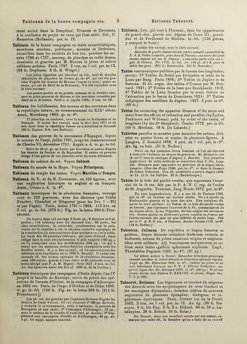 ment arrivé dans le Dauphiné, Vivarets et Cevennes, à la confusion du projet de ceux qui l’ont suivi. Col., P. Barsselon (Hollande), pet. in 12. Tableaux de la bonne compagnie ou traits caractéristiques, anecdotes secrètes, politiques, morales et littéraires, recueillies dans les sociétés du bon ton, pendant les an¬ nées 1786 et 1787, accomp. de planches en taille-douce, dessinées et gravées par M. Moreau le jeune et autres célèbres artistes. Paris 1787. 2 tom. en 1 vol. pet. in-12. (64 fr. Duplessis. 2 th. R. Weigel.) Le3 jolies vignettes qui décorent ce vol., sont, de simples réductions de planches de format gr. in- 4°. qui ont été gra¬ vées d’après les dessins de Moreau (voyez ce nom); quant au texte, qui est de Kétif de laBrétonne, il a été reproduit sous le titre suivant: Les petites parties et les grands costumes de la dernière cour, avec de jolies gravures de Moreau et des anecdotes recueillies par Rctif de la Bretonne, Paris s. d. (après 1789). 2 tom in-18. Tableaux des habillemens, des moeurs et des coutumes dans la republique batave, au commencement du XIX* siècle. Am&t., Maaskamp 1803. gr. in-4°. 17 planches en couleurs, avec le texte en hollandais et en français. Il existe des exempl. sous le titre daté 1811 et où aux mots dans la république batave on a substitué en Hollande (50 fr. Duriez- 9 fr. van Borlnut). Tableaux des guerres de la succession d’Espagne, depuis le combat de Carpi, juillet 1701, jusqu’au commencement de Charles VI, décembre 1711. Augsb. s. d. tr. gr. in-fol. Suite de 56 pl. gr. au burin par Corvinus et autres d’après les dessins de Decker et de Rtrgendas. Il existe un premier tirage d’une partie de ces planches avec un texte allemand. Tableaux du cabinet du roi. Voyez Cabinet. Tableaux du musée de la Haye. Voyez Principaux. Tableaux du temple des muses. Voyez Marolles et Temple. Tableaux du V. et du N. Testament, en 150 figures, avec une explication historique en anglais et en français. Amst., Ottens s. d. in-4°. Tableaux historiques de la révolution française, ouvrage orné de 222 gravures, avec des discours (par l’abbé Fauchet, Chamfort et Ginguené [pour les livr. 1 —25] et par Pagès). Paris, Auber 1791 —1804. 113 livr. en 3 vol. gr. in-fol. (678 fr.) Fig. av. la lettre 900 fr. Pixe- récourt. On trouve dans cet ouvrage 3 front, gr., 9 discours et 9 pl. prélim.; 144 tableaux avec les discours hist., 66 portr., les cinq constitutions, le concordat, proclamation sur la paix, voeux sur le consulat à vie, le sénatus-consulte organique de la constitution (le couronnement dans quelques ex.) et la table. Le texte des 80 premiers tableaux, qui parut d’abord, étant rédigé dans le sens révolutionnaire le plus exagéré (380 pp.), on l’a réimprimé avec des modifications (384 pp.) ce qui a ■causé que les amateurs recherchent les exemplaires avec les doubles textes. Il y a des exempl., où les souscriptions des tableaux sont imprimées en or (200 fr. Bearzi). Il existe une seconde éd. des mêmes tableaux de la révolution française, cont. 160 sujets, gravés à l’eau-forte et 65 portraits avec un texte abrégé (par P. A. M. Miger): Paris 1817. 2 tom. in-fol. Av. des épreuves usées des 234 pl. (300 rs. de la Cortina.) Tableaux historiques des campagnes d’Italie depuis l’an IV jusqu’à la bataille de Marengo; suivis du précis des opé¬ rations de l’armée d’Orient, de la campagne d’Allemagne en 1805 etc. Paris, de l’impr. d’Herhan et de Didot 1806. tr. gr. in-fol. (150 fr. Fig. av. la lettre 305 fr. [311 fr. Pixerécourt.j) Les pl. ont été gravées par Duplessis-Bertaux d'après les dessins de Carie Vernet. Ce vol. contient 1° 138 pp. de texte, y compris le couronnement, avec 2 tableaux, le portrait de Bonaparte et une carte; 2° Campagne d’Allemagne, 63 pp., avec le tableau de la bataille d’Austerlitz, pl. double; 3° Sup¬ plément aux campagnes d’Italie et d’Allemagne, 24 pp. av. 4 pl. Ce suppl. manque souvent. Tableaux, Les, qui sont à Florence, dans les appartemens du grand-duc, gravés aux dépens de Corne III, grand- duc et de Ferdinand de Médicis. in-fol. (156 pièces, y compris le front.) Il existe des exempl. sous le titre suivant: Raccolta di quadri dipinti dai più celebri pennelli e posseduti du S. A. R. Pietro Leopoldo, gran-duca di Toscana; una parte dei quali stanno esposti nel suo R. Patazzo, e una altra parte nella sua r. gall. di Pirenze. Fir. 1778. in-fol. Av. 148 pl. et 2 fif. pour la table des grav. (301 fr. Boutourlin. 201 fr. Bussche.) Tables astronomiques publiées par le bureau des longitudes; savoir: 1° Tables du Soleil par Delambre et table de la Lune par Burg. Paris 1806; 2° Tables de Jupiter et de Saturne. II éd. augm. des tables d’Uranus par M. Bou¬ vard. 1821 ; 3° Tables de la lune par Burckhardt. 1812. 4° Tables de la Lune formées par la seule théorie de l’attraction par le baron de Damoiseau 1824; 5° Tables écliptiques des satellites de Jupiter. 1837. 5 part. in-4°. (60 fr.) Tables for correcting the apparent distance of the mopn and stars from the effects of refraction and parallax (by Lydus, Parkinson and Williams) publ. by order of the coram. of longitude (by the Dr Shepherd). Cambr. 1772. pet. in-fol. (40 fr. Mechain. 18 fr. De Lalande.) Tablettes puériles et morales pour instruire les enfans, divi¬ sées en quatre livres et ornées de plusieurs figures. A Langres, J. Bourdot 1658. 4 part, en 1 vol. pet. in-8°. Av. fig. eu bois. (31 fr. Nodier.) Voici un des premiers livres français où l’on ait cherché k instruire l’enfance au moyen de gravures. Mr. Brunet le cite (à tort?) sons la rubrique A'Angers, J. Bourdot. Une première application de cette méthode se rencontre chez S. Gir, Lang¬ lois. Dialogues pour apprendre les principes de la langue latine. Langres, Jehan des P.reyz 1590. pet. in-4°. et dans le Compost de Jehan Tabourot. Une éd. antérieure a paru à Angers 1608. in-12. (6 fr. La Vallière 30 fr. Baudelocque.) Tableu de la bido del parfet crestia, que represento l’exer- cici de la fe etc. fait par le P. A. N. C. reg. de l’ordre de St. Augustin. Toulouzo, Jacq. Bondo 1673. pet. in-8°. En vers languedociens. Il y a une éd. de Toulouse 1703. pet. in-8°. où l’auteur est nommé Amilha. On y a ajoute un dictionnaire gascon et la note des airs. Une troisième éd. porte le titre suivant.: Le Tableu de la bido del parfet crestia en l> ers s es, que represento l'exercici de la Fe, acomnpuignndu de las bounos obros, de las Prégarios, del bon usatjet des sacromens etc. Ountan ajustât un dicliounari gascon explieat en froncez per iesc/arcissomen des mots les plus difficiles de nostro lengo. Fait per le P A. N. C. etc. A Toulouzo, Antoino Birosso 1759. in-8°. (19 fr. Nodier.) Taboetius, Julianus. De republica et lingua francica et gothica, deque diversis ordinibtis Galktrum vetustis et hodiernis, neenon de prima seuatuutn origine et magistra- tibus artis militaris: adj. francicarum antiquitatum et ur- bium sérié latino-gallicis aphorismis explicata. Lugd., Theobaldus Paganus 1559. in-4°. (67 pp.) Le même auteur a donné : Sabaudiae principum genealogia romanis versihus et latiali dialeclo in hisloticam synaxim digesla. Lugd. ap. Nie. Edourdum 1560. in-4°., traduit en-prose et en vers héroïques français par P. T. A (Pierre Trehedam, an¬ gevin) /.yon chez Nie. Édouard 1560. in-4°. (36 pp.) Pour ses autres écrits voir Nicéron T. XXXVIII. et Liron, Singul. hist, T. I. p. 425. Tabourot, Estienne. Les bigarrures et touches du seigneur des Accords avec les apophthegmes du sieur Gaulard et les escraignes dijonnoises; dernière édition de nouveau augmentée de plusieurs épitaphes, dialogues et in¬ génieuses équivoques. Paris, Cotinet (ou de la Coste) 1662. 2 tom. en 1 vol. pet. in - 12. Av. fig. (30 fr. Ma- zoyer. 8 fr. Du Fay. 3 fr. 2 c. Filheul. 60 fr. 50 c. La- bédoyère. 28 fr. Butscli. 50 fr. Solar.) Mr. Brunet, dans son excellent article sur cet auteur, er- marque que cette éd., la dernière qu’on a faite de ce recueil