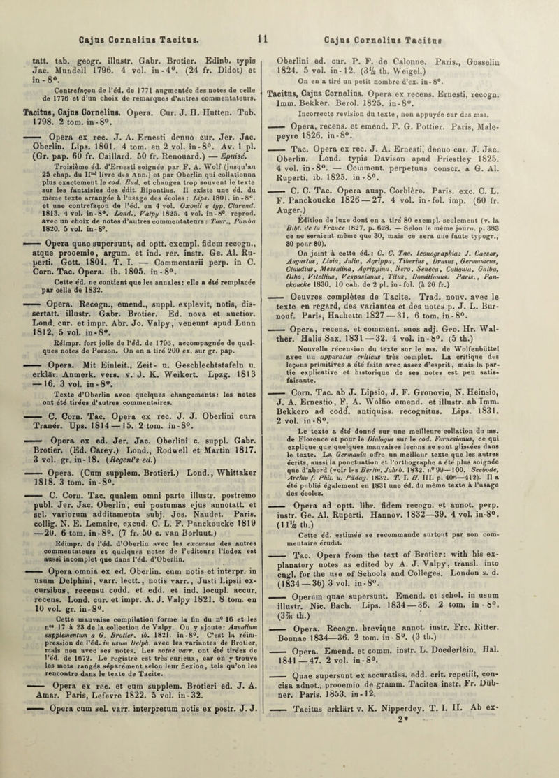 tatt. tab. geogr. illustr. Gabr. Brotier. Edinb. typis Jac. Mundeil 1796. 4 vol. in-4°. (24 fr. Didot) et in - 8°. Contrefaçon de l’éd. de 1771 augmentée des notes de celle de 1775 et d’un choix de remarques d’autres commentateurs. Tacitns, Cajus Cornélius. Opéra. Car. J. H. Hutten. Tub. 1798. 2 tom. in - 8°. . Opéra ex rec. J. A. Ernesti denno cur. Jer. Jac. Oberlin. Lips. 1801. 4 tom. en 2 vol. in -8°. Av. 1 pl. (Gr. pap. 60 fr. Caillard. 50 fr. Renouard.) — Epuisé. Troisième e'd. d’Ernesti soignée par F. A. Wolf (jusqu’au 25 chap. du IIn<1 livre dts Ann.) et par Oberlin qui collationna plus exactement le cod. Sud. et changea trop souvent le texte sur les fantaisies des édit. Bipontius. Il existe une éd. du même texte arrangée à l’usage des écoles: Lips. 1801. in-8°. et une contrefaçon de l’e'd. en 4 vol. Oxonii e typ. Clarend. 1813. 4 vol. in-8°. Lond., Valpy 1825. 4 vol. in-8°. reprod. avec un choix de notes d’autres commentateurs : Taur., Pumba 1820. 5 vol. in-8°. —— Opéra quae supersunt, ad optt. exempl. fidem recogn., atque prooemio, argum. et ind. rer. instr. Ge. Al. Ru- perti. Gott. 1804. T. I. — Commentarii perp. in C. Corn. Tac. Opéra, ib. 1805. in-8°. Cette éd. ne contient que les annales: elle a été remplacée par celle de 1832. —Opéra. Recogn., emend., suppl. explevit, notis, dis¬ serta». illustr. Gabr. Brotier. Ed. nova et auctior. Lond. cur. et impr. Abr. Jo. Valpy, veneunt apud Lunn 1812. 5 vol. in -8°. Réimpr. fort jolie de l’éd. de 1795, accompagnée de quel¬ ques notes de Porson. Ou en a tiré 200 ex. sur gr. pap. —— Opéra. Mit Einleit., Zeit- u. Geschlechtstafeln u. erklàr. Anmerk. vers. v. J. K. Weikert. Lpzg. 1813 — 16. 3 vol. in - 8°. Texte d’Oberlin avec quelques changements: les notes ont été tirées d’autres commentaires. - C. Corn. Tac. Opéra ex rec. J. J. Oberlini cura Tranér. Ups. 1814 — 15. 2 tom. in-8°. —■ — Opéra ex ed. Jer. Jac. Oberlini c. suppl. Gabr. Brotier. (Ed. Carey.) Lond., Rodwell et Martin 1817. 3 vol. gr. in-18. (Regenl's ed.) — Opéra. (Cum supplem. Brotieri.) Lond., Whittaker 1818. 3 tom. in-8°. - C. Coru. Tac. qualem omni parte illustr. postremo publ. Jer. Jac. Oberlin, cui postumas ejus annota», et sel. variorum additamenta subj. Jos. Naudet. Paris, collig. N. E. Lemaire, excud. C. L. F. Panckoucke 1819 — 2(J. 6 tom. in-8°. (7 fr. 50 c. van Borluut.) Réimpr. de l’éd. d’Oberlin avec les excursus des autres commentateurs et quelques notes de l’editeur: l’index est aussi incomplet que dans l’éd. d’Oberlin. — Opéra omnia ex ed. Oberlin. cum notis et interpr. in usum Delphini, varr. leett., notis varr., Justi Lipsii ex- cursibus, recensu codd. et edd. et ind. locupl. accur. recens. Lond. cur. et impr. A. J. Valpy 1821. 8 tom. en 10 vol. gr. in-8°. Cette mauvaise compilation forme la fin du n° 16 et les nos 17 k 23 de la collection de Valpy. Ou y ajoute: Annalium supplementiun a G. Brotier. ib. 1821. in-8°. C’est la réim¬ pression de l’éd. in usum Delpll. avec les variantes de Brotier, mais non avec ses notes. Les nutae varr. ont été tirées de l’éd. de 1672. Le registre est très curieux, car on y trouve les mots rangés séparément selon leur flexion, tels qu’on les rencontre dans le texte de Tacite. -- Opéra ex rec. et cum supplem. Brotieri ed. J. A. Amar. Paris, Lefevre 1822. 5 vol. in-32. —— Opéra cum sel. varr. interpretum notis ex postr. J. J. Oberlini ed. cur. P. F. de Calonne. Paris., Gosselin 1824. 5 vol. in-12. (3% th. Weigel.) On en a tiré un petit nombre d’ex, in-8°. Tacitns, Cajus Cornélius. Opéra ex recens. Ernesti, recogn. Imm. Bekker. Berol. 1825. in-8°. Incorrecte révision du texte, non appuyée sur des mss. - Opéra, recens, et emend. F. G. Pottier. Paris, Male- peyre 1826. in-8°. - Tac. Opéra ex rec. J. A. Ernesti, denuo cur. J. Jac. Oberlin. Lond. typis Davison apud Priestley 1825. 4 vol. in-8°. — Comment, perpetuus conscr. a G. Al. Ruperti. ib. 1825. in-8°. - C. C. Tac. Opéra ausp. Corbière. Paris, exc. C. L. F. Panckoucke 1826 — 27. 4 vol. in-fol. imp. (60 fr. Auger.) Édition de luxe dont on a tiré 80 exempl. seulement (v. la Bibl. de lu France 1827. p. 628. — Selon le même journ. p. 383 ce ne seraient même que 30, mais ce sera une faute typogr., 30 pour 80). On joint à cette éd. : C. C. Tac. Iconographia: J. Caesar, Augustus, Lioia, Julia, Agrippa, Tiberius, Dr us us, Gennunicus, Cluudius, Messalina, Agrippina, Nero, Seneca, Catigu/a, Galba, Ol/io, FitelHus, Pespasianus, Titus, Domitianus. Paris., Pan¬ ckoucke 1830. 10 cah. de 2 pl. in - fol. (à 20 fr.) —— Oeuvres complètes de Tacite. Trad. nouv. avec le texte en regard, des variantes et des notes p. J. L. Bur- nouf. Paris, Hachette 1827 — 31. 6 tom. in-8°. -Opéra, recens, et comment, suos adj. Geo. Hr. Wal- ther. Halis Sax. 1831—32. 4 vol. in-6°. (5 th.) Nouvelle récen<ion du texte sur le ms. de Wolfenbüttel avec un appuratus criticus très complet. La critiqne des leçous primitives a été faite avec assez d’esprit, mais la par¬ tie explicative et historique de ses notes est peu satis¬ faisante. — Corn. Tac. ab J. Lipsio, J. F. Gronovio, N. Heinsio, J. A. Ernestio, F. A. Wolfio emend. et illustr. ab Imm. Bekkero ad codcf. antiquiss. recognitus. Lips. 1831. 2 vol. in - 8°. Le texte a été donné sur une meilleure collation du ms. de Florence et pour le Dialogus sur le cod. Farnesianus, ce qui explique que quelques mauvaises leçons se sont glissées dans le texte. La Germania offre un meilleur texte que les autres écrits, aussi la ponctuation et l’orthographe a été plus soignée que d’abord (voir les Berlin. Juhrb. 1832. n° 99— 100. Seebode, Arc/iiv f. Ptdl. u. Pâduy. 1832. T. I. H. III. p. 405—412). Il a été publié également en 1831 une éd. du même texte à l’usage des écoles. . — Opéra ad optt. libr. fidem recogn. et annot. perp. instr. Ge. Al. Ruperti. Hannov. 1832—39. 4 vol. in-8°. (11% th.) Cette éd. estimée se recommande surtout par son com¬ mentaire érudit. - Tac. Opéra from the text of Brotier: with bis ex- planatory notes as edited by A. J. Valpy, transi, into engl. for the use of Schools and Colleges. London s. d. (1834 — 36) 3 vol. in-8°. ■ Opernm quae supersunt. Emend. et schol. in usum illustr. Nie. Bach. Lips. 1834 — 36. 2 tom. in - 8°. (37s th.) __Opéra. Recogn. brevique annot. instr. Frc. Ritter. Bonnae 1834—36. 2 tom. in-8°. (3 th.) - Opéra. Emend. et comm. instr. L. Doederlein. Hal. 1841—47. 2 vol. in-8°. _ Quae supersunt ex accuratiss. edd. crit. repetiit, con- cisa adnot., prooemio de grarnm. Tacitea instr. Fr. Düb- ner. Paris. 1853. in-12. - Tacitus erkliirt v. K. Nipperdey. T. I. IL Ab ex- 2 *