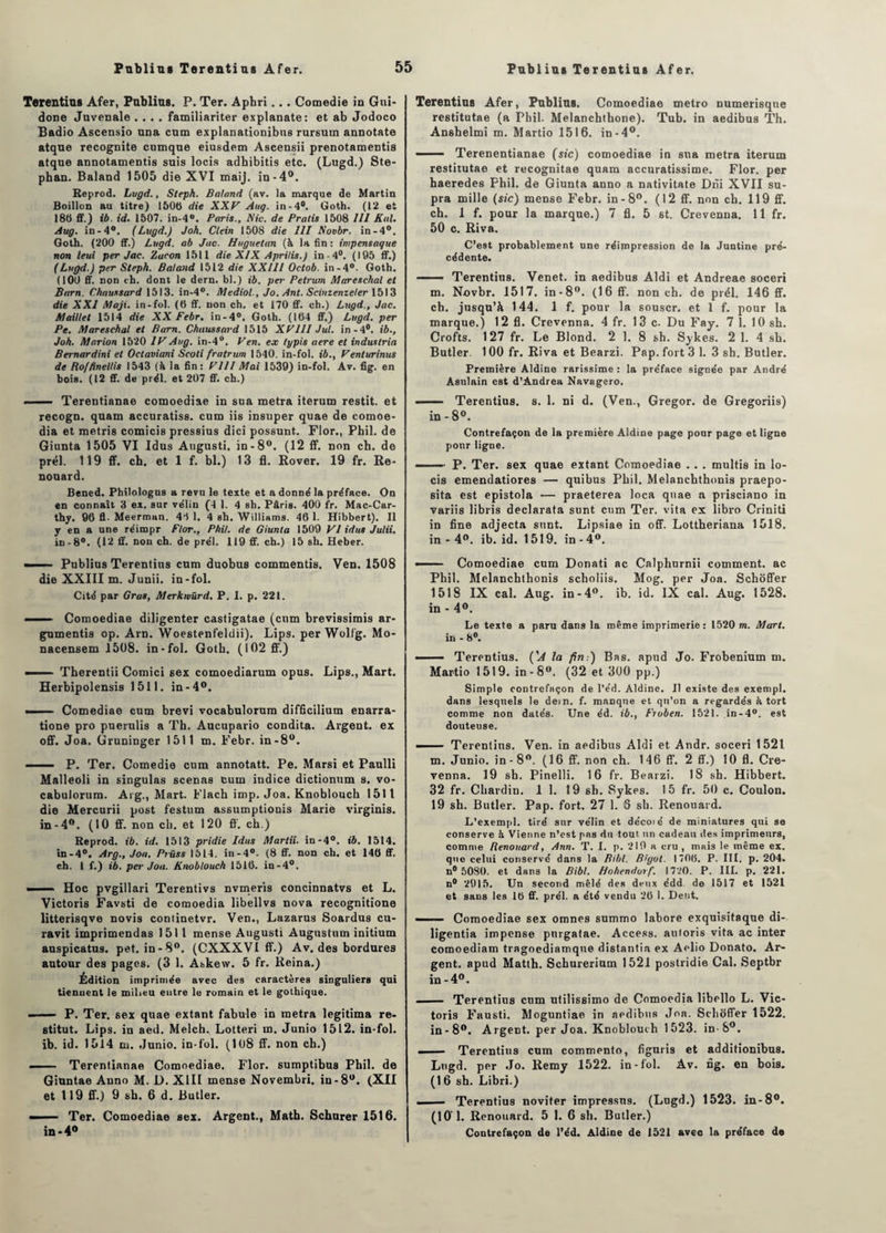 Terentias Afer, Publias. P. Ter. Apbri... Comedie in Gui- done Juvenale .... familiariter explanate: et ab Jodoco Badio Ascensio una cum explanationibus rursum annotate atque recognite cumque eiusdem Aseensii prenotamentis atqne annotamentis suis locis adhibitis etc. (Lugd.) Ste- phan. Baland 1505 die XVI maij. in-4°. Reprod. Lugd., Steph. Baland (av. la marque de Martin Boillon au titre) 1506 die XXV Aug. in -4®. Goth. (12 et 186 ff.) ib. id. 1507. in-4°. Paris., Nie. de Pralis 1508 III Kal. Aug. in-4°. (Lugd.) Joh. Clein 1508 die III Novbr. in-4°. Goth. (200 ff.) Lugd. ab Jac. Huguetan (à la fin: impensague non leui per Jac. Zacon 1511 die XIX Aprilis.) in-4°. (195 ff.) (Lugd.) per Steph. Baland 1512 die XXIII Oetob. in-4°. Goth. (100 ff. non eh. dont le dern. bl.) ib. per Petrum Mareschal et Barn. Chnussard 1513. in-4°. Mediol., Jo. Ant. Sciuzenzeler 1513 die XXI jyjaji. in-fol. (6 ff. non ch. et 170 ff. ch.) Lugd., Jac. Maillet 1514 die XX Febr. in-4°. Goth. (164 ff.) Lugd. per Pe. Mareschal et Barn. Chnussard 1515 XVIII Jul. in-4°. ib., Joh. Marion 1520 IVAug. in-4“. Ven. ex lypis aere et indusiria Bernardini et Octaviani Scoti fratrum 1540. in-fol. ib., Venturinus de Ro/finellis 1543 (à la fin: VIII Mai 1539) in-fol. Av. fig. en bois. (12 ff. de prél. et 207 ff. ch.) . '■■■' Terentianae comoediae in sna métra iterum restit. et recogn. quam accuratiss. cum iis insuper quae de comoe- dia et metris comicis pressius dici possunt. Flor., Phil. de Giunta 1505 VI Idus Augusti. in-8°. (12 ff. non ch. de prél. 119 ff. ch. et 1 f. bl.) 13 fl. Rover. 19 fr. Re- nouard. Bened. Philologus a revu le texte et a donné la préface. On en connaît 3 ex. sur vélin (4 1. 4 sh. Pâris. 400 fr. Mac-Car- thy. 96 fl- Meerman. 44 1. 4 sh. Williams. 46 1. Hibbert). Il y en a une réimpr Flor., Phil. de Giunta 1509 VI idus Jutii. in -8°. (12 ff. non ch. de prél. 119 ff. ch.) 15 sh. Heber. Publius Terentius cum duobus commentis. Ven. 1508 die XXIII m. Junii. in-fol. Cité par Gras, Merkivürd. P. I. p. 221. ■' Comoediae diligenter casligatae (cum brevissimis ar¬ gumenté op. Ain. Woestenfeldii). Lips. per Wolfg. Mo- nacensem 1508. in-fol. Goth. (102 ff.) ■ Therentii Comici sex comoediarum opus. Lips., Mart. Herbipolensis 1511. in-4°. ■ Comediae cum brevi vocabulorum difficilium enarra- tione pro puerulis a Th. Aucupario condita. Argent, ex off. Joa. Gruninger 1511 m. Febr. in-8°. . P. Ter. Comedie cum annotatt. Pe. Marsi et Paulli Malleoli in singulas scenas cum indice dictionum s. vo¬ cabulorum. Arg., Mart. Flach imp. Joa. Knoblouch 1511 die Mercurii post festum assumptionis Marie virginis. in-4°. (10 ff. non ch. et 120 ff. ch.) Reprod. ib. id. 1513 pridie Idus Martii. in-4°. ib. 1514. in-4°. Arg., Joa. Piüss 1514. in-4°. (8 ff. non ch. et 146 ff. ch. 1 f.) ib. per Joa. Knoblouch 1516. in-4°. —— Hoc pvgillari Terentivs nvmeris concinnatvs et L. Victoria Favsti de comoedia libellva nova recognitione litterisqve novis continetvr. Ven., Lazarus Soardus cu- ravit imprimendas 1511 mense Augusti Augustum initium auspicatus. pet. in-8°. (CXXXVI ff.) Av. des bordures autour des pages. (3 1. Askew. 5 fr. Reina.) Édition imprimée avec des caractères singuliers qui tiennent le milieu entre le romain et le gothique. - ■ - P. Ter. 6ex quae extant fabule in raetra légitima re- stitut. Lips. in aed. Melch. Lotteri m. Junio 1512. in-fol. ib. id. 1514 m. Junio. in-fol. (108 ff. non ch.) — Terentianae Comoediae. Flor. sumptibus Phil. de Giuntae Anno M. D. XIII mense Novembri. in-8°. (XII et 119 ff.) 9 sh. 6 d. Butler. ' Ter. Comoediae sex. Argent., Math. Schurer 1516. in-4» Terentias Afer, Publias. Comoediae métro numerisque restitutae (a Phil. Melanchthone). Tub. in aedibus Th. Anshelmi m. Martio 1516. in-4°. — — Terenentianae (sic) comoediae in sna metra iterum restitutae et recognitae quam accuratissime. Flor. per haeredes Phil. de Giunta anno a nativitate Dni XVII su¬ pra mille (sic) mense Febr. in-8°. (12 ff. non ch. 119 ff. ch. 1 f. pour la marque.) 7 fl. 5 st. Crevenna. 11 fr. 50 c. Riva. C’est probablement une réimpression de la Juntine pré¬ cédente. ■ Terentius. Venet. in aedibus Aldi et Andreae soceri m. Novbr. 1517. in-8°. (16 ff. non ch. de prél. 146 ff. ch. jusqu’à 144. 1 f. pour la souscr. et 1 f. pour la marque.) 12 fl. Crevenna. 4 fr. 13 c. Du Fay. 7 1. 10 sh. Crofts. 127 fr. Le Blond. 2 1. 8 sh. Sykes. 2 1. 4 sh. Butler 100 fr. Riva et Bearzi. Pap. fort 3 1. 3 sh. Butler. Première Aldine rarissime : la préface signée par André Asulain est d’Andrea Navagero. ■ Terentius. s. 1. ni d. (Ven., Gregor. de Gregoriis) in - 8°. Contrefaçon de la première Aldine page pour page et ligne pour ligne. — —• P. Ter. sex quae extant Comoediae . . . multis in lo¬ cis emendatiores — quibus Phil. Melanchthonis praepo- sita est epistola — praeterea loca quae a prisciano in variis libris declarata sunt cum Ter. vita ex libro Criniti in fine adjecta sunt. Lipsiae in off. Lottheriana 1518. in - 4°. ib. id. 1519. in-4°. ■ Comoediae cum Donati ac Calphurnii comment, ac Phil. Melanchthonis scholiis. Mog. per Joa. Schoffer 1518 IX cal. Aug. in-4«. ib. id. IX cal. Aug. 1528. in - 4°. Le texte a paru dans la même imprimerie: 1520 m. Mart. iri - 8°. - Terentius. ('A la fin:) Bas. apud Jo. Frobenium m. Martio 1519. in -8°. (32 et 300 pp.) Simple contrefaçon de l’éd. Aldine. Il existe des exempl. dans lesquels le dein. f. manque et qu’on a regardés à tort comme non datés. Une éd. ib., Froben. 1521. in-4°. est douteuse. — Terentius. Ven. in aedibus Aldi et Andr. soceri 1521 m. Junio. in-8°. (16 ff. non ch. 146 ff. 2 ff.) 10 fl. Cre¬ venna. 19 sh. Pinelli. 16 fr. Bearzi. 18 sh. Hibbert. 32 fr. Chardin. 1 1. 19 sh. Sykes. 15 fr. 50 c. Coulon. 19 sh. Butler. Pap. fort. 27 1. S sh. Renouard. L’exempl. tiré sur vélin et décoi é de miniatures qui se conserve à Vienne n’est pas du tout un cadeau des imprimeurs, comme Renouard, Ann. T. I. p. 219 a cru, mais le même ex. que celui conservé dans la Bibl. Bigot. 1706. P. III. p. 204. n# 5080. et dans la Bibl. Hohendoi f. 1720. P. III. p. 221. n° 2915. Un second mêlé des deux édd de 1517 et 1521 et sans les 16 ff. prél. a été vendu 26 1. Dent. —— Comoediae sex omnes summo labore exquisitaque di- ligentia impense pnrgatae. Access, autoris vita ac inter comoediam tragoediamque distantia ex Aelio Donato. Ar¬ gent. apud Matth. Schurerium 1521 postridie Cal. Septbr in-4°. - Terentius cum utilissimo de Comoedia libello L. Vic- toris Fausti. Moguntiae in aedibus Joa. Schoffer 1522. in-8°. Argent, per Joa. Knoblouch 1523. in-8°. — — Terentius cum commento, figuris et additionibus. Lugd. per Jo. Remy 1522. in-fol. Av. ng. eu bois. (16 sh. Libri.) — Terentius noviter impressus. (Lugd.) 1523. in-8°. (101. Renouard. 5 1. 6 sh. Butler.) Contrefaçon de l’éd. Aldine de 1521 avec la préface de