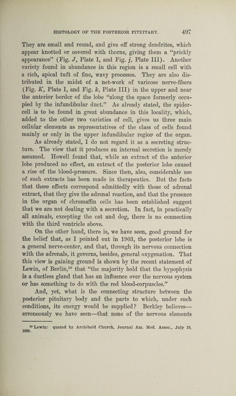 They are small and round, and give off strong dendrites, which appear knotted or covered with thorns, giving them a “prickly appearance” (Fig. J, Plate I, and Fig. j, Plate III). Another variety found in abundance in this region is a small cell with a rich, apical tuft of fine, wavy processes. They are also dis¬ tributed in the midst of a net-work of varicose nerve-fibers (Fig. K, Plate I, and Fig. k, Plate III) in the upper and near the anterior border of the lobe “along the space formerly occu¬ pied by the infundibular duct.” As already stated, the spider¬ cell is to be found in great abundance in this locality, which, added to the other two varieties of cell, gives us three main cellular elements as representatives of the class of cells found mainly or only in the upper infundibular region of the organ. As already stated, I do not regard it as a secreting struc¬ ture. The view that it produces an internal secretion is merely assumed. Howell found that, while an extract of the anterior lobe produced no effect, an extract of the posterior lobe caused a rise of the blood-pressure. Since then, also, considerable use of such extracts has been made in therapeutics. But the facts that these effects correspond admittedly with those of adrenal extract, that they give the adrenal reaction, and that the presence in the organ of chromaffin cells has been established suggest that we are not dealing with a secretion. In fact, in practically all animals, excepting the cat and dog, there is no connection with the third ventricle above. On the other hand, there is, we have seen, good ground for the belief that, as I pointed out in 1903, the posterior lobe is a general nerve-center, and that, through its nervous connection with the adrenals, it governs, besides, general oxygenation. That this view is gaining ground is shown by the recent statement of Lewin, of Berlin,10 that “the majority hold that the hypophysis is a ductless gland that has an influence over the nervous system or has something to do with the red blood-corpuscles.” And, yet, what is the connecting structure between the posterior pituitary body and the parts to which, under such conditions, its energy would be supplied? Berkley believes— erroneously we have seen—that none of the nervous elements 10 Lewin: quoted by Archibald Church, Journal Am. Med. Assoc., July 10, 1909.