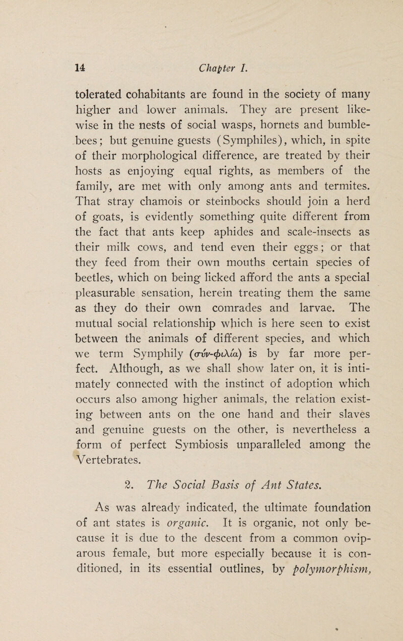 tolerated cohabitants are found in the society of many higher and lower animals. They are present like¬ wise in the nests of social wasps, hornets and bumble¬ bees; but genuine guests (Symphiles), which, in spite of their morphological difference, are treated by their hosts as enjoying equal rights, as members of the family, are met with only among ants and termites. That stray chamois or steinbocks should join a herd of goats, is evidently something quite different from the fact that ants keep aphides and scale-insects as their milk cows, and tend even their eggs; or that they feed from their own mouths certain species of beetles, which on being licked afford the ants a special pleasurable sensation, herein treating them the same as they do their own comrades and larvae. The mutual social relationship which is here seen to exist between the animals of different species, and which we term Symphily (ow-<£iXta) is by far more per¬ fect. Although, as we shall show later on, it is inti¬ mately connected with the instinct of adoption which occurs also among higher animals, the relation exist¬ ing between ants on the one hand and their slaves and genuine guests on the other, is nevertheless a form of perfect Symbiosis unparalleled among the Vertebrates. 2. The Social Basis of Ant States. As was already indicated, the ultimate foundation of ant states is organic. It is organic, not only be¬ cause it is due to the descent from a common ovip¬ arous female, but more especially because it is con¬ ditioned, in its essential outlines, by polymorphism,