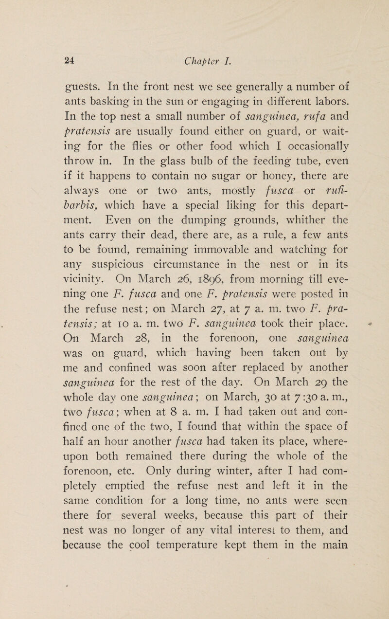 guests. In the front nest we see generally a number of ants basking in the sun or engaging in different labors. In the top nest a small number of sanguinea, rufa and pratensis are usually found either on guard, or wait¬ ing for the flies or other food which I occasionally throw in. In the glass bulb of the feeding tube, even if it happens to contain no sugar or honey, there are always one or two ants, mostly fuse a or rufi- barbis, which have a special liking for this depart¬ ment. Even on the dumping grounds, whither the ants carry their dead, there are, as a rule, a few ants to be found, remaining immovable and watching for any suspicious circumstance in the nest or in its vicinity. On March 26, 1896, from morning till eve¬ ning one F. fusca and one F. pratensis were posted in the refuse nest; on March 27, at 7 a. m. two F. pra¬ tensis; at 10 a. m. two F. sanguinea took their place. O11 March 28, in the forenoon, one sanguinea was on guard, which having been taken out by me and confined was soon after replaced by another sanguinea for the rest of the day. On March 29 the whole day one sanguinea ; on March, 30 at 7 130 a. m., two fusca; when at 8 a. m. I had taken out and con¬ fined one of the two, I found that within the space of half an hour another fusca had taken its place, where¬ upon both remained there during the whole of the forenoon, etc. Only during winter, after I had com¬ pletely emptied the refuse nest and left it in the same condition for a long time, no ants were seen there for several weeks, because this part of their nest was no longer of any vital interest to them, and because the cool temperature kept them in the main