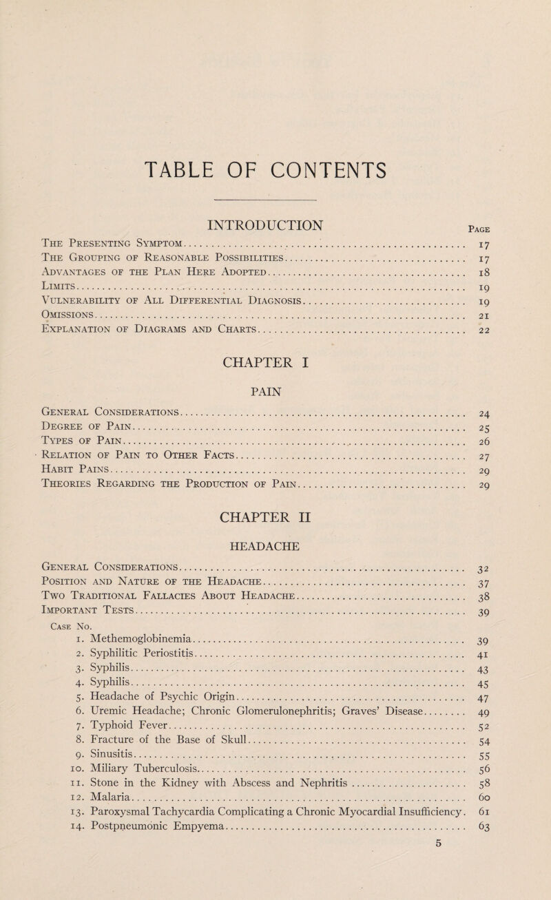 TABLE OF CONTENTS INTRODUCTION Page The Presenting Symptom. 17 The Grouping of Reasonable Possibilities. 17 Advantages of the Plan Here Adopted. 18 Limits. 19 Vulnerability of All Differential Diagnosis. 19 Omissions. 21 Explanation of Diagrams and Charts. 22 CHAPTER I PAIN General Considerations. 24 Degree of Pain. 25 Types of Pain. 26 Relation of Pain to Other Facts. 27 Habit Pains. 29 Theories Regarding the Production of Pain. 29 CHAPTER II HEADACHE General Considerations. 32 Position and Nature of the Headache. 37 Two Traditional Fallacies About Headache... 38 Important Tests. 39 Case No. 1. Methemoglobinemia. 39 2. Syphilitic Periostitis. 41 3. Syphilis. 43 4. Syphilis. 45 5. Headache of Psychic Origin. 47 6. Uremic Headache; Chronic Glomerulonephritis; Graves’ Disease. 49 7. Typhoid Fever. 52 8. Fracture of the Base of Skull. 54 9. Sinusitis. 55 10. Miliary Tuberculosis. 56 11. Stone in the Kidney with Abscess and Nephritis. 58 12. Malaria. 60 13. Paroxysmal Tachycardia Complicating a Chronic Myocardial Insufficiency. 61 14. Postpneumonic Empyema. 63