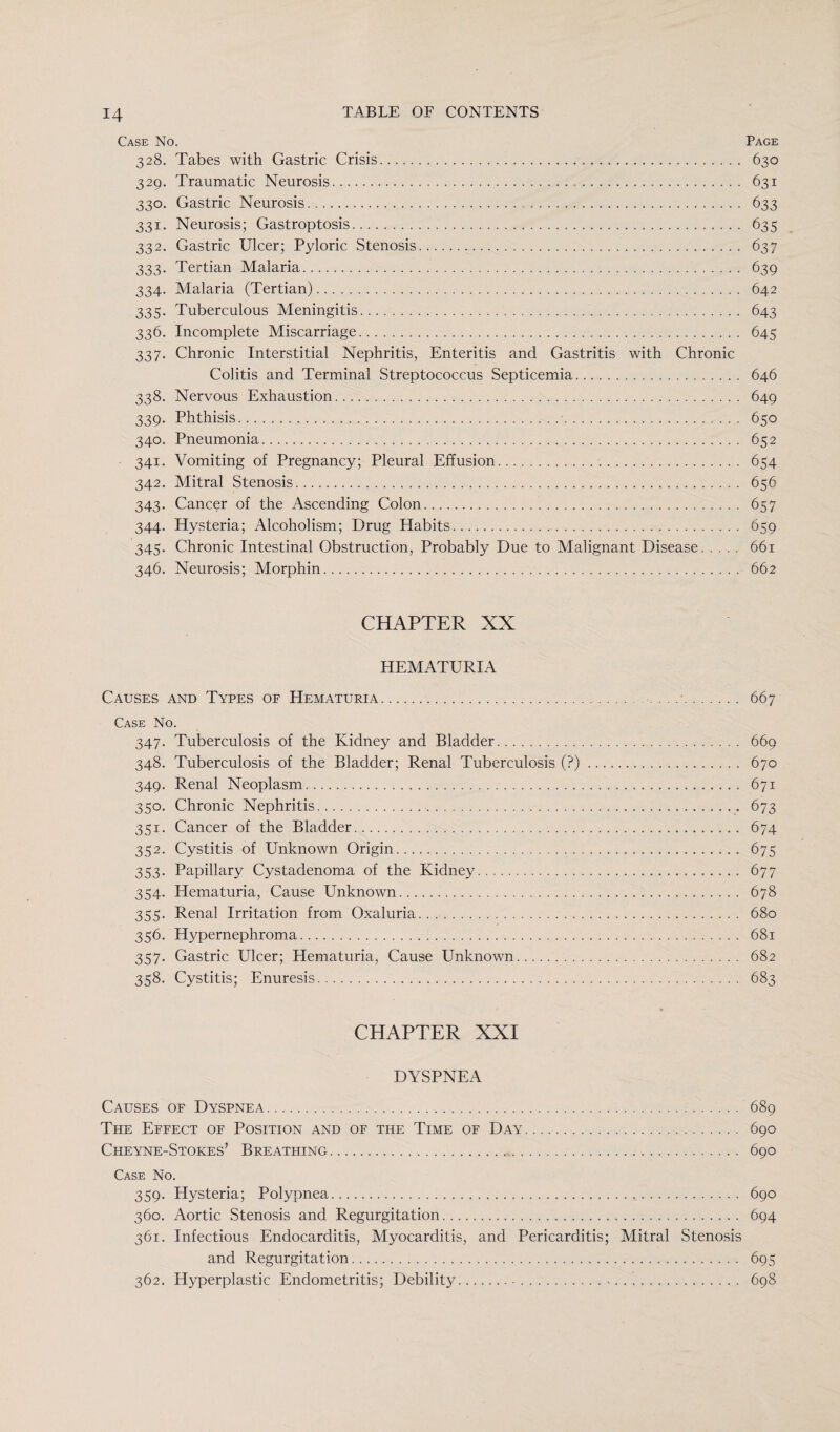 Case No. Page 328. Tabes with Gastric Crisis. 630 329. Traumatic Neurosis. 631 330. Gastric Neurosis. 633 331. Neurosis; Gastroptosis. 635 332. Gastric Ulcer; Pyloric Stenosis. 637 333. Tertian Malaria. 639 334. Malaria (Tertian). 642 335. Tuberculous Meningitis. 643 336. Incomplete Miscarriage. 645 337. Chronic Interstitial Nephritis, Enteritis and Gastritis with Chronic Colitis and Terminal Streptococcus Septicemia. 646 338. Nervous Exhaustion. 649 339. Phthisis. 650 340. Pneumonia. 652 341. Vomiting of Pregnancy; Pleural Effusion. 654 342. Mitral Stenosis. 656 343. Cancer of the Ascending Colon. 657 344. Hysteria; Alcoholism; Drug Habits. 659 345. Chronic Intestinal Obstruction, Probably Due to Malignant Disease. 661 346. Neurosis; Morphin. 662 CHAPTER XX HEMATURIA Causes and Types oe Hematuria. 667 Case No. 347. Tuberculosis of the Kidney and Bladder. 669 348. Tuberculosis of the Bladder; Renal Tuberculosis (?). 670 349. Renal Neoplasm. 671 350. Chronic Nephritis. 673 351. Cancer of the Bladder. 674 352. Cystitis of Unknown Origin. 675 353. Papillary Cystadenoma of the Kidney. 677 354. Hematuria, Cause Unknown. 678 355. Renal Irritation from Oxaluria. 680 356. Hypernephroma. 681 357. Gastric Ulcer; Hematuria, Cause Unknown. 682 358. Cystitis; Enuresis. 683 CHAPTER XXI DYSPNEA Causes of Dyspnea. 689 The Effect of Position and of the Time of Day. 690 Cheyne-Stokes’ Breathing. 690 Case No. 359. Hysteria; Polypnea. 690 360. Aortic Stenosis and Regurgitation. 694 361. Infectious Endocarditis, Myocarditis, and Pericarditis; Mitral Stenosis and Regurgitation. 695 362. Hyperplastic Endometritis; Debility..•. 698