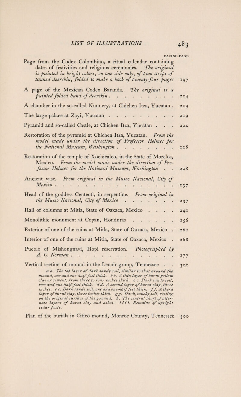 FACING PAGE Page from the Codex Colombino, a ritual calendar containing dates of festivities and religious ceremonies. The original is painted in bright colors, on one side only, of two strips of tanned deerskin, folded to make a book of twenty-four pages 197 A page of the Mexican Codex Baranda. The original is a painted folded band of deerskin.204 A chamber in the so-called Nunnery, at Chichen Itza, Yucatan . 209 The large palace at Zayi, Yucatan.219 Pyramid and so-called Castle, at Chichen Itza, Yucatan . . . 224 Restoration of the pyramid at Chichen Itza, Yucatan. From the model made under the direction of Professor Holmes for the National Museum, Washington.228 Restoration of the temple of Xochicalco, in the State of Morelos, Mexico. From the model made under the direction of Pro¬ fessor Holmes for the National Museum, Washington . . 228 Ancient vase. From original in the Museo National, City of Mexico.237 Head of the goddess Centeotl, in serpentine. From original in the Museo National, City of Mexico.237 Hall of columns at Mitla, State of Oaxaca, Mexico .... 241 Monolithic monument at Copan, Honduras.256 Exterior of one of the ruins at Mitla, State of Oaxaca, Mexico . 261 Interior of one of the ruins at Mitla, State of Oaxaca, Mexico . 268 Pueblo of Mishongnavi, Hopi reservation. Photographed by A. C. Norman.277 Vertical section of mound in the Lenoir group, Tennessee . . 300 a a. The top layer of dark sandy soil, similar to that around the mound, one and one-halffeet thick, b b. A thin layer of burnt yellow clay or cement, from three to four inches thick, c c. Dark sandy soil, two and one-half feet thick, d d. A second layer of burnt clay, three inches, e e. Dark sandy soil, one and one-half feet thick, ff. A third layer of burnt clay, three inches thick, g g. Dark, mucky soil, resting on the original surface of the ground, h. The central shaft of alter¬ nate layers of burnt clay and ashes, i i i i. Remains of upright cedar posts. Plan of the burials in Citico mound, Monroe County, Tennessee 300
