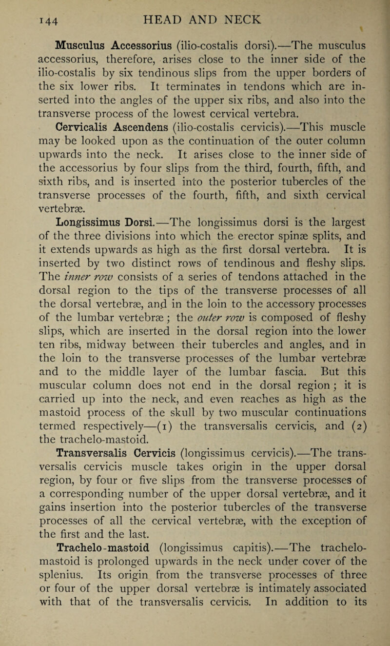 Musculus Accessorius (ilio-costalis dorsi).—The musculus accessorius, therefore, arises close to the inner side of the ilio-costalis by six tendinous slips from the upper borders of the six lower ribs. It terminates in tendons which are in¬ serted into the angles of the upper six ribs, and also into the transverse process of the lowest cervical vertebra. Cervicalis Ascendens (ilio-costalis cervicis).—This muscle may be looked upon as the continuation of the outer column upwards into the neck. It arises close to the inner side of the accessorius by four slips from the third, fourth, fifth, and sixth ribs, and is inserted into the posterior tubercles of the transverse processes of the fourth, fifth, and sixth cervical vertebrae. Longissimus Dorsi.—The longissimus dorsi is the largest of the three divisions into which the erector spinae splits, and it extends upwards as high as the first dorsal vertebra. It is inserted by two distinct rows of tendinous and fleshy slips. The inner row consists of a series of tendons attached in the dorsal region to the tips of the transverse processes of all the dorsal vertebrae, an.d in the loin to the accessory processes of the lumbar vertebrae; the outer row is composed of fleshy slips, which are inserted in the dorsal region into the lower ten ribs, midway between their tubercles and angles, and in the loin to the transverse processes of the lumbar vertebrae and to the middle layer of the lumbar fascia. But this muscular column does not end in the dorsal region ; it is carried up into the neck, and even reaches as high as the mastoid process of the skull by two muscular continuations termed respectively—(i) the transversalis cervicis, and (2) the trachelo-mastoid. Transversalis Cervicis (longissimus cervicis).—The trans¬ versalis cervicis muscle takes origin in the upper dorsal region, by four or five slips from the transverse processes of a corresponding number of the upper dorsal vertebrae, and it gains insertion into the posterior tubercles of the transverse processes of all the cervical vertebrae, with the exception of the first and the last. Trachelo-mastoid (longissimus capitis).—The trachelo- mastoid is prolonged upwards in the neck under cover of the splenius. Its origin from the transverse processes of three or four of the upper dorsal vertebrae is intimately associated with that of the transversalis cervicis. In addition to its