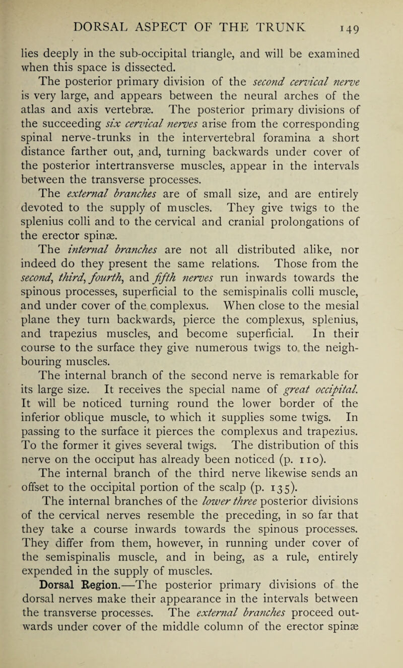 lies deeply in the sub-occipital triangle, and will be examined when this space is dissected. The posterior primary division of the second cervical nerve is very large, and appears between the neural arches of the atlas and axis vertebrae. The posterior primary divisions of the succeeding six cervical nerves arise from the corresponding spinal nerve-trunks in the intervertebral foramina a short distance farther out, and, turning backwards under cover of the posterior intertransverse muscles, appear in the intervals between the transverse processes. The external branches are of small size, and are entirely devoted to the supply of muscles. They give twigs to the splenius colli and to the cervical and cranial prolongations of the erector spinse. The internal branches are not all distributed alike, nor indeed do they present the same relations. Those from the second, third, fourth, and fifth nerves run inwards towards the spinous processes, superficial to the semispinalis colli muscle, and under cover of the complexus. When close to the mesial plane they turn backwards, pierce the complexus, splenius, and trapezius muscles, and become superficial. In their course to the surface they give numerous twigs to the neigh¬ bouring muscles. The internal branch of the second nerve is remarkable for its large size. It receives the special name of great occipital. It will be noticed turning round the lower border of the inferior oblique muscle, to which it supplies some twigs. In passing to the surface it pierces the complexus and trapezius. To the former it gives several twigs. The distribution of this nerve on the occiput has already been noticed (p. no). The internal branch of the third nerve likewise sends an offset to the occipital portion of the scalp (p. 135). The internal branches of the lower three posterior divisions of the cervical nerves resemble the preceding, in so far that they take a course inwards towards the spinous processes. They differ from them, however, in running under cover of the semispinalis muscle, and in being, as a rule, entirely expended in the supply of muscles. Dorsal Region.—The posterior primary divisions of the dorsal nerves make their appearance in the intervals between the transverse processes. The external branches proceed out¬ wards under cover of the middle column of the erector spinse