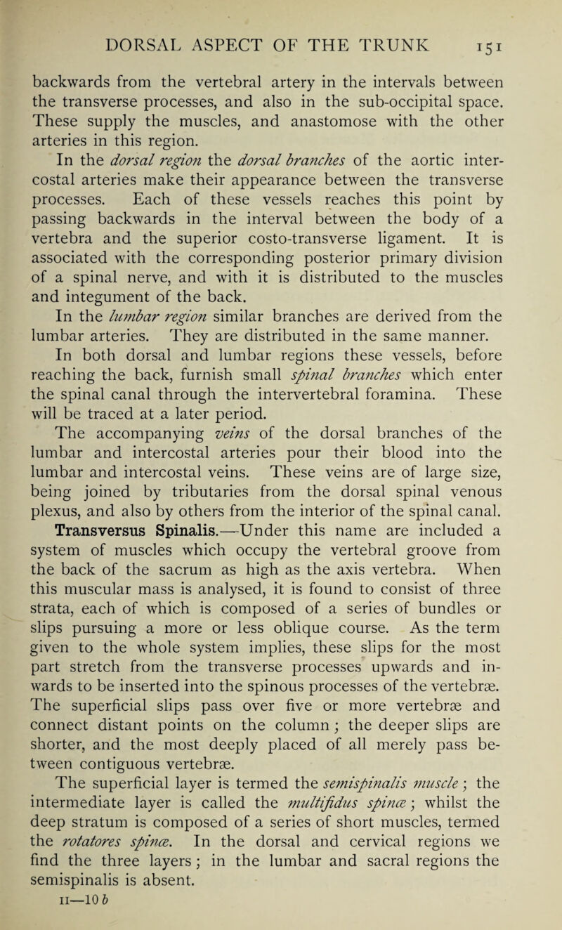 backwards from the vertebral artery in the intervals between the transverse processes, and also in the sub-occipital space. These supply the muscles, and anastomose with the other arteries in this region. In the dorsal region the dorsal branches of the aortic inter¬ costal arteries make their appearance between the transverse processes. Each of these vessels reaches this point by passing backwards in the interval between the body of a vertebra and the superior costo-transverse ligament. It is associated with the corresponding posterior primary division of a spinal nerve, and with it is distributed to the muscles and integument of the back. In the lumbar region similar branches are derived from the lumbar arteries. They are distributed in the same manner. In both dorsal and lumbar regions these vessels, before reaching the back, furnish small spinal branches which enter the spinal canal through the intervertebral foramina. These will be traced at a later period. The accompanying veins of the dorsal branches of the lumbar and intercostal arteries pour their blood into the lumbar and intercostal veins. These veins are of large size, being joined by tributaries from the dorsal spinal venous plexus, and also by others from the interior of the spinal canal. Transversus Spinalis.—-Under this name are included a system of muscles which occupy the vertebral groove from the back of the sacrum as high as the axis vertebra. When this muscular mass is analysed, it is found to consist of three strata, each of which is composed of a series of bundles or slips pursuing a more or less oblique course. As the term given to the whole system implies, these slips for the most part stretch from the transverse processes upwards and in¬ wards to be inserted into the spinous processes of the vertebrae. The superficial slips pass over five or more vertebrae and connect distant points on the column; the deeper slips are shorter, and the most deeply placed of all merely pass be¬ tween contiguous vertebrae. The superficial layer is termed the semispinalis muscle; the intermediate layer is called the multijidus spince; whilst the deep stratum is composed of a series of short muscles, termed the rotatores spince. In the dorsal and cervical regions we find the three layers; in the lumbar and sacral regions the semispinalis is absent.