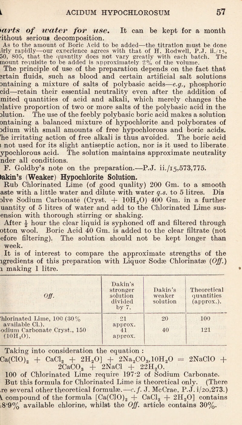 >arts of water for use. It can be kept for a month dthout serious decomposition. As to the amount of Boric Acid to be added—the titration must be done .irly rapidly—our experience agrees with that of H. Rodwell, P..T. ii./is, 50, 805, that the quantity does not vary greatly with each batch. The mount requisite to be added is approximately 2% of the volume. The principle of use of the preparation depends on the fact that ertain fluids, such as blood and certain artificial salt solutions ontaining a mixture of salts of polybasic acids—e.g., phosphoric cid—retain their essential neutrality even after the addition of mited quantities of acid and alkali, which merely changes the dative proportion of two or more salts of the polybasic acid in the olution. The use of the feebly polybasic boric acid makes a solution ontaining a balanced mixture of hypochlorite and polyborates of odium with small amounts of free hypochlorous and boric acids, 'he irritating action of free alkali is thus avoided. The boric acid s not used for its slight antiseptic action, nor is it used to liberate. ypochlorous acid. The solution maintains approximate neutrality nder all conditions. F. Goldby’s note on the preparation.—P.J. ii./i5,573,775. Jakin’s (Weaker) Hypochlorite Solution. Rub Chlorinated Lime (of good quality) 200 Gm. to a smooth aste with a little water and dilute with water q.s. to 5 litres. Dis olve Sodium Carbonate (Cryst. + 10H2O) 400 Gm. in a further uantity of 5 litres of water and add to the Chlorinated Lime sus- ension with thorough stirring or shaking. After ^ hour the clear liquid is syphoned off and filtered through otton wool. Boric Acid 40 Gm. is added to the clear filtrate (not efore filtering). The solution should not be kept longer than week. It is of interest to compare the approximate strengths of the igredients of this preparation with Liquor Sodse Chlorinatse (Off.) i making 1 litre. Off. Dakin’s stronger solution divided by 7. Dakin’s weaker solution Theoretical quantities (approx.). hlorinated Lime, 100 (30% 21 20 100 available Cl.). approx. odium Carbonate Cryst., 150 41 40 121 (lOHoO). approx. Taking into consideration the equation : Ca(C10)2 + CaCl2 + 2HsO] + 2Na2CO3,10H2O = 2NaC10 + 2CaC03 + 2NaCl + 22H20. 100 of Chlorinated Lime require 197-2 of Sodium Carbonate. But this formula for Chlorinated Lime is theoretical only. (There ,re several other theoretical formulae.—c.f. J. McCrae, P.J. i/20,273.) ^ compound of the formula [Ca(C10)2 + CaCl2 + 2H20] contains :8’9% available chlorine, whilst the Off. article contains 30%.