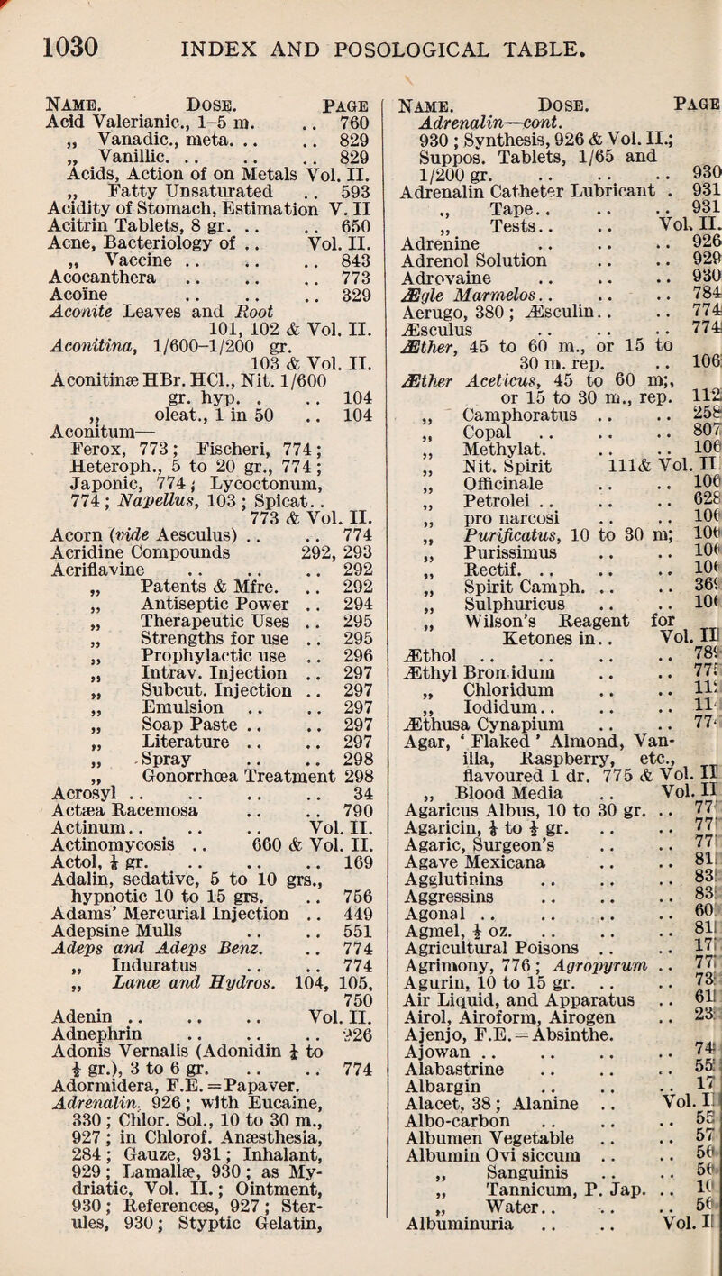 Name. Dose. page Acid Valerianic., 1-5 m. .. 760 „ Vanadic., meta.829 „ Vanillic. .. .. .. 829 Acids, Action of on Metals Vol. II. „ Fatty Unsatnrated .. 593 Acidity of Stomach, Estimation V. II Acitrin Tablets, 8 gr. .. .. 650 Acne, Bacteriology of .. Vol. II. „ Vaccine .. .. .. 843 Acocanthera.773 Acoine 329 Aconite Leaves and Root 101, 102 & Vol. II. Aconitina, 1/600-1/200 gr. 103 & Vol. II. Aconitine HBr. HC1., Nit. 1/600 gr. hyp. . .. 104 ,, oleat., 1 in 50 .. 104 Aconitum— Ferox, 773 ; Fischeri, 774 ; Heteroph., 5 to 20 gr., 774 ; Japonic, 774 ; Lycoctonum, 774; Napellus, 103 ; Spicat.. 773 & Vol. II. Acorn (vide Aesculus) .. .. 774 Acridine Compounds 292, 293 Acriflavine 292 )) Patents & Mfre. 292 Antiseptic Power 294 yy Therapeutic Uses 295 yy Strengths for use , , 295 yy Prophylactic use • • 296 yy Intrav. Injection • • 297 yy Subcut. Injection # # 297 yy Emulsion , # 297 yy Soap Paste .. • ♦ 297 yy Literature .. • • 297 yy Spray • c 298 yy Gonorrhoea Treatment 298 Acrosyl • • • . • • 9 # 34 Actsea Racemosa , , 790 Actinum.. .. .. Vol. II. Actinomycosis .. 660 & Vol. II. Actol, £ gr.169 Adalin, sedative, 5 to 10 grs.. hypnotic 10 to 15 grs. .. 756 Adams’ Mercurial Injection .. 449 Adepsine Mulls .. 551 Adeps and Adeps Benz. .. 774 „ Induratus .. 774 „ Lance and Hydros. 104, 105, 750 Adenin .. Vol. II. Adnephrin . . 926 Adonis Vernalis (Adonidin £ to £ gr.), 3 to 6 gr. .. 774 Adormidera, F.E. = Papaver. Adrenalin, 926; with Eucaine, 330 ; Ctilor. Sol., 10 to 30 m., 927; in Chlorof. Anaesthesia, 284 ; Gauze, 931; Inhalant, 929 ; Lamallse, 930 ; as My¬ driatic, Vol. II.; Ointment, 930; References, 927 ; Ster- ules, 930; Styptic Gelatin, Name. Dose. Adrenalin—cant. 930 ; Synthesis, 926 & Vol. II.; Suppos. Tablets, 1/65 and 1/200 gr. Adrenalin Catheter Lubricant . PAGE 930 931 .. 931 Vol, II. .. 926 15 to 929 930 784 774 774 ., Tape.. „ Tests.. Adrenine Adrenol Solution Adrovaine JEgle Marmelos.. Aerugo, 380; ^Esculin ^Esculus AEther, 45 to 60 m., or 30 m. rep. AEther Aceticus, 45 to 60 m;, or 15 to 30 in., rep. 112, Camphoratus .. .. 258 Copal .. .. .. 807 Methylat. .. .. 106 111& Vol. II .. 106 106; Nit. Spirit Officinale Petrolei pro narcosi Purificatus, 10 to 30 m; Purissimus Rectif. Spirit Camph. .. Sulphuricus 628 106 106 106 106 361 106 „ Wilson’s Reagent for Ketones in.. Vol. Ill JEthol. .. 789 JEthyl Bron idum .. 771 „ Chloridum .. Hi ,, Iodidum.. .. 11‘ iEthusa Cynapium .. 77‘ Agar, ‘ Flaked ’ Almond, Van¬ illa, Raspberry, etc., flavoured 1 dr. 775 & Vol. II „ Blood Media .. Vol. II Agaricus Albus, 10 to 30 gr. Agaricin, & to £ gr. Agaric, Surgeon’s Agave Mexicana Agglutinins Aggressins Agonal Agrael, £ oz. Agricultural Poisons Agrimony, 776; Agropyrum Agurin, 10 to 15 gr. Air Liquid, and Apparatus Airol, Airoform, Airogen Ajenjo, F.E. = Absinthe. Ajowan Alabastrine Albargin Alacet, 38; Alanine Albo-carbon Albumen Vegetable Albumin Ovi siccum „ Sanguinis „ Tannicum, P „ Water.. Albuminuria Jap. 77' 77' 77!- 8111 83!: 83 60 811: 17! 77! 73: 61! 23 74 55: 17 Vol. II 55 57 56 56 10 56 Vol. I!