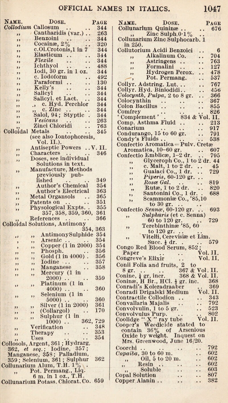 Name. Dose. page Collodium Callosum .. 344 99 Cantharidis (var.) .. 263 99 Benzoini 344 99 Cocainae, 2% 320 99 c.01.Crotonis,l in 7 344 99 Elasticum .. 344 99 Flexile 344 99 Ichthyol 488 99 Iodi, 30 gr. in 1 oz. 344 9 9 c. Iodoform 492 9 9 Paraformi .. 130 9 9 Kelly’s 344 9 9 Salicyl 344 9 9 Salicyl. et Lact. .. 344 99 c. Hyd. Perchlor 344 9 9 ,, c. Zinc .. 344 99 Salol, 94; Styptic . 344 9 y Vesicans 263 11 Zinci Chloridi 763 Colloidal Metals (see also Iontophoresis, Vol. II.). 345 9 9 Antiseptic Powers . .V. II. 9 y Characters 346 99 Doses, see individual Solutions in text. 99 Manufacture, Methods previously pub¬ lished 349 y y Author’s Chemical 354 9 y Author’s Electrical 363 9 9 Metal Organsols 365 j 9 Patents on .. 351 9 9 Physological Expts. . 355 357, 358, 359, 360, 361 4 « References .. 366 Colloidal Solutions, Antimony 354, 363 9 9 99 AntimonySulphide 354 Arsenic .. .. 354 Copper (1 in 2000) 354 Phosph. .. 356 Gold (1 in 4000) . 356 Iodine .. .. 357 Manganese .. 358 Mercury (1 in 2000) .. .. 359 Platinum (1 in 4000) .. .. 360 Selenium (1 in 5000) .. .. 360 Silver (1 in 2000) 361 (Collargol) .. 170 Sulphur (1 in 1000) .. 362, 729 ,, Verification ,, Therapy XJSGS . . . Collosols, Argent, 361; Hydrarg, 362, et seq.; Iodine, 357; Manganese, 358; Palladium, 359; Selenium, 361; Sulphur Collunarium Alum, T.H. 1% . ,, Pot. Permang., Liq. 6 m. in 1 oz., T.H. Collunarium Potass. Chlorat. Co. 348 353 354 362 659 Name. Dose. Page Collunarium Quininae .. .. 676 ,, Zinc Sulph.0-1% .. Collunarium Zinc Sulphocarb. 1 in 250. Collutorium Acidi Benzoici .. 6 ,, Alkalinum Co. .. 704 ,, Astringens .. .. 763 ,, Formalini .. .. 127 „ Hydrogen Perox. .. 478 —, Pot. Permang. .. 537 Collyr. Adstring. Lut.767 Collyr. Hyd. Biniodidi.. .. 456 Colocyntk, Pulpa, 2 to 8 gr. .. 366 Colocynthin .. .. .. 367 Colon Bacillus .. .. .. 855 Comfrey 826 ‘ Complement ’ . 834 & Vol. II. Comp. Asthma Fluid .. .. 213 Conarium .. .. .. 917 Condurango, 15 to 60 gr. .. 791 Condy's Fluids .. .. .. 538 Confectio Aromatica = Pulv. Cretae Aromatica, 10-60 gr. .. 607 Confectio Emblicae, 1-2 dr. .. 795 ,, Glyceroph Co., 1 to 2 dr. 44 ,, c. Malt, 1 to 2 dr. .. 45 ,, Guaiaci Co., 1 dr. .. 729 ,, Piperis, 60-120 gr. .. ,, Rosce Gal. .. .. 819 „ Rutae, 1 to 2 dr. .. 820 ,, Santonini Co., 1 dr. . 688 ,, Scammoniae Co., ’85,10 to 30 gr. .. Confectio Senna’, 60-120 gr. .. 693 ,, Sulphuris (et c. Senna) 60 to 120 gr. .. 729 „ Terebinthinae ’85, 60 to 120 gr. .. „ Vitelli, Cerevisiae et Lim. Succ. i dr. . .. 579 Congo Red Blood Serum, 852 ; Paper .. .. Vol. II. Congreve’s Elixir .. Vol. II. Conii Folia and fruits, 2 to 8 gr. 367 & Vol. II. Conine, £ gr, incr. 368 & Vol. II. Coninae, H Br., HC1. £ gr. inc. 368 Conradi’s Koleradraaber .. 369 Conradi Drigalski Medium Vol. II. Contractile Collodion .. .. 343 Convallaria Majalis .. .. 792 Convolvulin, 1 to 5 gr. .. 523 Convolvulus Purp. .. .. 802 Coolidge “ X ” ray tube Vol. II. Cooper’s Weedicide stated to contain 36% of Arsenious Oxide by weight. Inquest on Mrs. Greenwood, June 16/20. Coorclii .. .. .. .. 792 Copaiba, 30 to 60 m. .. 602 ,, Oil, 5 to 20 m. .. 602 ,, Resin .. .. .. 602 „ Soluble .. .. 603 Copal Solution .. .. 807 Copper Alanin .. .. .. 382
