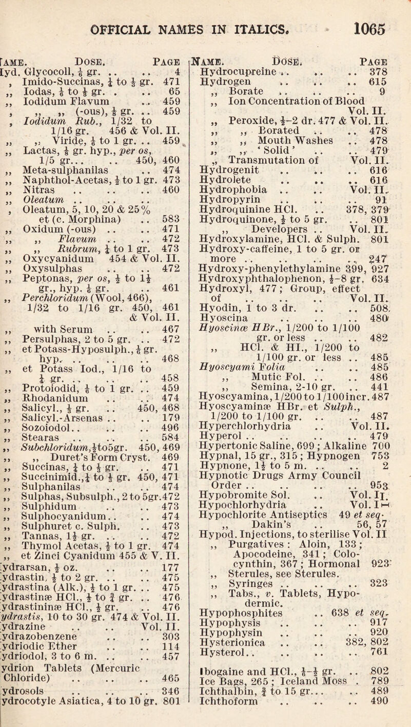 fAME. [yd. Glycocoll, i gr. Dose. 1 55 >5 55 >5 55 55 Page 4 Imido-Succinas, £ to i gr. 471 Iodas, i to i gr. . .. 65 Iodidum Flavum ... 459 „ „ (-ous), i gr. .. 459 Iodidum Rub., 1/32 to 1/16 gr. 456 & Vol. II. Viride, i to 1 gr. .. 459 Lactas, £ gr. hyp., per os, 1/5 gr. 450, 460 Meta-sulphanilas .. 474 Naphthol-Acetas, J to 1 gr. 473 Nitras .. .. .. 460 Oleatum .. Oleatum, 5, 10, 20 & 25% et (c. Morphina) .. 583 Oxidum (-ous) .. .. 471 Flavum .. .. 472 Rubrum, l to 1 gr. 473 Oxycyanidum 454 & Vol. II. Oxysulphas .. .. 472 Peptonas, per os, i to 1£ gr., hyp. i gr. .. 461 Perchloridum (Wool, 466), 1/32 to 1/16 gr. 450, 461 & Vol. II. with Serum .. .. 467 Persulphas, 2 to 5 gr. .. 472 et Potass-Hyposulph., & gr. hyp..468 et Potass Iod., 1/16 to £ gr.458 Protoiodid, £ to 1 gr. .. 459 Rhodanidum .. .. 474 Salicyl., £ gr. .. 450, 468 Salicyl.-Arsenas .. .. 179 Sozoiodol.. .. .. 496 Stearas .. .. .. 584 Subehloridum,\to5gr. 450, 469 ,, ,, Duret’s Form Cryst. 469 „ Succinas, i to £ gr. .. 471 ,, Suceinimid.,i to J gr. 450, 471 ,, Sulphanilas .. .. 474 ,, Sulphas, Subsulph., 2 to 5gr.472 ,, Sulphidum .. .. 473 ,, Sulphocyanidum.. .. 474 ,, Sulphuret c. Sulph. .. 473 „ Tannas, li gr. .. .. 472 ,, Thymol Acetas, \ to 1 gr. 474 ,, et Zinci Cyanidum 455 & V. II. Vdrarsan, \ oz. .. .. 177 ydrastin, | to 2 gr.475 ydrastina (Aik.), £ to 1 gr. .. 475 ydrastin® HC1., i to f gr. .. 476 ydrastininae HC1., § gr. .. 476 ydrastis, 10 to 30 gr. 474 & Vol. II. ydrazine .. .. Vol. II. ydrazobenzene .. .. 303 ydriodic Ether .. .. 114 ydriodol, 3 to 6 m. .. .. 457 ydrion Tablets (Mercuric Chloride) .. .. .. 465 ydrosols .346 ydrocotyle Asiatica, 4 to 10 gr. 801 Name. Dose. Page Hydrocupreihe .378 Hydrogen ..615 ,, Borate .. .. .. 9 ,, Ion Concentration of Blood Vol. II. „ Peroxide, £-2 dr. 477 & Vol. II. >t Borated Mouth Washes „ ,, ‘ Solid ’ „ Transmutation of Hydrogenit Hydrolete Hydrophobia .. Hydropyrin Hydroquinine HC1. Hydroquinone, \ to 5 ,, Developers Hydroxylamine, HC1 .. 478 .. 478 .. 479 Vol. II. .. 616 .. 616 Vol. II, 91 378, 379 .. 801 Vol. II, & Sulph. 801 gr. Hydroxy-caffeine, 1 to 5 gr. or more Hydroxy-phenylethylamine 399, Hydroxyphthalophenon, Hydroxyl, 477 ; Group, of . Hyodin, 1 to 3 dr. Hyoscina Hyoscince HBr., 1/200 to gr. or less .. „ HC1. & HI., 1/200 1/100 gr. or less Hyoscyami Folia ,, Mutic Fol. .. 247 927 634 8 gr. effect Vol. II. .. 508, .. 480' 1/100 .. 482 to .. 485 .. 485 .. 486 ,, Semina, 2-10 gr. .. 441 Hyoscyamina, 1/200 to l/100incr. 487 Hyoscyamin® HBr. et Sulph., 1/200 to 1/100 gr.487 Hyperchlorhydria .. Vol. II. Hyperol.479 Hypertonic Saline, 699 ; Alkaline 700 Hypnal, 15 gr., 315 ; Hypnogen 753 Hypnone, l\ to 5 m. 2 Hypnotic Drugs Army Council 953 Vol. Ii. Vol. Ih 49 et seq- 56, 57 923: Order Hypobromite Sol. Hypochlorhydria Hypochlorite Antiseptics ,, Dakin’s Hypod. Injections, to sterilise Vol. II ,, Purgatives : Aloin, 133 ; Apocodeine, 341; Colo- cynthin, 367; Hormonal ,, Sterules, see Sterules. ,, Syringes .. ,, Tabs., v. Tablets, Hypo¬ dermic. Hypophosphites .. 638 et Hypophysis Hypophysin Hysterionica Hysterol.. 323 seq, .. 917 .. 920 382, 802 . . 761 Ibogaine and HC1., gr. .. 802 Ice Bags, 265 ; Iceland Moss . 789 Ichthalbin, J to 15 gr... .. 489 Ichthoform .. .. .. 490