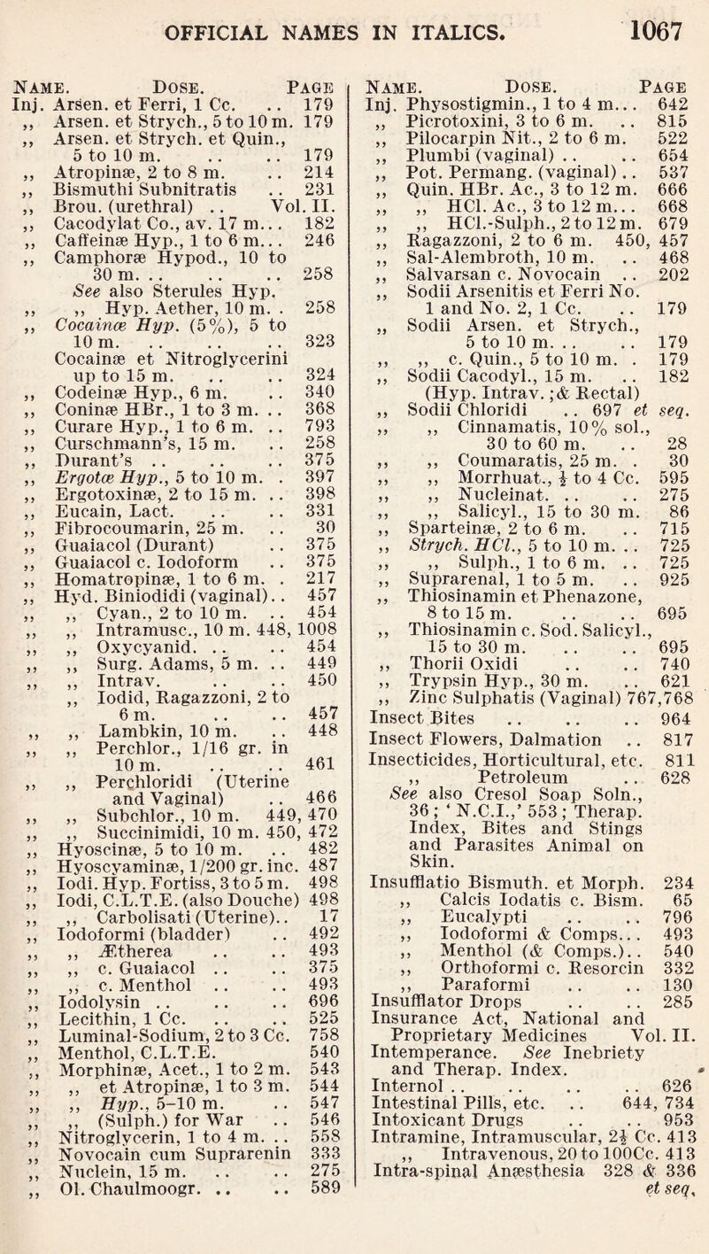 Name. Dose. Page Inj. Arsen, et Ferri, 1 Cc. .. 179 ,, Arsen, et Strych., 5 to 10 m. 179 ,, Arsen, et Strych. et Quin., 5 to 10 m. .. .. 179 ,, Atropinae, 2 to 8 m. .. 214 ,, Bismuthi Subnitratis .. 231 ,, Brou. (urethral) .. Vol. II. ,, Cacodylat Co., av. 17 m... 182 ,, Caffeinse Hyp., 1 to 6 m... 246 ,, Camphorae Hypod., 10 to 30 m. .. .. .. 258 See also Sterules Hyp. ,, ,, Hyp. Aether, 10 m. . 258 ,, Cocaince Hyp. (5%), 5 to 10 m.323 Cocainae et Nitroglycerini up to 15 m. .. .. 324 ,, Codeinae Hyp., 6 in. .. 340 ,, Coninae HBr., 1 to 3 m. .. 368 ,, Curare Hyp., 1 to 6 m. .. 793 ,, Curschmann’s, 15 m. .. 258 ,, Durant’s .. .. .. 375 ,, Ergotce Hyp., 5 to 10 m. . 397 ,, Ergotoxinae, 2 to 15 m. .. 398 ,, Eucain, Lact. .. .. 331 ,, Fibrocoumarin, 25 m. .. 30 ,, Guaiacol (Durant) .. 375 ,, Guaiacol c. Iodoform .. 375 ,, Homatropinae, 1 to 6 m. . 217 ,, Hyd. Biniodidi (vaginal).. 457 ,, ,, Cyan., 2 to 10 m. .. 454 ,, ,, Intramusc., 10 m. 448, 1008 ,, ,, Oxycyanid. .. .. 454 ,, ,, Surg. Adams, 5 m. .. 449 ,, ,, Intrav. .. .. 450 ,, Iodid, Ragazzoni, 2 to 6 m.457 ,, ,, Lambkin, 10 m. .. 448 „ ,, Perchlor., 1/16 gr. in 10 m. .. .. 461 ,, ,, Perchloridi (Uterine and Vaginal) .. 466 ,, ,, Subchlor., 10 m. 449,470 ,, ,, Succinimidi, 10 m. 450, 472 ,, Hyoscinae, 5 to 10 m. .. 482 ,, Hyoscyaminae, 1/200 gr. inc. 487 ,, Iodi.Hyp.Fortiss,3to5m. 498 ,, Iodi, C.L.T.E. (also Douche) 498 ,, ,, Carbolisati (Uterine).. 17 ,, Iodoformi (bladder) .. 492 ,, ,, JF.therea .. .. 493 ,, ,, c. Guaiacol .. .. 375 ,, ,, c. Menthol .. .. 493 ,, Iodolysin .. .. .. 696 ,, Lecithin, 1 Cc. .. .. 525 ,, Luminal-Sodium, 2 to 3 Cc. 758 „ Menthol, C.L.T.E. 540 ,, Morphinae, Acet., 1 to 2 m. 543 ,, ,, et Atropinae, 1 to 3 m. 544 ,, ,, Hyp., 5-10 m. .. 547 ,, ,, (Sulph.) for War .. 546 ,, Nitroglycerin, 1 to 4 m. .. 558 ,, Novocain cum Suprarenin 333 ,, Nuclein, 15 m. .. .. 275 ,, 01. Chaulmoogr. .. .. 589 Name. Dose. Page Inj. Physostigmin., 1 to 4 m... 642 ,, Picrotoxini, 3 to 6 m. .. 815 ,, Pilocarpin Nit., 2 to 6 m. 522 ,, Plumbi (vaginal) .. .. 654 ,, Pot. Permang. (vaginal).. 537 ,, Quin. HBr. Ac., 3 to 12 m. 666 ,, ,, HC1. Ac., 3 to 12 m... 668 ,, ,, HC1.-Sulph., 2 to 12 m. 679 ,, Ragazzoni, 2 to 6 m. 450, 457 ,, Sal-Alembroth, 10 m. .. 468 ,, Salvarsan c. Novocain .. 202 ,, Sodii Arsenitis et Ferri No. 1 and No. 2, 1 Cc. .. 179 „ Sodii Arsen, et Strych., 5 to 10 m.179 ,, ,, c. Quin., 5 to 10 m. . 179 ,, Sodii Cacodyl., 15 m. .. 182 (Hyp. Intrav. ;& Rectal) ,, Sodii Chloridi .. 697 et seq. ,, ,, Cinnamatis, 10% sol., 30 to 60 m. .. 28 ,, ,, Coumaratis, 25 m. . 30 ,, ,, Morrhuat., i to 4 Cc. 595 ,, ,, Nucleinat. .. .. 275 ,, ,, Salicyl., 15 to 30 m. 86 ,, Sparteinae, 2 to 6 m. .. 715 ,, Strych. HCl., 5 to 10 m. .. 725 ,, ,, Sulph., 1 to 6 m. .. 725 ,, Suprarenal, 1 to 5 m. .. 925 ,, Thiosinamin et Phenazone, 8 to 15 m.695 ,, Thiosinamin c. Sod. Salicyl., 15 to 30 m.695 ,, Thorii Oxidi .. .. 740 ,, Trypsin Hyp., 30 m. .. 621 ,, Zinc Sulphatis (Vaginal) 767,768 Insect Bites .964 Insect Flowers, Dalmation .. 817 Insecticides, Horticultural, etc. 811 ,, Petroleum .. 628 See also Cresol Soap Soln., 36; ‘ N.C.I.,’ 553; Therap. Index, Bites and Stings and Parasites Animal on Skin. Insufflatio Bismuth, et Morph. 234 ,, Calcis Iodatis c. Bism. 65 ,, Eucalypti .. .. 796 ,, Iodoformi & Comps... 493 ,, Menthol (& Comps.).. 540 ,, Orthoformi c. Resorcin 332 ,, Paraformi .. .. 130 Insufflator Drops .. .. 285 Insurance Act, National and Proprietary Medicines Vol. II. Intemperance. See Inebriety and Therap. Index. Internol .. .. .. .. 626 Intestinal Pills, etc. .. 644, 734 Intoxicant Drugs .. .. 953 Intramine, Intramuscular, 2\ Cc. 413 ,, Intravenous, 20 to lOOCc. 413 Intra-spinal Anaesthesia 328 & 336 et seq.