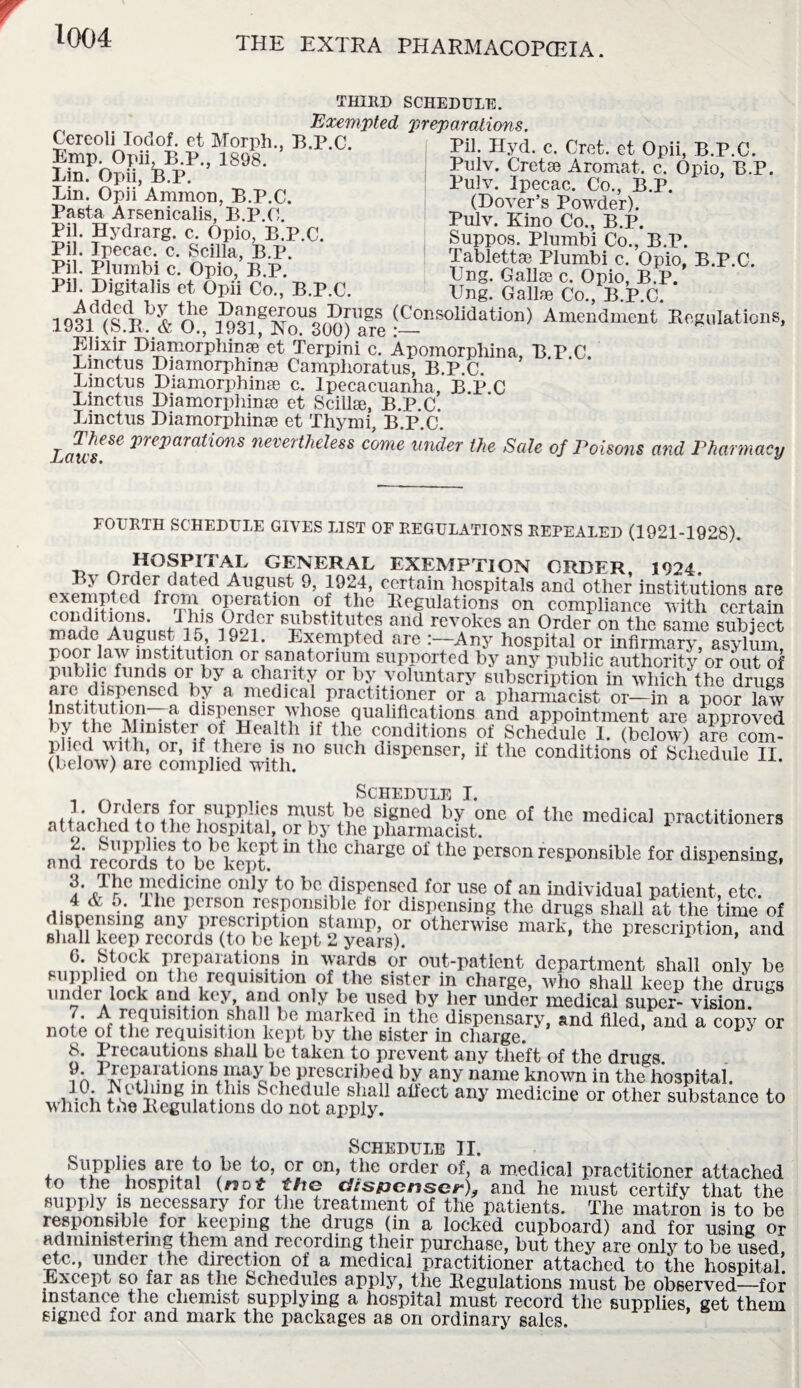 Cereoli Iodof. et Morph.. B.P.C Emp. Opii, B.P., 1898. Lin. Opii, B.P. Lin. Opii Ammon, B.P.C. Pasta Arsenicalis, B.P.C. Pil. Hydrarg. c. Opio, B.P.C. Pil. Ipecac, c. Scilla, B.P. Pil. Plumbi c. Opio, B.P. Pil. Digitalis et Opii Co., B.P.C. THIRD SCHEDULE. Exempted preparations. Pil. Hyd. c. Cret. et Opii, B.P.C. Pulv. Cretse Aromat. c. Opio, B.P. Pulv. Ipecac. Co., B.P. (Dover’s Powder). Pulv. Kino Co., B.P. Suppos. Plumbi Co., B.P. Tablett* Plumbi c. Opio, B.P.C. Eng. Gall* c. Opio, B.P. Ung. Gall* Co., B.P.C. 1 1 IT 4-1 cillft; L o. J Ay. JL • VJ • 1931(ski o® 193?feNoU300) are £?nsoMation> Amendment Regulations, Elixir Diamorphin* et Terpini c. Apomorpliina, B.P.C. Lmctus Diamorphin* Camplioratus, B.P.C. Linctus Diamorphin* c. Ipecacuanha, B.P.C Lmctus Diamorphin* et Scillse, B.P.C. Linctus Diamorphinse et Thymi, B.P.C. Iatcs€Se ^)re^>ara^ons neverth£less come under the Sale of Poisons and Pharmacy FOURTH SCHEDULE GIVES LIST OF REGULATIONS REPEALED (1921-1928). n ?°^P.nT\L GENERAL EXEMPTION ORDER, 1924. By Order dated August 9, 1924, certain hospitals and other institutions are exempted from operation of the Regulations on compliance with certain SSbstltUftC5 and revAokeslan Order on the same subject G August 15, 1921. Exempted aie .—Any hospital or infirmary, asylum poor iaw institution or sanatorium supported by any public authority or out of public funds or by a charity or by voluntary subscription in which the drugs are dispensed by a medical practitioner or a pharmacist or—in a poor law Institution—a dispenser whose qualifications and appointment are approved Ho i1C ^ Health it the conditions of Schedule I. (below) are com¬ plied with, or, if there is no such dispenser, if the conditions of Schedule II. (below) are complied with. * , _ , , Schedule I. L Orders for supplies must be signed by one of the medical nrartitirmprq attached to the hospital, or by the pharmacist. piactitioners and recmd^ U)1 be kept1 ^ the chargc oi the Person responsible for dispensing, x*udicine ouly t0 bc.dispensed for use of an individual patient, etc. 4 & 5. ihc person responsible for dispensing the drugs shall at the time of dispensing any piescnption stamp, or otherwise mark, the prescription, and shall keep records (to be kept 2 years). ’ G. block preparations in wards or out-patient department shall only be fmH?rmrvnn^ei/e,qU1S1H10n ,ot ,ihe in charge, who shall keep the drugs * 11'71 rA ocb a.n4.u y\ on,y be used by her under medical super- vision. • A requisition shall be marked in the dispensary, and filed, and a copy or note of the requisition kept by the sister in charge. 8. Precautions shall be taken to prevent any theft of the drugs. Preparations may be prescribed by any name known in the hospital. * Ti?-dvi f sl tT>1Ug in t ils , ('hedule shall affect any medicine or other substance to which tne Regulations do not apply. Schedule II. Supplies aie to be to, or on, the order of, a medical practitioner attached to the hospital (not the dispenser), and he must certify that the supply is necessary for the treatment of the patients. The matron is to be responsible for keeping the drugs (in a locked cupboard) and for using or administering them and recording their purchase, but they are only to be used, etc., under the direction of a medical practitioner attached to the hospital. Except so far as the Schedules apply, the Regulations must be observed—for instance the chemist supplying a hospital must record the supplies, get them signed xor and mark the packages as on ordinary sales.