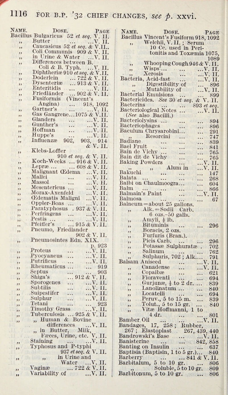 Name. Dose. Page Bacillus Bulgaricus 52 et seg. V. II. ,, Butter .V. II. Caucasicus 52 et seg. & V.H.. Coli Communis 909 & V. II. in Urine & Water ...V. II. Differences between B. Coli & B. Typh. ...Y. II. Diphtheria) 910 et seg. & V.II. 99 9 9 99 99 99 99 99 99 99 99 99 99 99 99 99 99 99 99 99 99 99 99 99 99 9 9 99 99 99 99 9 9 99 9 9 99 99 99 99 99 99 99 99 99 Doderlein Dysenterise Enteritidis Eriedlander Eusiformis Angina) Gartner’s 722 & V. II. ... 913 & Y. II. .V. II. ... 902 & V. II. (Yincent’s ... 918, 1092 .V. II. Gas Gangrene... 1075 & V.II. Glanders Gunther’s Hoffman Huppe’s Influenza) 902, ,..V. II. ...V. II. ...Y. II. . V II 903, 914 & V. II. Klebs-Loffler 910 et seg. & V. II. Koch-Weeks ... 916 & V. II. Lepra). 608 & Y. II. Malignant CEdema ...Y. II. Mallei V. II. Massol V. II. Mesentericus ... ...V. II. Morax-Axenfeld ...V. II. G^dematis Maligni ...V. II. Oppler-Boas.V. II. Paratyphosus . 937 & Y. II. Perfringens .Y. II. Pest is.V. II. Pfeiffer’s ... 915 & V.II. Pneumo, Eriedlander 902 A Y. II. Pneumosintes Edn. XIX. p. 923 Proteus Pyocyaneus Putrificus Bheumaticus Septus Shiga’s Sporogenes Subtilis Suipcstifer Sulphur ...Y. II. ...Y. II. ...Y. II. ... 919 ... 903 912 & V. II. ...V. II. ...V. II. ...Y. II. ...V. II. Tetani . 923 Timothy Grass ...V. II. Tuberculosis ... 925 & Y. II. „ Human & Bovine differences ...Y. II. ,, in Butter, Milk, faeces, Urine, etc. Y. II. Staining .Y. II. Typhosus and P-typhi 937 et seg. & Y. II. ,, in Urine and Water ...Y. II. Vaginae ... 722 & V.II. Variability of ...V. II. Name. Dose. Page Bacillus Yincent’s Fusiform 918,1092 ,, Welchii, V. II. ; Serum 10 Cc. used in Peri- tonitis and Toxaemia 1075, 1089 „ Whooping Cough 946 & V.II. „ vVisps. ...V. II. ,, Xerosis ...V. II. Bacteria, Acid-fast ...V. II. ,, Digestibility of ... 896 ,, Mutability of ...V. II. Bacterial Emulsions ... ... 899 Bactericides. See 30 et sen. & Y. II. Bacterins . 893 et sea. Bacteriological Notes ... ...V. II. (See also Bacilli.) Bacteriolysins. ... 894 Bacteriophages ... 896 Baculum Chrysarobini... ... 291 ,, Besorcini ... 747 Badiane ... 839 Bael Fruit ... 841 Bain de Vichy ... ... 765 Bain dit de Vichy ... 765 Baking Powders ...Y. II. ,, „ Alum in ...V. II. Bakuclii ... 147 Balata ... ... 268 Balbi on Chaulmoogra... ... 604 Balm . ... 866 Balmain’s Paint ...Y. IT. Balmosa ... 67 Balneum =about 25 gallons. ,, Aik. = Sodii Garb. 6 ozs.-50 galls. Aniyli, £ lb. Bituminis . 296 Boracis, 2 ozs. Furfuris (Bran.). Picis Curb.296 Potassa) Sulphuratae . 702 Salinum . 762 99 Sulphuris, 702 ; Aik .... 791 Balsam Aniseed ...V. II. 9 9 Canadense ...V. II. 99 Copaiba) ... 621 99 Fioraventi ... 694 99 Gurjunse, £ to 2 dr. Lanolinatum ... ... 839 99 ... 840 99 Locatelli ... 694 99 Peruv., 5 to 15 m. ... 839 99 Tolut., 5 to 15 gr. ... 840 99 Vita) Hoffmanni, 1 to 4 dr. ... 801 Bamber Oil . < • HH hH Bandages, 17, 258 ; Bubber, 267 ; Elastoplast 267, 439, 440 Bandrowski’s Base .Y. II. Banisterine . 842, 858 Banting on Insulin . 637 Baptisia (Baptism, 1 to 5 gr.)... 840 Barberry .841 & Y. II. Barbitalum,. 5 to 10 gr. ... 806 „ Soluble, 5 to 10 gr. 809 Barbitonum, 5 to 10 gr. ... 806
