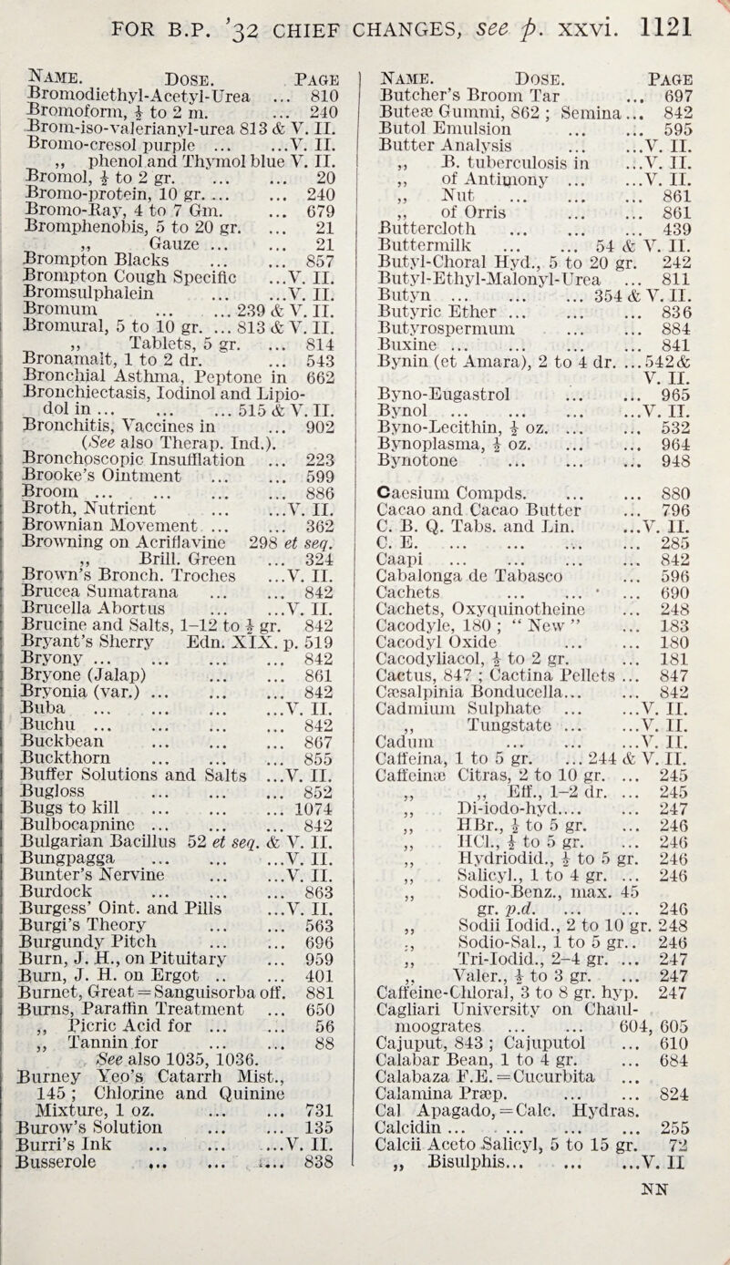 Name. Dose. Page Bromodiethyl-Acetyl-Urea ... 810 Bromoform, i to 2 m. ... 240 Brom-iso-valerianyl-urea 833 & V. II. Bromo-cresol purple .V. II. phenol and Thymol blue V. II. Bromol, % to 2 gr. 20 ... 240 ... 679 ... 21 ... 21 ... 857 ...V. II. ...V. II. .. 239 & V. II. ..813 & V. II. gr. ... 814 543 Bromo-protein, 10 gr. ... Bromo-Ray, 4 to 7 6m. Bromphenobis, 5 to 20 gr. ,, Gauze ... Brompton Blacks Brompton Cough Specific Bromsulphalein Broinum Bromural, 5 to 10 gr. ,, Tablets, 5 Bronamalt, 1 to 2 dr. Bronchial Asthma, Peptone in 662 Bronchiectasis, Iodinol and Lipio- dolin... ..515&V. II Bronchitis, Vaccines in (See also Therap. Ind.). Bronchoscopic Insufflation Brooke’s Ointment . Broom ... . Broth, Nutrient Brownian Movement ... Browning on Acrifiavine ,, Brill. Green Brown’s Bronch. Troches Brucea Sumatrana Brucella Abortus Brucine and Salts, 1-12 to i Bryant’s Sherry Edn Bryony 902 ...V 223 599 886 II. ... 362 298 et seq. ... 324 ...V. II. ... 842 ...V. II. _ gr. 842 XIX. p. 519 ... 842 Bryone (Jalap) Bryonia (var.). Buba Buchu. Buckbean Buckthorn . Buffer Solutions and Salts Bug] oss . Bugs to kill . Bulbocapninc ... Bulgarian Bacillus 52 et seq Bungpagga . Bunter’s Nervine Burdock Burgess’ Oint. and Pills Burgi’s Theory . Burgundy Pitch Burn, J. H., on Pituitary Burn, J. H. on Ergot .. Burnet, Great = Sanguisorba off. Bums, Paraffin Treatment Picric Acid for ... Tannin for See also 1035, 1036. Burney Yeo’s Catarrh Mist., 145 ; Chlorine and Quinine Mixture, 1 oz. . Burow’s Solution . 135 Burri’s Ink . ...V. II. Busserole . «... 838 ... 861 ... 842 ...V. II. ... 842 ... 867 ... 855 ...V. II. ... 852 ... 1074 ... 842 & V. II. ...V. II. ...V. II. ... 863 ...V. II. ... 563 696 959 401 881 650 56 88 731 Name. Dose. Page Butcher’s Broom Tar ... 697 Butea3 Gummi, 862 ; Semina ... 842 Butol Emulsion . 595 Butter Analysis .V. II. ,, B. tuberculosis in ...V. II. ,, of Antipiony .V. II. „ Nut . 861 ,, of Orris 861 Buttercloth . 439 Buttermilk . 54 & V. II. Butyl-Choral Hyd., 5 to 20 gr. 242 Butyl-Ethyl-Malonyl-Urea ... 811 Butyn . 354 & V. II. Butyric Ether. 836 Butyrospermum . 884 Buxine.841 Bynin (et Amara), 2 to 4 dr. ...542& V. II. ... 965 ...V. IT. ... 532 ... 964 ... 948 Byno-Eugastrol Bynol . Byno-Lecithin, i oz. ... Bynoplasma, ^ oz. Bynotone . Caesium Compds.880 Cacao and Cacao Butter ... 796 C. B. Q. Tabs, and Lin. ...V. II. C. E.. 285 Caapi ... 842 Cabalonga de Tabasco ... 596 Cachets .• ... 690 Cachets, Oxyquinotheine ... 248 Cacodyle, 180 ; “ New ” ... 183 Cacodyl Oxide ... ... 180 Cacodyliacol, \ to 2 gr. ... 181 Cactus, 847 ; Cactina Pellets ... 847 Caesalpinia Bonducella... ... 842 Cadmium Sulphate .V. II. ,, Tungstate.V. II. Cad uni V. II. Caffeina, 1 to 5 gr. ... 244 & V. II. Caffcime Citras, 2 to 10 gr. ... 245 „ „ Eff., 1-2 dr. ... 245 ,, Di-iodo-hyd. 247 ,, HBr., £ to 5 gr. ... 246 ,, IICl., i to 5 gr. ... 246 ,, Hydriodid., £ to 5 gr. 246 ,, Salicyl., 1 to 4 gr. ... 246 ,, Sodio-Benz., max. 45 gr. p.d.246 ,, Sodii Iodid., 2 to 10 gr. 248 ;, Sodio-Sal., 1 to 5 gr.. 246 ,, Tri-Iodid., 2-4 gr. ... 247 „ Valer., i to 3 gr. ... 247 Caffeine-Chloral, 3 to 8 gr. hyp. 247 Cagliari University on Chaul- moogrates . 604, 605 Cajuput, 843 ; Cajuputol ... 610 Calabar Bean, 1 to 4 gr. ... 684 Calabaza E.E. = Cucurbita Calamina Prsep. . 824 Cal Apagado, = Calc. Hydras. Calcidin.255 Calcii Aceto Salicyl, 5 to 15 gr. 72 „ Bisulphis.V. II NN