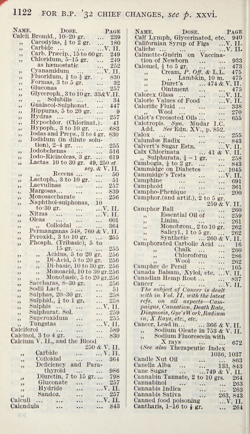 33 35 33 33 33 33 33 33 53 33 33 33 33 33 33 33 33 3v 33 33 33 33 33 33 33 33 33 33 33 33 33 33 33 33 33 33 33 3 3 Name. Dose. Page Calcii Bromid., 10-20 gr. ... 239 „ Cacodylas, i to 2 gr. ... 180 „ Carbide.Y. II. „ Carb. Prsecip., 15 to 60 gr. 249 „ Chloridum, 5-15 gr. ... 249 as haemostatic ... 252 „ Cyanamidum .V. II. Pluoridum, h to | gr. . 830 Pormas, 3 to 5 gr. ... 32 Gluconas . 257 Glyceroph., 3 to 10 gr. 33&Y.II. „ Solubilis. 34 Giiaiacol-Sulphonat. ... 447 Hippuras, 5 to 20 gr. ... 9 Hydras. 257 Hypochlor. (Chlorinat.). 41 Hypoph., 3 to 10 gr. ... 683 lodas and Preps., 3 to 4 gr. 830 Jodidum (in dilute solu¬ tion), 2-4 gr. 255 ,, Iodobehenas . 516 Iodo-Bicinoleas. 3 gr. ... 619 Lactas 10 to 30 gr. 49, 250 et seq. & V. II. „ Becens. 50 Lactoph., 3 to 10 gr. ... 51 Laevulinas . 257 Margosas. 839 Monosaccharate ... 256 Naphthol-sulphonas, 10 to-30 gr.V. II. Nitras .V. II. Oleas . 601 ,, Colloidal. 364 Permanganas 548, 760 & V. II. Peroxid., 3 to 10 gr. ... 255 ,, Phosph. (Tribasic), 5 to 15 gr. 255 Acidus, 5 to 20 gr. 256 Di-Acid, 5 to 20 gr. 256 Di-basic, 10 to 30 gr. 256 Monoacid, 10 to 30 gr.256 Monobasic, 5 to 20 gr.256 Saccharas, 8-30 gr. ... 256 Sodii Lact. 51 Sulphas, 20-30 gr. ... 258 Sulphid., I to 1 gr. ... 258 Sulphis.V. II. Sulphurat. Sol. ... 259 Supcroxidum . 255 Tungstas .V. II. Calciferol . 589 Calcinol, 3 to 4 gr.830 Calcium V. II., and the Blood 250 & V. II. Carbide .V. II. Colloidal . 364 Deficiency and Para¬ thyroid . 986 Diuretin, 7 to 15 gr.... 798 Gluconate ... ... 257 Hydride .Y. II. Sandoz. . 257 Calculi ... V. II. Calendula .843 33 33 33 33 3 3 33 33 33 3 3 33 33 33 Name. Dose. Page Calf Lymph, Glycerinated, etc. 940 Californian Syrup of Figs ...V. II. Caliche ... Y. II. Calmette-Guerin on Vaccina- tion of Newborn . 933 Calomel, 4 to 5 gr. ... ... 473 ,, Cream, P. Off. & L.L. 475 „ ,, Lambkin, 10 m. 475 ,, Duret’s ... 474 & Y. II. ,, Ointment . 475 Calorex Glass.Y. II. Calorie Values of Food ...V. IT. Calorific Fluid. 338 „ Wool. 270 Calot’s Creosoted Oils. 655 Calotropis. Syn. Mudar I.C. Add. See Edn. XV., p. 852. Calox .255 Calumbse Badix . 843 Calvert’s Sugar Estn. ...Y. II. Calx Chlorinata ... 41 & V. II. „ Sulphurata, i - 1 gr. ... 258 Cambogia, 1 to 2 gr. 843 Cammidge on Diabetes ... 1045 Cammidge’s Tests .V. IT. Camphine . 691 Camphoid . 361 Campho-Phenique . 200 Camphor.(and artif.), 2 to 5 gr. 259 & Y. II. Camphor Ball 260 ,, Essential Oil of ... 259 „ Linim. . 261 „ Monobrom., 2 to 10 gr. 262 „ Salicyl., 1 to 5 gr. ... 262 ,, Synthetic ... 260 <fc V. II. Camphorated Carbolic Acid ... 16 » Chalk . 260 ,, Chloroform ... 286 >» Wool . 262 C'amphre de Persil . 165 Canada Balsam, Xylol, etc. ...Y. II. Canadian Hemp Boot. 837 Cancer.Y. II. The subject of Cancer is decilt with in Vol. IT. with the latest refs, on all aspects—Cam¬ paigns, Causation, Death Rate, D lag nos is, Gye’s B rork,Radiu m in, X Rays, etc., etc. Cancer, Lead in. 366 & V. II. „ Sodium Oleate in 753 & V. II. ,, Sodium Fluorescein with N rays . 672 (See also Therapeutic Index 1036, 1037 Candle Nut Oil 863 Canella Alba . 133, 843 Cane Sugar .749 & V. II. Cannabin Tannate, 2 to 10 grs. 264 Cannabinol . 263 Cannabis lndica . 263 Cannabis Sativa ... 263, 843 Canned food poisoning ...V. II. Cantharis, 1-16 to £ gr. ... 264