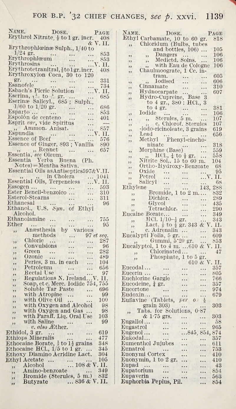 Name. Hose. Page Erythrol Nitrate i- to 1 gr. incr. 408 -p, ^ ' &V.II. Erythrophlceinae Suiph., 1/40 to ^ 1/24 gr.853 Erythrophloeum . 853 Erythrosins .V. II. Erythrotetranitral,$tolgr.incr. 408 Erythroxylon Coca, 30 to 120 gr.331 Esanofele . 734 Esbach’s Picric Solution ...V. II. Eserina, TiC to A gr. 685 Eserinse Salicyl., 685 ; Suiph., 1/60 to 1/20 gr.686 Esparto.853 Espolon de centeno . 401 Esprit var, vide Spiritus ... — ,, Ammon. Anisat. ... 857 Espundia .V. II. Essence of Beef . 576 Essence of Ginger, 893 ; Vanilla 890 ,, ,, Rennet . 657 Essentia, see Oleum. Essentia Yerba Buena (Ph. Notes)—Mentha Sativa. Essential Oils asAntiseptics597&V.II. ,, ,, in Cholera ... 1041 Essential Oils, Terpeneless ...Y. II. Essogen.593 Ester Bencil-benzoico. 310 Esterol-Stearns 311 Ethanesal . 96 Ethanol., U.S. fryn. of Ethyl Alcohol. Ethanolamine ... ... ... 755 Ether 55 95 Anaesthesia by various methods ... 97 et sen. 5 5 Chloric ... . 287 5 5 Convulsions . 96 5 5 Green . 282 55 Ozonic . 489 55 Perles, 3 m. in each 104 5 5 Petroleum . 656 5 5 Rectal Use . 97 55 Regulations N. Ireland...V. . II. 5 5 Soap, etc. Merc. Iodide 754, 755 5 5 Soluble Tar Paste 696 55 with Atropine ... 99 5 5 with Olive Oil. 100 5 5 with Oxygen and Alcohol 98 5 5 w-ith Oxygen and Gas ... 98 5 5 with Paraff. Liq. Oral-Use 103 55 with Saline v. also JEther. 99 Ethidol, 3 gr.. 619 Ethiops Mineralis 477 Ethocaine Borate, a to 14 grains 348 Ethocaine HC1., 1/5 to 1 gr. ... 345 Ethoxy Diamino Acridine Lact. 304 Ethyl Acetate ... ... ... 105 ,, Alcohol ...108&V. II. „ Amino-benzoate ... 349 Bromide (Sterules, 5 m.) 832 „ Butyrate ... 836 <fc V. II. Name. Dose. Page Ethyl Carbamate, 10 to 60 gr. 818 „ Chloridum (Bulbs, tubes and bottles, 106) ... 105 ,, ,, Dangers . 106 ,, ,, Medictd. Solns. ... 106 ,, ,, with Eau de Cologne 106 ,, Chaulmoograte, 1 Cc. in- tram. . 605 ,, ,, Iodised . 606 ,, Cinnamate . 310 ,, Hydnocarpate ... ... 607 ,, Hydro-Cupreine, Base 3 to 4 gr., 380 : HC1., 3 to 4 gr. ..381 ,, Iodide . 106 ,, ,, Sterules, 5 m. ... 107 ,, ,, c. Chlorof. Sterules 107 ,, -iodo-ricinoleate, 3 grains 619 „ Bead . 656 ,, Methyl Phenyl-cincho- ninate . 318 ,, Morphine (Base) ... 559 ,, ,, HC1., i to | gr. ... 558 ,, Nitrite Sol., 15 to 60 m. 104 ,, Ortho-Hydroxy-Benzoate 68 ,, Oxide . 95 ,, Petrol .V. II. ,, Salicyl . 68 Ethylene . 143, 288 ,, Bromide, 1 to 2 m.... 832 ,, Dichlor.289 ,, Glycol ... .... 435 „ Tetrachlor. 290 Eucaine Borate. 349 ,, BCl. 1/10-| gr. ... 343 ,, Lact. i to i gr. 343 & V. II. ,, c. Adrenalin ... ... 343 Eucalypti Folia, 5 gr. 609 ,, Gummi, 5*20 gr. ... 853 Eucalyptol, 1 to 4 m. ...610 & V. II. ,, Chlorinated. 47 ,, Phosphate, 1 to 5 gr. 610 Eucodal. Eucerin ... Euchlorine Gargle Eucodeine, f gr. Eucortone . Eudoxim.. . Eullavine (Tablets, per grain 303) ,, Tabs, for Solutions, 0 & 1-75 grs. Eugallol. Eugastrol . Eugenol.845, Eukodal. Eumenthol Jujubes Eunatrol . Euonymi Cortex Euonymin, 1 to 2 gr. ... Eupad . Eupatorium . Eupaverin . Euphorbia Peplus, Pil. A V. II. , 357 , 805 , 766 . 357 . 974 679 87 303 303 58 965 854, 874 . 357 , 611 , 753 , 410 , 410 , 43 . 854 , 563 , 854