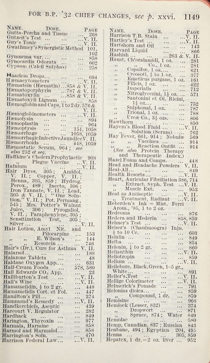 Name. Dose. Page Gutta-Percha and Tissue ... 268 Gutzeit’s Test ... ... V IT Guy’s Tonic ... ... ...v! II Gwathmey’s Synergistic Method ioi ’ n 102 Gymnema var. 858 Gynocardia Odorata ... 602 Gypsum (Oalcii Sulphas) ... 258 Haarlem Drops. 604 Hemacytometers ... ’’ v IT Haematein (Haematin) ...858 & V Ii’ Hamiatoporphyrin ...787 & V. Ill Hematoxylin.858 & V. II. Hsematoxyli Lignum ... . 858 Hemoglobin and Caps, 1 to 2 dr. 576 & Hemoglobinometers ... V* n Hemolysin . 894 Hemoplastin . 964 Hemoptysis . 151. 1058 Hemorrhage . 1058, 1059 HemorrhagicInfectiveJaundiceY. II Hemorrhoids. 448, 1059 Hemostatic Serum, 964 ; see also 252 et seq. Haft'kine’s CholeraProphylactic 908 ,, Plague Vaccine ...V. II. Hafnium .y. n. Hair Dyes, 305; Amidol. V. II. ; Copper, V. II. • Henna, 305, 859 ; Ilydrog. Perox., 489 ; Inecto,- 306 ; Iron Tannate, V. II. ; Lead, 305 & V. II. ; “ One Solu¬ tion,” V. II. ; Pot. Permang., 545 ; Mrs. Potter’s Walnut Juice, 306; Pyrogallol, Y. II. ; Paraphenylene, 305 ; Sensitization Test, 305 ; Silver.Y. II. Hair Lotion, Amyl Nit. and Pilocarpine ... 153 ,, ,, E. Wilson’s ... 144 ,, ,, Resorcin ... ... 746 Hair's (Dr.), Cure for Asthma Y. II. Halarsol. ... 188 Halazone Tablets 48 Haldane Oxygen App.... ... 631 Half-Cream Foods 578, 580 Hall Edwards COa App. 23 Halliburton’s Test ...Y. II. Hall’s Wine ...Y. II. Hamamelidin, to 2 gr. ... 448 Hamamelidis Cort. et Fol. ... 447 Hamilton’s Pill. ... 374 Hammond’s Remedy ... ...Y. II. Handkerchiefs, Aseptic ... 439 Harcourt Y. Regulator ... 282 Hardback ... .., ... 849 Harington, Thyroxin ... ... 977 Harmala, Harmine ... 858 Harmol and Harmalol... ... 858 Harrington’s Soln. ... 470 Harrison Federal Law... ...Y. II. Name. Dose Harrison T.B. Stain ' Hartley’s Test ... Hartshorn and Oil Harvard Liquid Hashish ... Page ...Y. II. ...Y. II. ... 143 ... 866 ...263 & Y. II. ) 3 281 281 621 377 161 422 712 571 752 .. 787 .. 788 .. 806 .. 850 ..V. II. 762 Haust. Ch’oralamidi, 1 oz >> 5? , Co., 1 oz. ,, Copaibe, 1 oz.... Creosoti, | to 1 oz. ,, Emeticus purgans, 1 oz. ,, Filicis, 1 oz. Imperialis . Nitroglycerini, 1£ oz. ... Santonini et 01. Ricini, li oz. „ Sulphonal, 1 oz. ,, Trional, 1 oz. „ Free Co., 34 ozs. Hawthorn . Hayem’s Blood Fluid !.! ,,, Solution (Serum) ... Hay Fever, 661, 914 ; Nebule 569 ,, ,, Vaccines. 914 „ ,, Reaction Outfit .,. 914 (See also Protein Theraoy and Therapeutic Index;) Hazel Foam and Comps. ... 448 Head and Headache Powders Y. II. Heal-All.849 Health Resorts.V. II. Heart, Auricular Fibrillation 386, 714 „ Extract. Syph. Test ...V. II. „ Muscle Ext.953 Heat as Antiseptic .Y. II. ,, Tieatment, Radiant ...V. II. Heberden’s Ink = Mist. Ferri Arom., ’85, 1 to 2 oz. Hedeoma . 876 Hedera and Hederin ... 858, 859 Hehner’s Test.V. n. Heiser’s (Chaulmoogra) Injn. i to 10 Cc. ... 603 Helalin. ... 849 Helba . ... 854 Helenin, \ to 2 gr. ... 860 Helianthin ...V. II. Heliotropin . ... 859 Helium. !—1 M Hellebore, Black, Green, 1-5 gr., White. ... 891 Heller’s .Test . ...V. II. Hellige Colorimeter ...Y. II. Hehnerich’s Pomade ... ... 791 Helonias dioica. ... 859 ,, Compound, 1 dr. ... 859 Hemisine ... 968 Hemlock (Lesser, 832) ... 374 ,, Dropwort ... 871 ,, Spruce, 874: Water 849 Hemolac ... 580 Hemp, Canadian, 837 ; Russian 843 Henbane, 494 ; Egyptian 204, 495 Henna. 305, 859 Hepatex, 1 dr. =2 oz. liyer ... 952