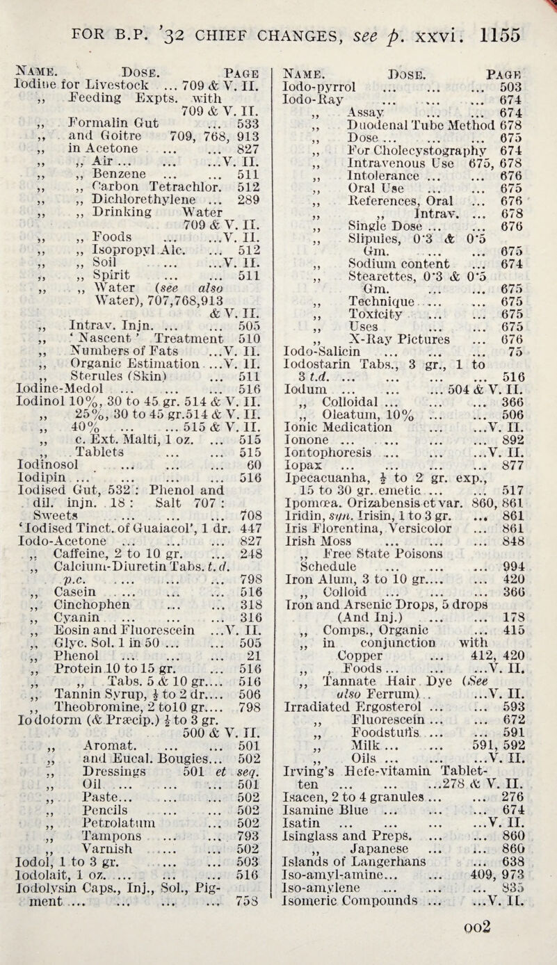 I FOR B.P. ’32 CHIEF CHANGES, See p. XXvi . 1155 3 f 3 3 3 3 3 3 33 3 3 33 33 53 Name. Dose. Page Iodine lor Livestock ... 709 & V. II. „ Deeding Expts. with 70Q v TT ,, Formalin Gut ... 533 and Goitre 709, 768, 913 in Acetone . 827 Air.V. II. ,, Benzene . 511 ,, Carbon Tetrachlor. 512 Dichlorethylene ... 289 Drinking Water 709 & V. II. „ Foods .Y. II. ,, Isopropyl Ale. ... 512 „ Soil Y. II. „ Spirit . 511 ,, Water (see also Water), 707,768,913 & Y. II. Intrav. Injn. 505 ‘ Nascent ’ Treatment 510 Numbers of Fats ...V. II. Organic Estimation ...Y. II. ,, Sterules (Skin) ... 511 lodine-Medol ... 516 Iodinol 10%, 30 to 45 gr. 514 & V. II. „ 25%, 30 to45 gr.514& V. II. „ 40% .515 & V. II. ,, c. Ext. Malti, 1 oz. ... 515 ,, Tablets . 515 Iodinosol ... ... ... 60 lodipin ...’ 516 Iodised Gut, 532 : Phenol and dil. injn. 18 : Salt 707 : Sweets ... ... ... 708 ‘ Iodised Tinct. of Guaiacol’, 1 dr. 447 Iodo-Acetone ... ... ... 827 ,. Caffeine, 2 to 10 gr. ... 248 ,, Calcium-Diuretin Tabs. t. d. p.c. ... ... 798 Casein . ... ... ... 516 Cinchophen . 318 Cyanin ... ... ... 316 Eosin and Fluorescein ... Y. II. Clyc. Sol. 1 in 50 ... ... 505 Phenol ... 21 Protein 10 to 15 gr. ... 516 ,, Tabs. 5 & 10 gr.... 516 Tannin Syrup, l to 2 dr.... 506 Theobromine, 2 tolO gr.... 798 lodolorm (A Praecip.) £ to 3 gr. 500 & V. II. ,, Aromat. ... ... 501 „ and Eucal. Bougies... 502 7, Dressings 501 et seq. Oil . ... 501 Paste. 502 Pencils ... ... 502 Petrolatum ... 502 Tampons ... ... 793 Yarnish ... ... 502 Iodol, 1 to 3 gr. . 503 lodolait, 1 oz. ... ... ... 516 lodolysin Caps., Inj., Sol., Pig¬ ment ... ... ... ... 758 3 3 33 33 33 33 33 33 3 3 33 33 3 3 33 3 3 33 33 33 33 33 33 Name. B>ose. Page lodo-pyrrol . 503 Iodo-Itay . 674 Assay . 674 Duodenal Tube Method 678 Dose. 675 For Cholecystography 674 Intravenous Use 675, 678 Intolerance ... ... 676 Oral Use ... ... 675 Deferences, Oral ... 676 ,, Intrav. ... 678 Single Dose ... ... 676 Slipules, 0'3 0’5 Gm. . 675 ,, Sodium content ... 674 ,, Stearettes, 0'3 & 0*5 Gm. . 675 ,, Technique. 675 ,, Toxicity . 675 ,, Uses 675 ,, X-Ray Pictures ... 676 Iodo-Salicin ... ... ... 75 lodostarin Tabs., 3 gr., 1 to 3 t.rf. ... ... ... ... ol6 Iodum. 504 & V. II. ,, Colloidal. 366 ,, Oleatum, 10% 506 Ionic Medication ... ...Y. II. lonone ... 892 Iontophoresis .... ... ...V. II. lopax .877 Ipecacuanha, 4 to 2 gr. exp., 15 to 30 gr. emetic ... ... 517 Ipomnea. Orizabensis etvar. 860, 861 Iridin, syn. Irisin, 1 to 3 gr. ... 861 Iris Florentina, Versicolor ... 861 Irish Moss . 848 „ Free State Poisons Schedule . 994 Iron Alum, 3 to 10 gr. 420 ,, Colloid . 366 Iron and Arsenic Drops, 5 drops (And Inj.) . 178 ,, Comps., Organic ... 415 ,, in conjunction with Copper ... 412, 420 ,, , Foods... .V. II. ,, Tannate Hair Dye (See also Ferrum).. ...V. II. Irradiated Ergosterol ... ... 593 ,, Fluorescein ... ... 672 ,, Foodstuffs ... ... 591 „ Milk. 591, 592 ,, Oils ... ... ...V. II. Irving’s Hefe-vitamin Tablet- ten ... ... ...278 A V. II. Isacen, 2 to 4 granules. 276 Isamine Blue ... ... ... 674 Isatin ... ... ... ...V. II. Isinglass and Preps. ... ... 860 ,, Japanese ... ... 860 Islands of Langerhans ... 638 Iso-amyl-amine... ... 409, 973 Iso-amylene ... ... ... 835 Isomeric Compounds.V. IL