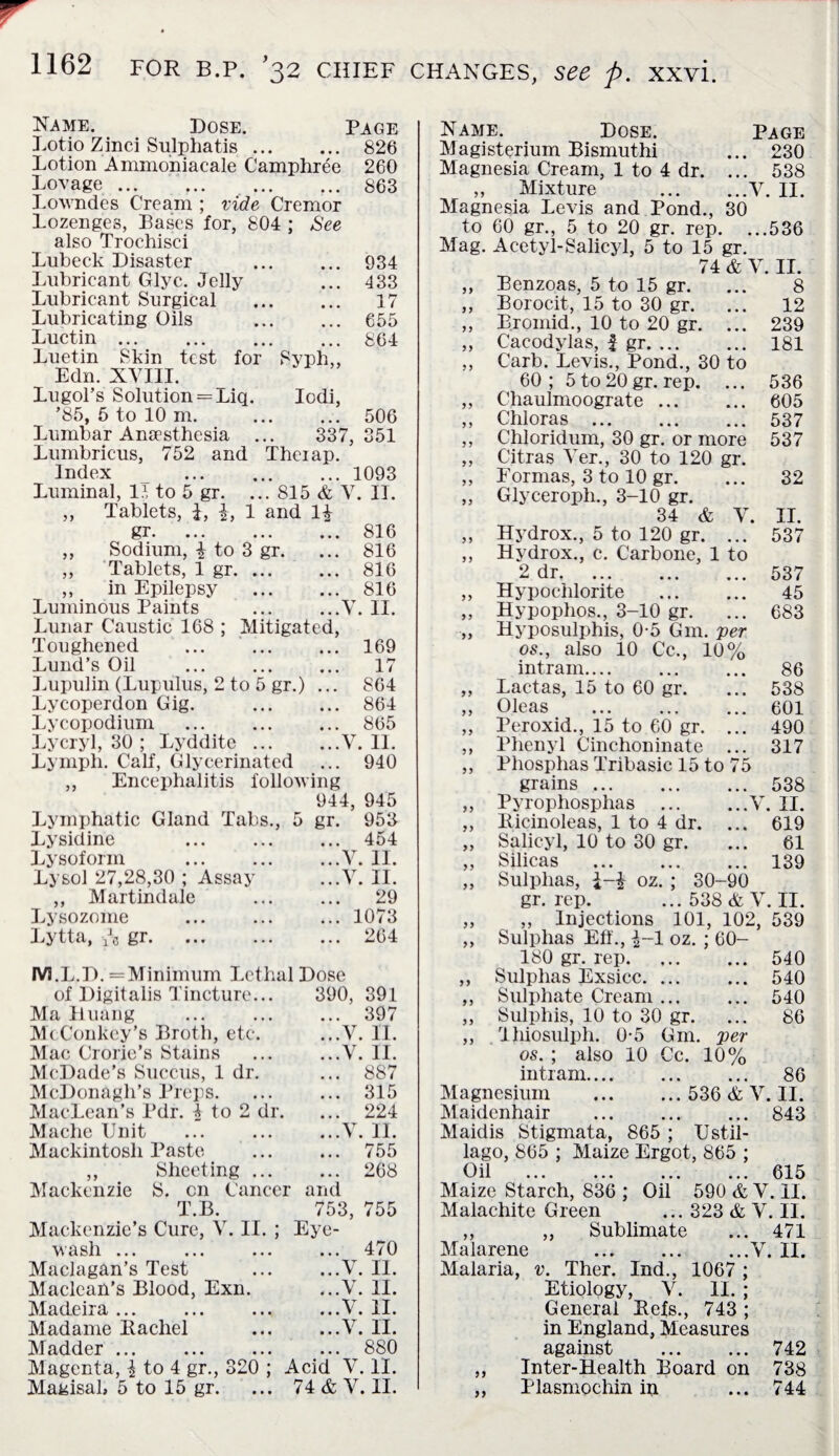 Name. Dose. Page Lotio Zinci Sulphatis. 826 Lotion Ammoniacale Camphree 260 Lovage.863 Lowndes Cream ; vide Cremor Lozenges, Bases for, 804 ; See also Troehisei Lubeck Disaster ... ... 934 Lubricant Glyc. Jelly ... 433 Lubricant Surgical . 17 Lubricating Oils . 655 Luctin.864 Luetin Skin test for Syph,, Edn. XVIII. Lugol’s Solution = Liq. Iodi, ’85, 6 to 10 m. . 506 Lumbar Anaesthesia ... 337,351 Lumbricus, 752 and Theiap. Index 1093 Luminal, l1, to 5 gr. ... 815 & V. II. ,, Tablets, i, £, 1 and 1| gr. ... 816 ,, Sodium, i to 3 gr. ... 816 ,, Tablets, 1 gr. ... ... 816 ,, in Epilepsy ... 816 Luminous Paints ...V. II. Lunar Caustic 168 ; Mitigated, Toughened ... 169 Lund’s Oil 17 Lupulin (Lupulus, 2 to 5 gr.) ... 864 Lycoperdon Gig. ... 864 Lycopodium ... 865 Lycryl, 30 ; Lyddite ... ...V. 11. Lymph. Calf, Glycerinated ... 940 ,, Encephalitis following 944, 945 Lymphatic Gland Tabs., 5 gr. 953 Lysidine ... 454 Lysoform ...V. II. Lysol 27,28,30 ; Assay ...V. II. ,, Martindale 29 Lysozome ... 1073 Lytta, A gr. ... 264 M.L.D. =Minimum Lethal Dose of Digitalis Tincture... 390, 391 Ma Huang McConkcy’s Broth, etc. ... 397 ...V. II. Mac Crorie’s Stains ...V. II. McDade’s Succus, 1 dr. ... 887 McDonagli’s Preps. ... 315 MacLean’s Pdr. 4 to 2 dr. ... 224 Mache Unit ...V. II. Mackintosh Paste ... 755 ,, Sheeting ... ... 268 Mackenzie S. on Cancer and T.B. 753, 755 Mackenzie’s Cure, V. II. ; Eye- wash ... ... 470 Maclagan’s Test ...V. II. Maclean’s Blood, Exn. ...V. 11. Madeira ... ...V. 11. Madame Rachel ...V. II. Madder ... ... 880 Magenta, ^ to 4 gr., 320 ; Acid V. II. Magisal, 5 to 15 gr. ... 74 & V. II. Name. Dose. Page Magisterium Bismuthi ... 230 Magnesia Cream, 1 to 4 dr. ... 538 „ Mixture .V. II. Magnesia Levis and Pond., 30 to 60 gr., 5 to 20 gr. rep. ...536 Mag. Acetyl-Salicyl, 5 to 15 gr. 74 & V. II. „ Benzoas, 5 to 15 gr. ... 8 ,, Borocit, 15 to 30 gr. ... 12 ,, Bromid., 10 to 20 gr. ... 239 ,, Cacodylas, | gr. 181 ,, Carb. Levis., Pond., 30 to 60; 5 to 20 gr. rep. ... 536 ,, Chaulmoograte. 605 ,, Chloras. 537 ,, Chloridum, 30 gr. or more 537 ,, Citras ATer., 30 to 120 gr. ,, Formas, 3 to 10 gr. ... 32 ,, Glyceroph., 3-10 gr. 34 & V. II. ,, Hydrox., 5 to 120 gr. ... 537 ,, Hydrox., c. Carbone, 1 to 2 dr.537 ,, Hypochlorite . 45 ,, Hypoplios., 3-10 gr. ... 683 „ Hyposulphis, 0-5 Gm. per os., also 10 Cc., 10% intram. 86 ,, Lactas, 15 to 60 gr. ... 538 ,, Oleas . 601 ,, Peroxid., 15 to 60 gr. ... 490 ,, Phenyl Cinchoninate ... 317 „ Pliosphas Tribasic 15 to 75 grains. 538 ,, Pyrophosphas .V. II. ,, Ricinoleas, 1 to 4 dr. ... 619 „ Salicyl, 10 to 30 gr. ... 61 ,, Silicas . 139 ,, Sulphas, }-£ oz. ; 30-90 gr. rep. ...538&V. II. ,, ,, Injections 101, 102, 539 ,, Sulphas EfL, %-l oz. ; 60- 180 gr. rep.540 ,, Sulphas Exsicc. 540 ,, Sulphate Cream. 540 ,, Sulphis, 10 to 30 gr. ... 86 ,, Thiosulph. 0-5 Gm. per os. ; also 10 Cc. 10% intram. 86 Magnesium . 536 & V. II. Maidenhair . 843 Maidis Stigmata, 865 ; Ustil- lago, 865 ; Maize Ergot, 865 ; Oil ... ... ... ... 615 Maize Starch, 836 ; Oil 590 & V. II. Malachite Green ... 323 & V. II. ,, ,, Sublimate ... 471 Malarene .V. II. Malaria, v. Ther. Ind., 1067 ; Etiology, V. II. ; General Befs., 743 ; in England, Measures against . 742 ,, Inter-Health Board on 738 ,, Plasmochin in ... 744