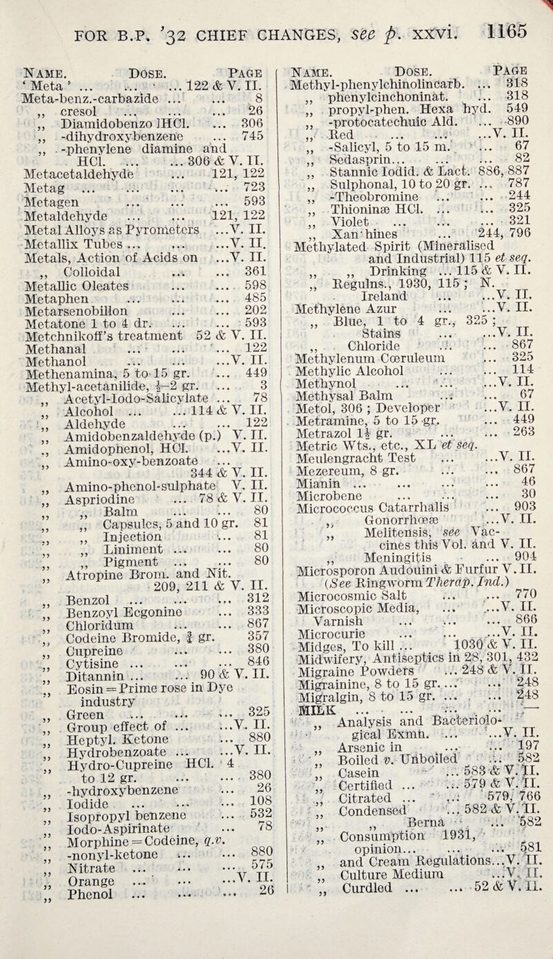55 55 Name. Dose. Page ‘ Meta 5. ■ ... 122 & V. II. Meta-benz.-carbazide ... ... 8 cresol .... ... ... 26 Diamidobenzo 1HC1. ... 806 ,, -dihydroxybenzene ... 745 ,, -phenylene diamine and HC1. 306 & V. II. Metacetaldehyde ... 121, 122 Metag ... ... ... ... 723 Metagen ... ... ... 593 Metaldehyde . 121, 122 Metal Alloys as Pyrometers ... V. II. Metallix Tubes ... ... ...V. II. Metals, Action of Acids on ...V. II. ,, Colloidal ... ... 361 Metallic Oleates ... ... 598 Metaphen ... ... ... 485 Metarsenobillon ... ... 202 Metatone 1 to 4 dr. ... ... 593 Metchnikoff’s treatment 52 & V. II. Methanal ... ... ... 122 Methanol ... ... ...V. II. Methenamina, 5 to 15 gr. ... 449 Methyl-acetanilide, i—2 gr. ... 3 Acetyl-Iodo-Salicylate ... 78 Alcohol ... ...114&V. II. Aldehyde . 122 Amidobenzaldehyde (p.) V. II. Amidophenol, HOI. ...V. II. Amino-oxv-benzoate ” 344 & V. II. ,, Amino-phenol-sulphate V. II. ,, Aspriodine ... 78 & V. II. Balm ... ... 80 Capsules, 5 and 10 gr. 81 Injection ... 81 Liniment ... ... 80 ,, Pigment ... ... 80 Atropine Brom. and Nit. 209, 211 & V. II. Benzol ... ... ... 312 Benzoyl Ecgonine ... 333 Chloridum ... ... 867 Codeine Bromide, | gr. 357 Cupreine ... ... 380 Cytisine ... ... ••• 846 Ditannin ... ... 90 & V. II. Eosin = Prime rose in Dye industry Green . Group effect of ... ...V. II. Heptyl. Ketone ... 880 Hydrobenzoate ... ...V. II. Hydro-Cupreine HC1. 4 to 12 gr. . 380 -hydroxybenzene ... 26 Iodide . J08 Isopropylbenzene ... 532 Iodo-Aspirinate ... '8 Morphine = Codeine, q.v. -nonyl-ketone ..880 Nitrate . 1)75 Orange .... ' .' • Phenol ... ••• 55 55 55 55 55 55 55 55 55 55 5 5 55 55 5 J 55 55 55 55 55 55 55 55 55 55 55 55 55 55 55 55 55 55 55 55 55 55 55 55 55 55' 5 5 55 55 55 55 55 55 55 Name. Dose. Page Methyl-phenylchinolincarb. ... 318 phenylcinchoninat. ... 318 propyl-phen. Hexa hyd. 549 -protocatechuic Aid. ... 890 Bed ... ... ...V. II. -Salicyl, 5 to 15 m. ... 67 Sedasprin... ... ... 82 Stannic Iodid. & Lact. 886, 887 Sulphonal, 10 to 20 gr. ... 787 -Theobromine ... ... 244 Thioninse HC1. ... ... 325 Violet ... ... ... 321 ,, Xanhines ... 244, 796 Methylated Spirit (Mineralised and Industrial) 115 et seq. ,, ,, Drinking ... 115 & V. II. ,, Begulns., 1930, 115; N. Ireland ... ...V. II. Methylene Azur ... ...V. II. „ Blue, 1 to 4 gr., 325 ; Stains ... ...V. II. „ Chloride ... ... 867 Methylenum Cceruleum ... 325 Methylic Alcohol ... ... 114 Methynol ... ... ...V. II. Methysal Balm ... ... 67 Metol, 306 ; Developer ...V. II. Metramine, 5 to 15 gr. ... 449 Metrazol li gr. ... ... 263 Metric Wts., etc., XL et seq. Meulengracht Test ... ...V. II. Mezereum, 8 gr. ... ... 867 Mianin ... ... ... ... 46 Microbene ... ... ... 30 Micrococcus Catarrhalis ... 903 Gonorrhoese ...V. II. Melitensis, see Vac¬ cines this Vol. and V. II. ,, Meningitis ... 904 Microsporon Audouini & Eurfur V. II. {See Bingworm Therap. Ind.) Microcosmic Salt ... ... 770 Microscopic Media, ... ...V. II. Varnish ... ... ••• 866 Microcurie ... ... . ...V. II. Midges, To kill ... 1030 & V. II. Midwifery, Antiseptics in 28, 301, 432 Migraine Powders ... 248 & V. II. Migrainine, 8 to 15 gr— ... 248 Migralgin, 8 to 15 gr. ... ... 248 MILK ... ... ... , ••• Analysis and Bacteriolo* gical Exmh. ... ...V. II. Arsenic in ... ... 197 5 7 55 55 Boiled v. Unboiled 55 ” Casein Certified 582 ... 583 & V. 11. ... 579 & V. II. Citrated ... ' .0 579, 766 Condensed ... 582 & V.1I. „ Berna -w ... '582 ” Consumption 1931, opinion... ... ... 581 ,, and Cream Begulations...V. II. Culture Medium ...VvII. Curdled ... ... 52 &V. II. 55 55 55 55