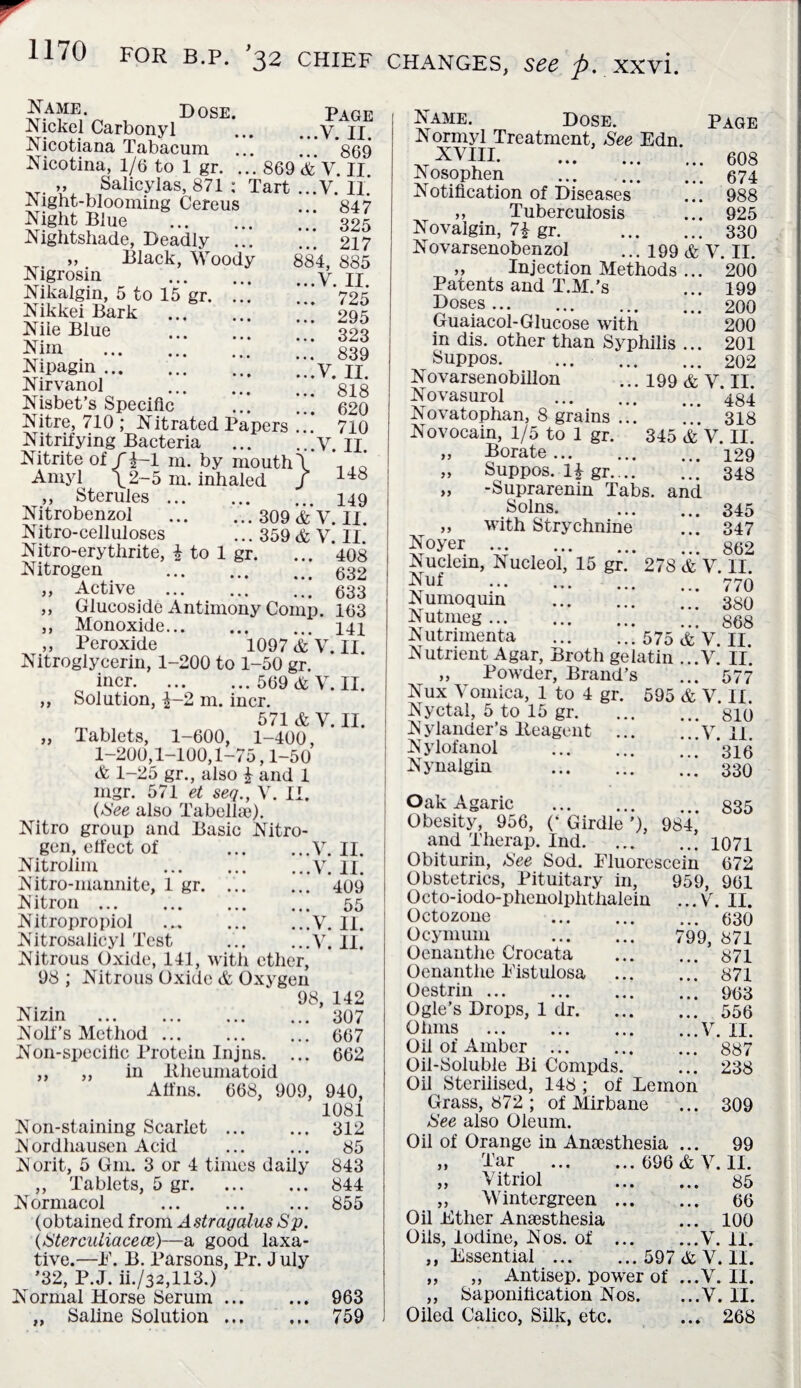 Name Dose. Page Nickel Carbonyl ... ...V. II. Nicotiana Tabacum ... ... *869 Nicotina, 1/6 to 1 gr. ... 869 <fc V. II at- Vi ^Salicylas, 871 : Tart ...V. II. -Might-blooming Cereus 847 Night Biue .; 325 Nightshade, Deadly . 217 „ Black, Woody 884, 885 JSigrosm ... ... V TT Nikalgin, 5 to 15 gr. ... j *725 NihkeiSark .295 Nile Blue . 323 Nim ... ... ... ... 839 Nipagm.V. n Nirvanol . qi o Nisbet’s Specific . 620 Nitre, 710 ; Nitrated Papers ... 710 Nitrifying Bacteria ... . V II Nitrite of f|-l m. by mouth \ \ ' Amyl \2-5 m. inhaled / 148 „ Sterules. 149 Nitrobenzol . 309 & V. II. Nitro-celluloses ...359&VII Nitro-erythrite, £ to 1 gr. ... 408 Nitrogen . 632 ,, Active ... ... ... 633 ,, Glucoside Antimony Comp. 163 „ Monoxide. 141 ,, Peroxide 1097 & V. II. Nitroglycerin, 1-200 to 1-50 gr. incr. 569 & Y. II. ,, Solution, £-2 m. incr. 571 & Y. II. „ Tablets, 1-600, 1-400, 1-200,1-100,1-75,1-50 A 1-25 gr., also £ and 1 mgr. 571 et seq., Y. II. (See also Tabellae). Nitro group and Basic Nitro¬ gen, effect of .V. II. Nitrolim .V. II. Nitro-mannite, 1 gr. 409 Nitron. 55 Nitropropiol ....V. II. Nitrosalicyl Test .V. II. Nitrous Oxide, 141, with ether, 98 ; Nitrous Oxide & Oxygen 98, 142 Nizin .307 Nolf’s Method. ... 667 Non-specific Protein In j ns. ... 662 ,, „ in Bheumatoid Affns. 668, 909, 940, 1081 Non-staining Scarlet. 312 N ordhausen Acid ... ... 85 Norit, 5 Gm. 3 or 4 times daily 843 „ Tablets, 5 gr.844 Normacol . 855 (obtained from Astragalus Sp. (Sterculiacece)—a good laxa¬ tive.—E. B. Parsons, Pr. J uly ’32, P.J. ii./32,113.) ,, Saline Solution. 759 770 380 Name. Dose. Page Normyl Treatment, See Edn. XVIII. ... . 608 Nosophen . 674 Notification of Diseases ... 988 ,, Tuberculosis ... 925 Novalgin, 7£ gr. . 330 Novarsenobenzol ... 199 & V. II. ,, Injection Methods ... 200 Patents and T.M.’s ... 199 Pos<rs.200 Guaiacol-Glucose with 200 in dis. other than Syphilis ... 201 Suppos.202 Novarsenobillon ... 199 & V. II. Novasurol .484 Vovatophan, 8 grains. 318 Novocain, 1/5 to 1 gr. 345 & V. II. „ Borate. 129 „ Suppos. H gr. 348 „ -Suprarenin Tabs, and Solns.345 „ with Strychnine ... 347 Noyer 862 Nuclem, Nucleol, 15 gr. 278 & V. II. Nuf . Numoquin . Nutmeg.868 Nutnmenta . 575 & V. II Nutrient Agar, Broth gelatin ...Y. II. ,, Powder, Brand’s ... 577 Nux Vomica, 1 to 4 gr. 595 & V. II. Nyctal, 5 to 15 gr.810 N ylander’s lieagent .Y 11 Nylofanol . *316 Nynalgin . 330 Oak Agaric .835 Obesity, 956, (* Girdle ’), 984, and Therap. Ind.1071 Obiturin, See Sod. Eluorescein 672 Obstetrics, Pituitary in, 959, 961 Octo-iodo-phenolphthalein ...V. II. Octozone . 630 Ocynium . 799, 871 Oenanthe Crocata . 871 Oenantlie Eistulosa . 871 Oestrin.963 Ogle’s Drops, 1 dr.556 Ohms .Y. II. Oil of Amber . 887 Oil-Soluble Bi Compds. ... 238 Oil Sterilised, 148 ; of Lemon Grass, 872 ; of Mirbane ... 309 See also Oleum. Oil of Orange in Anaesthesia ... 99 „ Tar . 696 & Y. II. „ Vitriol 85 „ Wintergreen. 66 Oil Ether Anaesthesia ... 100 Oils, Iodine, Nos. of .V. II. Essential. 597 & Y. II. „ Antisep. power of ...V. II. Oiled Calico, Silk, etc. ... 268 >1