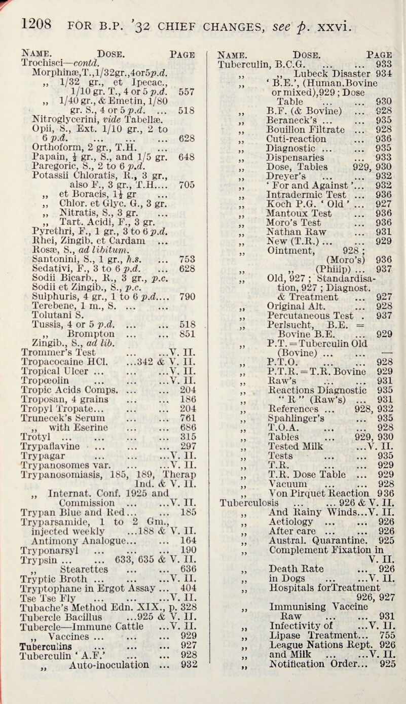 557 518 628 648 705 yy J* Name. Dose. Page Trochisci—contd. MorphinaB, T., 1/3 2gr., 4or5 p.d. ,, 1/32 gr., et Ipecac., 1/10 gr. T., 4 or 5 p.d. ,, 1/40 gr., & Emetin, 1/80 gr. 8., 4 or 5 p.d. ... Nitroglycerini, vide Tabellae. Opii, S., Ext. 1/10 gr., 2 to 6 p.d. ... ... ... Orthoform, 2 gr., T.H. Papain, % gr., S., and 1/5 gr. Paregoric, S., 2 to 6 p.d. Potassii Chloratis, II., 3 gr., also F., 3 gr., et Boracis, IT gr Chlor. et Glyc. G., 3 gr. Nitratis, S., 3 gr. Tart. Acidi, F., 3 gr. Pyrethri, F., 1 gr., 3 to 6 p.d. Bhei, Zingib. et Cardam Posse, S., ad libitum. Santonini, S., 1 gr., h.s. Sedativi, F., 3 to 6 p.d. Sodii Bicarb., It., 3 gr., p.c. Sodii et Zingib., S., p.c. Sulphuris, 4 gr., 1 to 6 p.d.... Terebene, 1 m., S. Tolutani S. Tussi3, 4 or 5 p.d. ,, Brompton Zingib., S., ad lib. Tronnner’s Test Tropacocaine HC1. Tropical Ulcer ... Tropoeolin . ...V. II. Tropic Acids Comps. ... ... 204 Troposan, 4 grains ... ... 186 Tropyl Tropate... ... ... 204 Trunecek’s Serum ... ... 761 ,, with Eserine ... ... 686 Trotyl.315 Trypaflavine . 297 Trypagar ... .V. II. Trypanosomes var. ... ...V. II. Trypanosomiasis, 185, 189, Therap lnd. & V. II. ,, Internat. Conf. 1925 and Commission ... ...V. II. Trypan Blue and Bed... ... 185 Tryparsamide, 1 to 2 Gm., injected weekly ...188 & V. II. Antimony Analogue... ... 164 Tryponarsyl ... ... ... 190 Trypsin ... ... 633, 635 & V. II. ,, Stearettes . 636 Tryptic Broth ... ... ...V. II. Tryptophane in Ergot Assay ... 404 Tse Tse Fly .V. II. Tubache’s Method Edn. XIX., p. 328 Tubercle Bacillus ...925 & V. II. Tubercle—Immune Cattle ...V. II. ,, Vaccines ... . 929 Tuberculins . 027 Tuberculin ‘ A.F.’ ... ... 928 ,, Auto-inoculation ... 932 753 628 790 518 851 II. II. ...V. II. ...V. .342 & V. Name. Dose. Page Tuberculin, B.C.G.933 ,, Lubeck Disaster 934 ‘ B.E.’, (Human.Bovine or mixed),929 ; Dose Table . 930 B.F. (& Bovine) ... 928 Beraneck’s ... ... 935 Bouillon Filtrate ... 928 Cuti-reaction ... 936 Diagnostic. 935 Dispensaries ... 933 Dose, Tables 929, 930 Dreyer’s . 932 ‘ For and Against ’... 932 Intradermic Test ... 936 Koch P.G. ‘ Old’ ... 927 Mantoux Test ... 936 Moro's Test ... 936 Nathan Baw ... 931 New (T.B.) ... ... 929 Ointment, 928 ; (Moro’s) 936 ,, (Philip) ... 937 Old, 927 ; Standardisa¬ tion, 927 ; Diagnost. & Treatment ... 927 Original Alt. ... 928 Percutaneous Test . 937 Perlsucht, B.E. = Bovine B.E. ... 929 P.T. = Tuberculin Old (Bovine). P.T.0.928 P.T.B. = T.B. Bovine 929 Baw’s ..931 Beactions Diagnostic 935 “B” (Baw’s) ... 931 Beferences ... 928, 932 Spahlinger’s ... 935 T.O.A.928 Tables ... 929, 930 Tested Milk ...V. II. Tests . 935 T.B. . 929 T.B. Dose Table ... 929 Vacuum ... ... 928 Von Pirquet Beaction 9 36 Tuberculosis ... ... 926 & V. II. And Bainy Winds...V. II. Aetiology . 926 After care. 926 Austral. Quarantine. 925 Complement Fixation in V. II. Death Bate ... 926 in Dogs .V. II. Hospitals forTreatment 926, 927 Immunising Vaccine Baw . 931 Infectivity of ...V. II. Lipase Treatment... 755 League Nations Bept. 926 and Milk .V. II. Notification Order... 925 yy yy yy yy yy yy yy yy yy yy yy yy yy yy yy yy yy yy yy yy yy yy yy yy yy yy yy yy yy yy yy yy yy yy yy yy yy yy yy yy yy yy yy yy yy yy