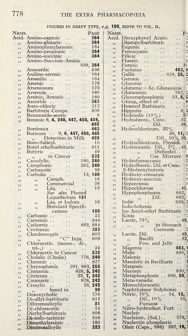 FIGURES IN HEAVY TYPE, e.g. tOO, REFER TO VOL. II. Name. yy yy Butyric ,, in Cancer Cacodylic. Camphoric Carbazotic Carbolic . . Camph. Commercial Liq. .. .. See also Phenol Liquefactum 181 Liq. et Iodum . . Standard Specifi¬ cations Carbonic . . Carminic . . Cathartic . . Cevitamic Chaulmoogric (C” Injn. 49 180, 240 262, 240 56 13, 180 16 26 15 > > yy 18 180 22 . . 844 883, 884 . . 383 . . 603 609 Chloracetic. (mono tri-,) Chloracetic in Cancer Cholalic (Cholic) Chromic Chrysophanic Cinnamic. . Citricum Coumaric. . Cresylic .. ,, henol in Desoxy cholic Di-allyl-barbituric Dibromsalicylic Di-chloracetic Diethylbarbituric Di-iodo-taririnic Dimethylarsinic . , Dinitrosalicylic di-, 24 •132 776, 240 . . 827 291, 883, 258 828, 5, 242 25, 7, 242 828, 242 26. 242 90 776 815 21 24 806 516 180 323 Page Name P / Amino-caproic 364 Acid. Dioxyphenyl Acetic • • u Amino-glutaric 364 yy Dipropylbarbituric . . * Aminophenylarsonic 184 yy Eugenic . . £ Amino-propionic 364 yy Ferrocyanic • • W. Amino-succinic 364 yy Filicic c: Amino-Succinic-Amide yy Fluoric . . 5 839, 364 y y Formic . . 31 Anacardic 836 y y Fuchsine . . 463, e Aniline-arsenic 184 yy Gallic . . . . 829, 25, S Arsanilic 184 y y Geronic • • V Arsenic 178 y y Gluconic . . r Arseniosum 173 y y Glutamic = Ac. Glutaminic Arsenoic . . 180 y y Glutaminic 762, Z Arsing Arsonic 180 y y Glycerophosphoric 33, 8, £ Ascorbic 383 y y Group, effect of .. .. e Auro-chloric 212 y y Hexenyl Barbituric .. t Barbituric Comps. 806 yy Hippuric • • 8, £ Benzamido-acetic 8 yy Hydriodic (10%) . . 37 Benzoic 6, 4, 240, 447, 450, 459, y y Hydrobrom., Cone. ..37, 465 y y Dil. . .38, Bordeaux 463 yy Hydrochloricum, 32% Boricum . . 9, 6, 447, 460, 465 38, 11, Z ,, Detection in Milk 425 yy ,, Dil., 10% 39, Boro-Salicyl. 10 yy Hydrochloricum, Physiol. 1 Butyl ethylbarbituric 811 yy Hydrocyanic. Dil., 2%.. 40, ff yy yy yy yy yy ..41, 682, 682, 830, c yy yy yy yy yy yy yy j y yy yy yy yy ,, (Scheele).. ,, Gas Mixture Hydroferrocyanic Hydrofluoric. Dil. et Cone. [3-Hydro xybutyric Hvdroxy-cinnamic Hydroxy-succinic Hyperosmic Hypochlorous Hypophosphoros. Dil. Iodic Iodo-behenic Iso Amyl-ethyl Barbituric £ Kinic . . . . i Lactic, 75% . . . . 48, ,, ,, in Stomach Contents . . <. Lactic. Dil. . . . . 49, ,, Bacilli .. ..52, ,, Pess. and Jelly Magenta Malic Malonic Mandelic in Bacilluria Margosic Meconic Metaphosphoric . . 889, 20, \ Meta-vanadic . . .. i Monochloracetic Naphthalene Sulphonic. . Nitric, 70% . . 54, 18, I Dil., 10% 55, Fumans Nitro-hydrochor. Fort. . . Nucleic . . . . .. ! Nucleinic. (Sol.). . 278, ! Nucleotin phosphoric .. 1 Oleic (Caps., 598) 597,19,1 463, < 830. 1 830. y y yy