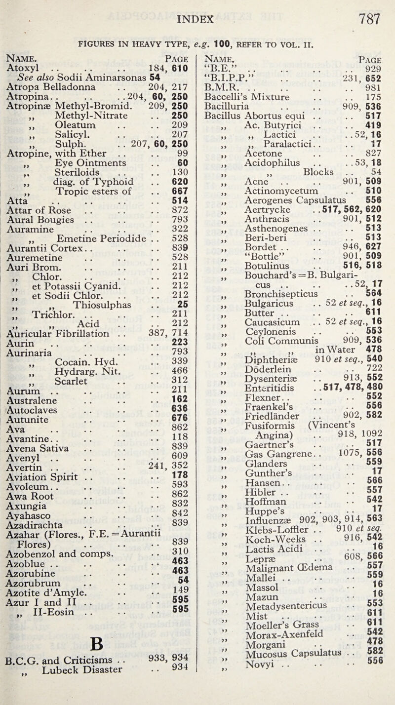 FIGURES IN HEAVY TYPE, e.g. 100, REFER TO VOL. II. Name. Page Atoxyl . . . . . . 184, 610 See also Sodii Aminarsonas 54 Atropa Belladonna . . 204, 217 Atropina. . .. ..204, 60, 250 Atropinae Methyl-Bromid. 209, 250 ,, Methyl-Nitrate . . 250 387 Oleatum ,, Salicyl. „ Sulph. . . 207, Atropine, with Ether . . ,, Eye Ointments ,, Steriloids ,, diag. of Typhoid ,, Tropic esters of Atta Attar of Rose Aural Bougies Auramine ,, Emetine Periodide Aurantii Cortex Auremetine Auri Brom. ,, Chlor. ,, et Potassii Cyanid „ et Sodii Chlor. ,, ,, Thiosulphas ,, Trichlor. . . „ „ Acid Auricular Fibrillation Aurin Aurinaria ,, Cocain. Hyd. „ Hydrarg. Nit ,, Scarlet Aurum . . Australene Autoclaves Autunite Ava Avantine. . Avena Sativa Avenyl .. Avertin .... . . 24 Aviation Spirit Avoleum. . Awa Root Axungia Ayahasco Azadirachta Azahar (Flores., F.E. =Aurantii Flores) Azobenzol and comps. Azoblue . . Azorubine Azorubrum Azotite d’Amyle Azur I and II II-Eosin 209 207 60, 250 99 60 130 620 667 514 872 793 322 528 839 528 211 212 212 212 25 211 212 714 223 793 339 466 312 211 162 636 676 862 118 839 609 1, 352 178 593 862 832 842 839 839 310 463 463 54 149 595 595 B B.C.G. and Criticisms . . Lubeck Disaster 933, 934 . 934 Name. Page “B.E.”.929 “B.I.P.P.” .. .. 231,652 B.M.R..981 Baccelli’s Mixture . . . . 175 Bacilluria . . .. 909, 536 Bacillus Abortus equi . . . . 517 ,, Ac. Butyrici . . . . 419 ,, ,, Lactici .. ..52,16 ,, Paralactici. . . . 17 Acetone . . . . 827 Acidophilus .. ..53,18 ,, Blocks . . 54 Acne . . . . 901, 509 Actinomycetum . . 510 Aerogenes Capsulatus 556 Aertrycke . .517, 562, 620 >> 9> yy y> yy yy yy yy yy yy yy yy yy yy yy yy yy yy yy yy yy yy yy yy yy yy yy yy yy yy yy yy yy yy yy yy yy yy yy yy yy yy Anthracis Asthenogenes Beri-beri Bordet . . “Bottle” Botulinus Bouchard’s = B cus Bronchisepticus Bulgaricus Butter . . Caucasicum Ceylonenis Coli Communis 901, 512 .. 513 .. 513 946, 627 901, 509 516, 518 Bulgari- ..52,17 . . 564 . 52 et seq., 16 .. 611 . 52 et seq., 16 .. 553 909, 536 Diphtherise Doderlein Dysenteriae Enteritidis Flexner. . Fraenkel’s Friedlander Fusiformis Angina) Gaertner’s Gas Gangrene Glanders Gunther’s Hansen. . Hibler . . Hoffman Huppe’s in Water 478 910 et seq., 540 . . 722 913,552 . .517, 478, 480 . . 552 556 902, 582 (Vincent’s 918, 1092 .517 1075, 556 559 17 566 557 542 17 Influenzae 902, 903, 914, 563 Klebs-Loffler . . 910 et seq. Koch-Weeks . . Lactis Acidi Leprae Malignant (Edema Mallei Massol Mazun Metadysentericus Mist Moeller’s Grass Morax-Axenfeld Morgani Mucosus Capsulatus Novyi 916, 542 .. 16 608, 566 557 559 16 16 553 611 611 542 478 582 556