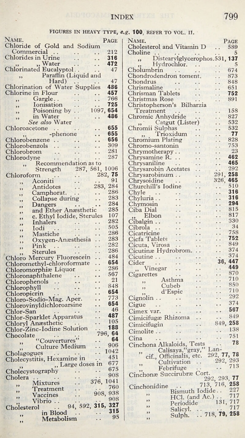 FIGURES IN HEAVY TYPE, e.g. 100; REFER TO VOL. II. Page Name. Chloride of Gold and Sodium Commercial . . . . . . 212 Chlorides in Urine .. .. 316 ,, ,, Water . . . . 472 Chlorinated Eucalyptol. . . . 47 ,, Paraffin (Liquid and Hard) . . . . 47 Chlorination of Water Supplies 486 Chlorine in Flour . . . . 457 ,, Gargle. . . . . . 766 ,, Ionisation . . . . 725 ,, Poisoning by . . 1097, 654 ,, in Water . . . . 486 See also Water Chloroacetone . . . . .. 655 ,, -phenone .. 655 Chlorobenzene . . .. . . 656 Chlorobenzols . . . . . . 309 Chlorobrom . . . . . . 281 Chlorodyne . . . . . . 287 ,, Recommendation as to Strength 287, 561, 1006 Chloroform . . . . 282, 75 Aconiti . . • . 91 Antidotes . . 283. 284 Camphorat. Collapse during Dangers and Ether Anaesthetic c. Ethyl Iodide, Sterules Inhalers lodi Mastiche Oxygen-Anaesthesia Pink „ Sterules Chloro Mercury Fluorescein Chloromethyl-chloro formate Chloromorphiae Liquor Chloronaphthalene Chlorophenols Chlorophyll Chloropicrin Chloro-Sodio-Mag. Aper. Chloro vinyldichloroarsine Chlor-San Chlor-Sparklet Apparatus Chloryl Anaesthetic Chlor-Zinc-Iodine Solution Chocolate ,, “Couvertures” ,, Culture Medium Cholagogues Cholecystitis, Hexamine in ,, Large doses Cholecystography Cholera . . ,, Mixtures ,, Treatment ,, Vaccines „ Vibrio . . Cholesterol . . 94, in Blood . Metabolism yy 286 283 284 285 107 282 . 505 . 286 . 283 . 282 . 286 . 484 . 654 . 286 . 567 . 21 . 848 . 654 . 773 . 654 . 46 . 487 . 105 . 188 796, 64 . 64 . 906 . 1042 . 451 677 675 908 376, 1041 760 908, 938 908 592, 315, 327 . .. 315 95 in Name. Page Cholesterol and Vitamin D . . 589 Choline . . . . . . . . 5 „ Distearylglycerophos.531, 137 ,, Hydrochlor. Cholumbrin Chondrodendron toment Chondrus Chrismaline Chrisman Tablets Christmas Rose Christopherson’s Bilharzia Treatment Chromic Anhydride ,, Catgut (Lister) Chromii Sulphas ,, Trioxidum Chromium Plating Chromo -santonin Chrymotherapy.. Chrysamine R. . . Chrysaniline Chrysarobin Acetates Chrysarobinum . . Chrysoidine Churchill’s Iodine Chyle Chyluria Chymosin Ciba Dial ,, Elbon Cibalgin . . Cibrola Cicatricine Cicfa Tablets Cicuta, Virosa . . Cicutinae Hydrobrom. Cicutine Cider ,, Vinegar Cigarettes ,, Asthma ,, Cubeb ,, d’Espic Cignolin Cigue Cimex var. Cimicifugae Rhizoma Cimicifugin Cimolite Cina Cinchona Alkaloids, Tests ,, Calisaya,“gray,” Lan- cif., Officinalis, etc. 292, 77, 78 Cultivation . . 292, 293 ” Febrifuge .. •• 713 Cinchonas Succirubraa Co* 2M> „ 713, 716, 258 Bismuth Iodide. . 227 HC1. (and Ac.) . . 717 Periodide 131, 717 Salicyl. . . • • 717 Sulph. . . 718, 79, 258 5 674 873 848 651 752 891 158 827 532 532 77 828 753 23 462 465 292 291, 258 326, 465 510 316 316 294 815 817 330 34 758 752 849 374 374 36, 447 449 870 710 850 710 292 374 567 849 849, 258 138 751 78 Cinchonidine