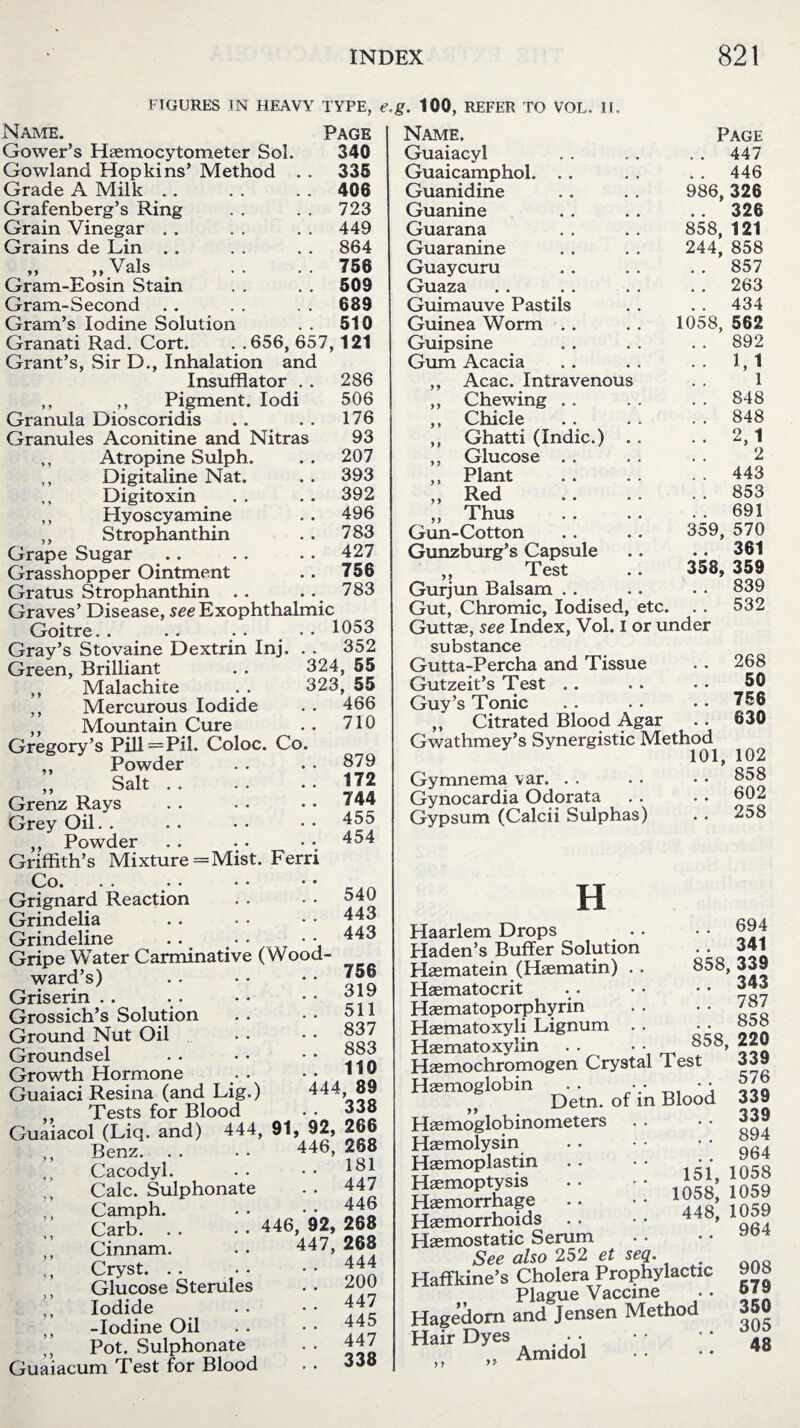 FIGURES IN HEAVY TYPE, e.g. 100, REFER TO VOL- II. Name. Gower’s Haemocytometer Sol Gowland Hopkins’ Method Grade A Milk .. Grafenberg’s Ring Grain Vinegar . . Grains de Lin . . „ „ Vais Gram-Eosin Stain Gram-Second . . Gram’s Iodine Solutior Granati Rad. Cort. Grant’s, Sir D., Inhalation and Insufflator . . ,, ,, Pigment. Iodi Granula Dioscoridis Granules Aconitine and Nitras ,, Atropine Sulph. ,, Digitaline Nat. ,, Digitoxin ,, Hyoscyamine ,, Strophanthin Grape Sugar Grasshopper Ointment Gratus Strophanthin Graves’ Disease, see Exophthalmic Goitre. . . . . . . • 1053 Gray’s Stovaine Dextrin Inj. . . 352 Green, Brilliant . . 324, 55 Malachice . . 323, 55 Page 340 335 406 723 449 864 756 509 689 510 .656, 657, 121 286 506 176 93 207 393 392 496 783 427 756 783 ,, Mercurous Iodide ,, Mountain Cure Gregory’s Pill = Pil. Coloc. Co. ,, Powder ,, Salt . . Grenz Rays Grey Oil. . ,, Powder Griffith’s Mixture =Mist. Ferri Co. Grignard Reaction Grindelia Grindeline Gripe Water Carminative (Wood¬ ward’s) Griserin Grossich’s Solution Ground Nut Oil Groundsel Growth Hormone Guaiaci Resina (and Lig.) ,, Tests for Blood Guaiacol (Liq. and) 444, ,, Benz. ,, Cacodyl. Calc. Sulphonate ,, Camph. ,, Carb. ,, Cinnam. ,, Cryst. Glucose Sterules Iodide ,, -Iodine Oil Pot. Sulphonate Guaiacum Test for Blood 466 710 879 172 744 455 454 540 443 443 756 319 511 837 883 110 444, 89 . . 338 91, 92, 266 446, 268 . . 181 . . 447 446 446, 92, 268 447, 268 444 200 447 445 447 338 Name. Page Guaiacyl . . . . . . 447 Guaicamphol. . . . . . . 446 Guanidine . . . . 986,326 Guanine . . . . . . 326 Guarana . . . . 858, 121 Guaranine . . . . 244, 858 Guaycuru . . . . . . 857 Guaza . . . . . . . . 263 Guimauve Pastils . . . . 434 Guinea Worm . . . . 1058, 562 Guipsine . . . . . . 892 Gum Acacia . . . . . . 1,1 ,, Acac. Intravenous . . 1 ,, Chewing .. . . . . 848 „ Chicle .848 ,, Ghatti (Indie.) . . . . 2,1 ,, Glucose . . . . . . 2 ,, Plant . . . . . . 443 „ Red .853 „ Thus .691 Gun-Cotton . . . . 359, 570 Gunzburg’s Capsule .. • ■ 361 „ Test .. 358, 359 Gurjun Balsam . . . . . • 839 Gut, Chromic, Iodised, etc. . . 532 Guttae, see Index, Vol. I or under substance Gutta-Percha and Tissue . . 268 Gutzeit’s Test . . . . • • 50 Guy’s Tonic . . . • • • 756 ,, Citrated Blood Agar . . 630 Gwathmey’s Synergistic Method 101, 102 Gymnema \ar. . . . • ♦ • 858 Gynocardia Odorata . . . . 602 Gypsum (Calcii Sulphas) . . 258 H 858, Haarlem Drops • Haden’s Buffer Solution Haematein (Haematin) . Haematocrit Haematoporphyrin Haematoxyli Lignum . Haematoxylin . . • Haemochromogen Crystal 1 est Haemoglobin .. •• •• Detn. of in Blood Haemoglobinometers Haemolysin Haemoplastin Haemoptysis Haemorrhage Haemorrhoids Haemostatic Serum See also 252 et. . I-Iaffkine’s Cholera Prophylactic Plague Vaccine Hagedom and Jensen Method Hair Dyes • • .. Amidol . . 694 . . 341 858, 339 . . 343 seq. 787 858 220 339 576 339 339 . . 894 . . 964 151, 1058 1058, 1059 448, 1059 . . 964 908 679 350 305 48