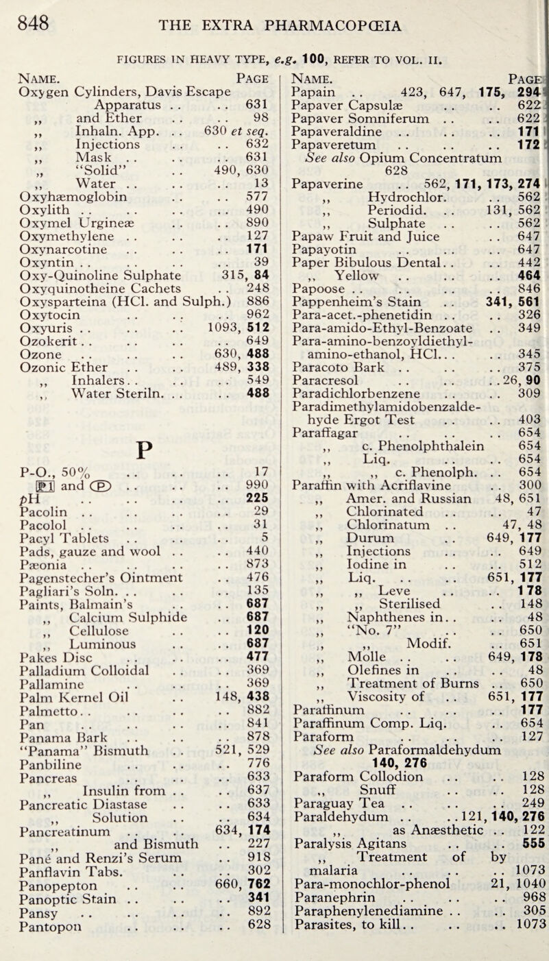 FIGURES IN HEAVY TYPE, e.g. 100, REFER TO VOL. II. Name. Page Name. Page Oxygen Cylinders, Davis Escape Papain . . 423, 647, 175. 294 Apparatus . . .. 631 Papaver Capsulae . . 622 ,, and Ether 98 Papaver Somniferum . . . . 622 ,, Inhaln. App. . . 630 et seq. Papaveraldine .. 171 i ,, Injections . . 632 Pap avere turn . . 172 ,, Mask . . . . 631 See also Opium Concentratum „ “Solid” ,, Water 490, 630 13 628 Papaverine . . 562, 171, 173, 274 Oxy haemoglobin . . 577 ,, Hydrochlor. . . 562 Oxylith . . 490 ,, Periodid. 131, 562 Oxymel Urgineae . . 890 ,, Sulphate . . 562 Oxymethylene . . 127 Papaw Fruit and Juice . . 647 Oxynarcotine 171 Papayotin . . 647 Oxyntin 39 Paper Bibulous Dental. . . . 442 Oxy-Quinoline Sulphate 315, 84 ,, Yellow . . 464 Oxyquinotheine Cachets . . 248 Papoose . . 846 Oxysparteina (HC1. and Sulph.) 886 Pappenheim’s Stain 341, 561 Oxytocin . . . . . . 962 Para-acet.-phenetidin . . . . 326 Oxyuris 1093, 512 Para-amido-Ethvl-Benzoate . . 349 Ozokerit Ozone . . 649 630, 488 Para-amino-benzoyldiethyl- amino-ethanol, HC1.. . . . 345 Ozonic Ether 489, 338 Paracoto Bark . . 375 ,, Inhalers.. . . 549 Paracresol . .26, 90 ,, Water Steriln. . . . . 488 Paradichlorbenzene . . 309 P P-O., 50% EFH and CP) 17 Paradimethylamidobenzalde- hyde Ergot Test Paraffagar ,, c. Phenolphthalein ,, Liq. . . ,, ,, c. Phenolph. . . 403 . . 654 654 . . 654 . . 654 . . 990 Paraffin with Acriflavine . . 300 pH . 225 ,, Amer. and Russian 48, 651 Pacolin . . 29 ,, Chlorinated 47 Pacolol 31 ,, Chlorinatum . . 47, 48 Pacyl Tablets 5 ,, Durum 649, 177 Pads, gauze and wool . . . . 440 ,, Injections . . 649 Paeonia . . 873 ,, Iodine in . . 512 Pagenstecher’s Ointment Pagliari’s Soln. . . 476 ,, Liq« . . . . 651, 177 . . 135 ,, ,, Leve . . 178 Paints, Balmain’s . . 687 ,, ,, Sterilised . . 148 ,, Calcium Sulphide . . 687 ,, Naphthenes in. . 48 ,, Cellulose 120 „ “No. 7” . . 650 ,, Luminous . . 687 ,, ,, Modif. . . 651 Pakes Disc 477 ,, Molle . . 649, 178 Palladium Colloidal . . 369 ,, Olefines in 48 Pallamine . . 369 ,, Treatment of Burns . . 650 Palm Kernel Oil 148, 438 ,, Viscosity of Paraflinum 651, 177 Palmetto . . 882 . . 177 Pan . . 841 Paraffinum Comp. Liq. . . 654 Panama Bark . . 878 Paraform . . 127 “Panama” Bismuth 521, 529 See also Paraformaldehydum Panbiline Pancreas . . 776 . . 633 140, 276 Paraform Collodion . . 128 ,, Insulin from . . . . 637 ,, Snuff . . 128 Pancreatic Diastase . . 633 Paraguay Tea . . 249 ,, Solution . . 634 Paraldehydum .. ..121 140, 276 Pancreatinum 634, 174 ,, as Anaesthetic . . 122 ,, and Bismuth . . 227 Paralysis Agitans . . 555 Pane and Renzi’s Serum . . 918 ,, Treatment of by Panflavin Tabs. . . 302 malaria .. 1073 Panopepton 660, 762 Para-monochlor-phenol 21, 1040 Panoptic Stain . . 341 Paranephrin . . 968 Pansy . . 892 Paraphenylenediamine . . . . 305 Pantopon . . 628 Parasites, to kill. . .. 1073