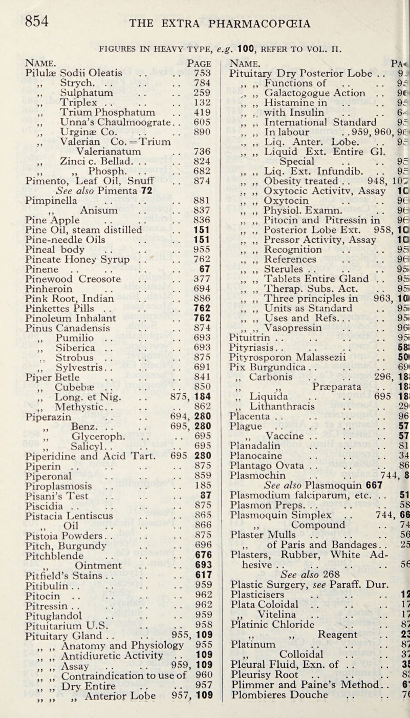 FIGURES IN HEAVY TYPE, e.g. 100, REFER TO VOL. II. Name. Page Name. Pa« Pilulae Sodii Oleatis 753 Pituitary Dry Posterior Lobe . . 9 ,, Strych. . . 784 ,, ,, Functions of 95 ,, Sulphatum 259 ,, ,, Galactogogue Action 9f ,, Triplex . . 132 ,, ,, Histamine in 95 ,, Trium Phosphatum 419 ,, ,, with Insulin . . 6- ,, Unna’s Chaulmoograte. . 605 ,, ,, International Standard 95 ,, Urginas Co. 890 ,, ,, In labour ..959, 960, 9(5 ,, Valerian Co.=Trium ,, ,, Liq. Anter. Lobe. 95 Valerianatum 736 ,, ,, Liquid Ext. Entire Gl. ,, Zinci c. Bellad. . . 824 Special # * 95 ,, ,, Phosph. 682 ,, ,, Liq. Ext. Infundib. # , 95 Pimento, Leaf Oil, Snuff 874 ,, ,, Obesity treated . . 948, 10v See also Pimenta 72 ., ,, Oxytocic Activity, Assay 1C Pimpinella 881 ,, ,, Oxytocin a # 96 ,, Anisum 837 ,, ,, Physiol. Examn. 96 Pine Apple 836 ,, ,, Pitocin and Pitressin in 96 Pine Oil, steam distilled 151 ,, ,, Posterior Lobe Ext. 958, 1C Pine-needle Oils 151 ,, ,, Pressor Activity, Assay 10 Pineal body 955 ,, ,, Recognition , * 95 Pineate Honey Syrup . . 762 ,, ,, References 96 Pinene 67 ,, ,, Sterules . . 95 Pinewood Creosote 377 ,, ,, Tablets Entire Gland . . 95 Pinheroin 694 ,, ,, Therap. Subs. Act. # # 95 Pink Root, Indian 886 ,, ,, Three principles in 963, 16* Pinkettes Pills 762 ,, ,, Units as Standard # # 95 Pinoleum Inhalant 762 ,, ,, Uses and Refs.. . # . 95 Pinus Canadensis 874 ,, ,, Vasopressin , , 96S ,, Pumilio . . 693 Pituitrin . . # # 95 ,, Siberica . . 693 Pityriasis 5& ,, Strobus . . 875 Pityrosporon Malassezii , , 50* ,, Sylvestris.. 691 Pix Burgundica . . 69* Piper Betle 841 ,, Carbonis 296, 18 ,, Cubebse . . 850 ,, ,, Praeparata , a 18 ,, Long, et Nig. 875, 184 ,, Liquida 695 18 ,, Methystic. . , . 862 ,, Lithanthracis • . 29 Piperazin 694, 280 Placenta , , 96 ,, Benz. . . 695, 280 Plague . , 57 ,, Glyceroph. , , 695 ,, Vaccine * , 57 ,, Salicyl. . 695 Planadalin • . 81 Piperidine and Acid Tart. 695 280 Planocaine . , 34 Piperin 875 Plantago Ovata . . , . 86 Piperonal 859 Plasmochin 744, 8 Piroplasmosis 185 See also Plasmoquin 667 Pisani’s Test 37 Plasmodium falciparum, etc. . . 51 Piscidia 875 Plasmon Preps. , . 58 Pistacia Lentiscus 865 Plasmoquin Simplex 744 , 66 „ Oil 866 ,, Compound a . 74 Pistoia Powders 875 Plaster Mulls . . 56 Pitch, Burgundy 696 ,, of Paris and Bandages. . 25 Pitchblende 676 Plasters, Rubber, White Ad- ,, Ointment 693 hesive , . 56 Pitfield’s Stains 617 See also 268 Pitibulin 959 Plastic Surgery, see Paraff. Dur. Pitocin 962 Plasticisers , , IS Pitressin 962 Plata Coloidal a . Vi Pituglandol 959 ,, Vitelina • . Vi Pituitarium U.S. 958 Platinic Chloride . • 8: Pituitary Gland . . 955, 109 ,, ,, Reagent • a 22 ,, Anatomy and Physiology 955 Platinum • • 8: ,, ,, Antidiuretic Activity , , 109 ,, Colloidal a # 3: 7 7 7 7 .. .. Assav 959, 109 Pleural Fluid, Exn. of . . a « 31 .. Contraindication to use of 960 Pleurisy Root , . 8: ,, ,, Dry Entire . . 957 Plimmer and Paine’s Method. . 6 ,, ,, „ Anterior Lobe 957, 109 Plombieres Douche • • 7(