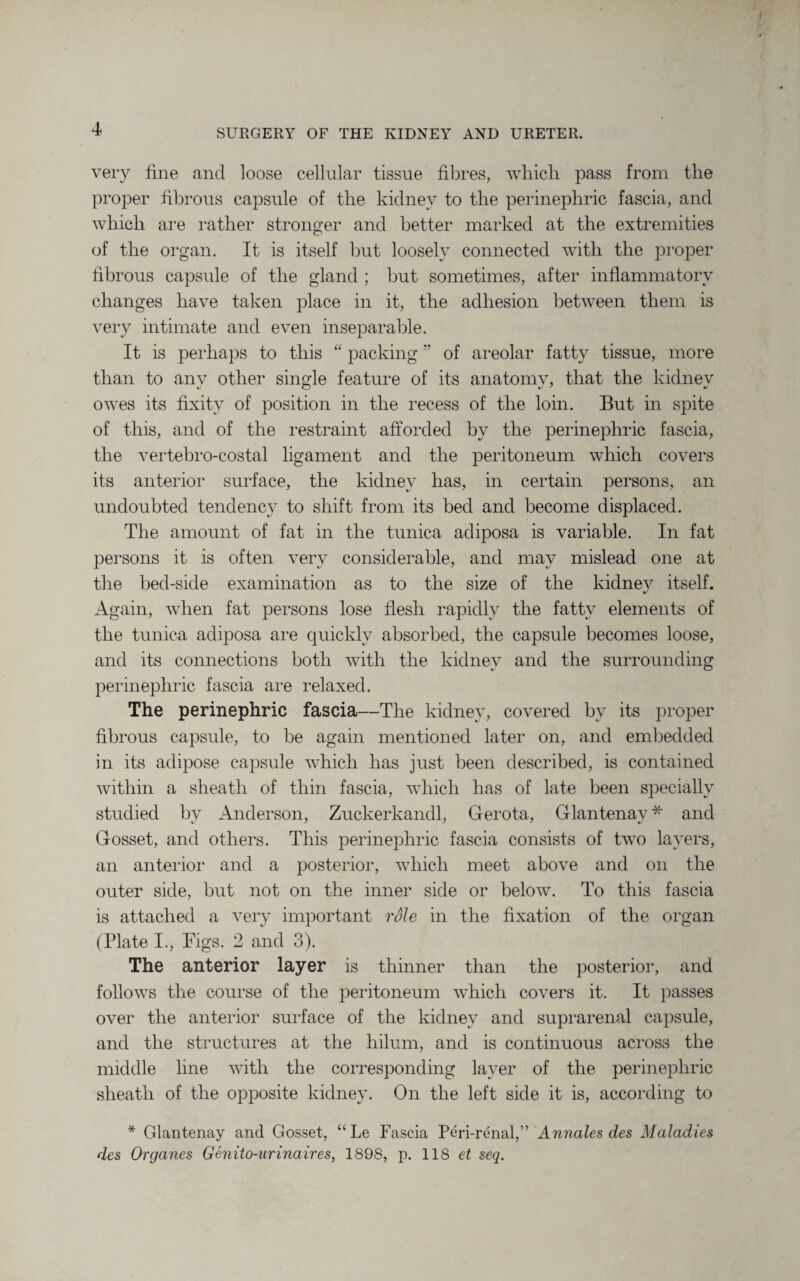 very fine and loose cellular tissue fibres, whicli pass from the proper fibrous capsule of the kidney to the perinephric fascia, and which are rather stronger and better marked at the extremities of the organ. It is itself but loosely connected with the proper fibrous capsule of the gland ; but sometimes, after inflammatory changes have taken place in it, the adhesion between them is very intimate and even inseparable. It is perhaps to this “ packing ” of areolar fatty tissue, more than to any other single feature of its anatomy, that the kidney owes its fixity of position in the recess of the loin. But in spite of this, and of the restraint afforded by the perinephric fascia, the vertehro-costal ligament and the peritoneum which covers its anterior surface, the kidney has, in certain persons, an undoubted tendency to shift from its bed and become displaced. The amount of fat in the tunica adiposa is variable. In fat persons it is often very considerable, and may mislead one at the bed-side examination as to the size of the kidnev itself. «/ Again, when fat persons lose flesh rapidly the fatty elements of the tunica adiposa are quickly absorbed, the capsule becomes loose, and its connections both with the kidney and the surrounding perinephric fascia are relaxed. The perinephric fascia—The kidney, covered by its proper fibrous capsule, to be again mentioned later on, and embedded in its adipose capsule which has just been described, is contained within a sheath of thin fascia, which has of late been specially studied by Anderson, Zuckerkandl, Gerota, Glantenay * and Gosset, and others. This perinephric fascia consists of two layers, an anterior and a posterior, which meet above and on the outer side, but not on the inner side or below. To this fascia is attached a very important role in the fixation of the organ (Plate I., Figs. 2 and 3). The anterior layer is thinner than the posterior, and follows the course of the peritoneum which covers it. It passes over the anterior surface of the kidney and suprarenal capsule, and the structures at the hilum, and is continuous across the middle line with the corresponding layer of the perinephric sheath of the opposite kidney. On the left side it is, according to * Glantenay and Gosset, “Le Fascia Peri-renal,” Annales des Maladies des Organes Genito-nr inair es, 1898, p. 118 et seq.