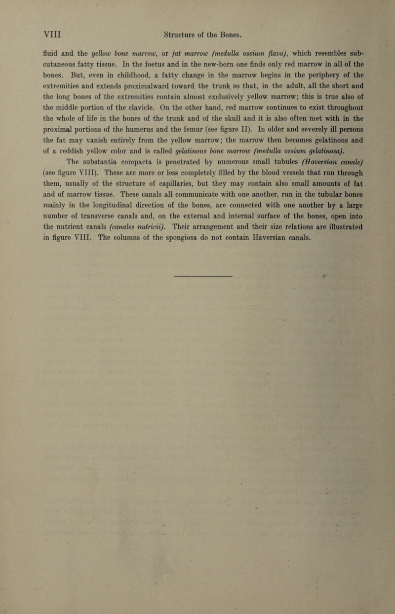 fluid and the yelloiv bone marrow, or fat marrow (medulla ossium flava), which resembles sub¬ cutaneous fatty tissue. In the foetus and in the new-born one finds only red marrow in all of the bones. But, even in childhood, a fatty change in the marrow begins in the periphery of the extremities and extends proximalward toward the trunk so that, in the adult, all the short and the long bones of the extremities contain almost exclusively yellow marrow; this is true also of the middle portion of the clavicle. On the other hand, red marrow continues to exist throughout the whole of life in the bones of the trunk and of the skull and it is also often met with in the proximal portions of the humerus and the femur (see figure II). In older and severely ill persons the fat may vanish entirely from the yellow marrow; the marrow then becomes gelatinous and of a reddish yellow color and is called gelatinous bone marrow (medulla ossium gelatinosa). The substantia compacta is penetrated by numerous small tubules (Haversian canals) (see figure VIII). These are more or less completely filled by the blood vessels that run through them, usually of the structure of capillaries, but they may contain also small amounts of fat and of marrow tissue. These canals all communicate with one another, run in the tubular bones mainly in the longitudinal direction of the bones, are connected with one another by a large number of transverse canals and, on the external and internal surface of the bones, open into the nutrient canals (canales nutricii). Their arrangement and their size relations are illustrated in figure VIII. The columns of the spongiosa do not contain Haversian canals.