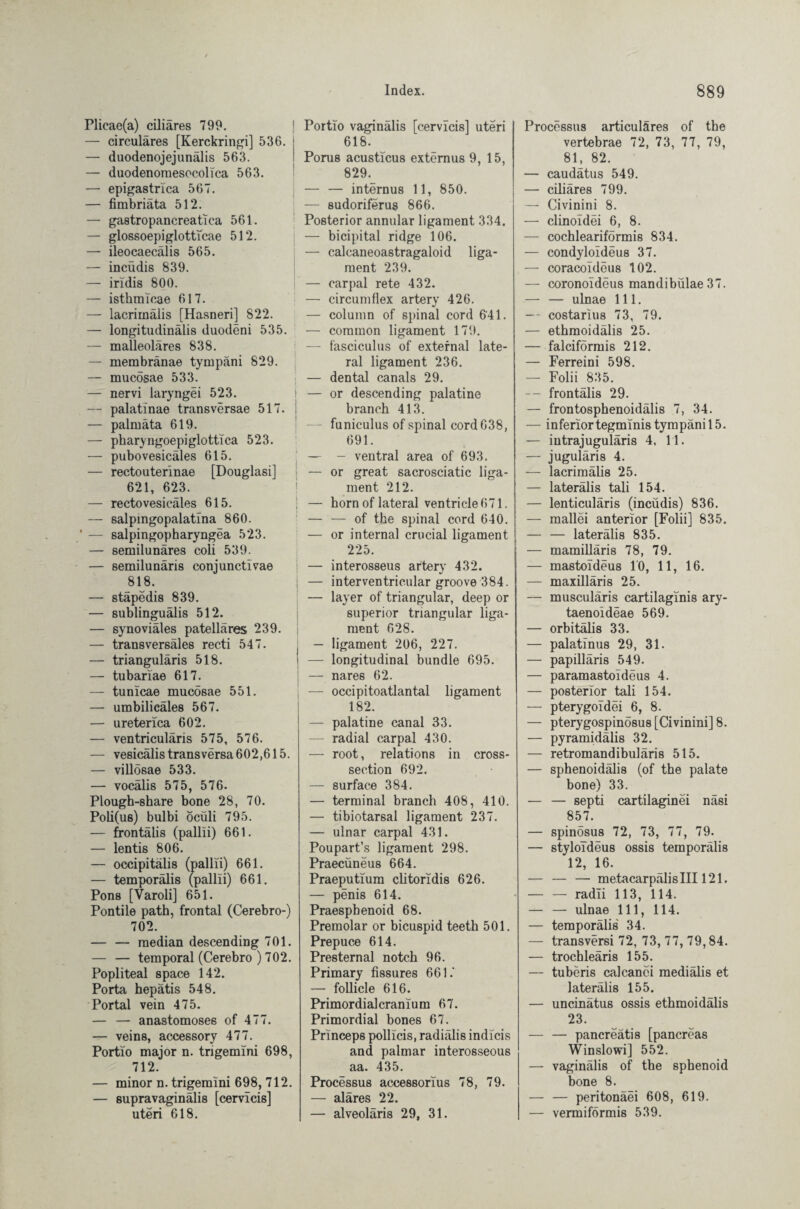 Plieae(a) ciliares 799. — circulares [Kerckringi] 536. — duodenojejunälis 563. — duodenomesocollca 563. — epigastrlca 567. — fimbriäta 512. — gastropancreatlca 561. — glossoepiglottfcae 512. — ileocaecälis 565. — incüdis 839. — iridis 800. — isthmlcae 617. — lacrimalis [Hasneri] 822. — longitudinälis duodeni 535. — malleoläres 838. — membränae tympäni 829. — mucosae 533. — nervi laryngei 523. — palatinae transversae 517. — palmäta 619. — pharyngoepiglottlca 523. — pubovesicäles 615. — rectouterinae [Douglasi] 621, 623. — rectovesicäles 615. — salpingopalatina 860. ' — salpingopharyngea 523. — semilunäres coli 539. — semilunaris conjunctivae 818. — stapedis 839. — sublingualis 512. — synoviales patelläres 239. — transversales recti 547. — triangularis 518. — tubariae 617. — tunicae mucosae 551. — umbilicäle8 567. — ureterlca 602. — ventriculäris 575, 576. — vesicälis trans versa 602,615. — villösae 533. — vocälis 575, 576. Plough-share bone 28, 70. Poli(us) bulbi ocüli 795. — frontälis (pallii) 661. — lentis 806. — occipitalis (pallii) 661. — temporalis (pallii) 661. Pons [Varoli] 651. Pontile path, frontal (Cerebro-) 702. — — median descending 701. — — temporal (Cerebro ) 702. Popliteal space 142. Porta hepatis 548. Portal vein 475. — — anastomoses of 477. — vein8, accessory 477. Portio major n. trigemini 698, 712. — minor n. trigemini 698, 712. — supravaginalis [cervicis] uteri 618. Portio vaginalis [cervicis] uteri 618. Poms acusticu8 externus 9, 15, 829. — — internus 11, 850. — sudoriferus 866. Posterior annular ligament 334. — bicipital ridge 106. — calcaneoastragaloid liga¬ ment 239. — carpal rete 432. — circumflex artery 426. — column of spinal cord 641. — common ligament 179. — fasciculus of external late¬ ral ligament 236. — dental canals 29. — or descending palatine branch 413. funiculus of spinal cord 638, 691. — - ventral area of 693. — or great sacrosciatic liga¬ ment 212. — horn of lateral ventricle 671. — — of the spinal cord 640. — or internal crucial ligament 225. — interosseus artery 432. — interventricular groove 384. — layer of triangular, deep or superior triangular liga¬ ment 628. — ligament 206, 227. — longitudinal bundle 695. — nares 62. , — occipitoatlantal ligament 182. — palatine canal 33. — radial carpal 430. — root, relations in cross- section 692. — surface 384. — terminal branch 408, 410. — tibiotarsal ligament 237. — ulnar carpal 431. Poupart’s ligament 298. Praecüneus 664. Praeputium clitoridis 626. — penis 614. Praesphenoid 68. Premolar or bicuspid teeth 501. Prepuce 614. Presternal notch 96. Primary fissures 661.' — follicle 616. Primordialcranium 67. Primordial bones 67. Prlnceps pollicis, radiälis indicis and palmar interosseous aa. 435. Processus accessorius 78, 79. — aläres 22. — alveoläris 29, 31. Processus articulares of the vertebrae 72, 73, 77, 79, 81, 82. — caudätus 549. — ciliares 799. — Civinini 8. — cliuoldei 6, 8. — cochleariförmis 834. — condyloideus 37. — coracoideus 102. — coronoideus mandibulae 37. — — ulnae 111. — costariu8 73, 79. — ethmoidälis 25. — falciförmis 212. — Ferreini 598. — Folii 835. — frontalis 29. — frontosphenoidalis 7, 34. — inferior tegminis tympäni 15. — intrajuguläris 4, 11. — juguläris 4. — lacrimalis 25. — lateralis tali 154. — lenticularis (incüdis) 836. — mallei anterior [Folii] 835. — — lateralis 835. — mamilläris 78, 79. — mastoideus 10, 11, 16. — maxilläris 25. — musculäris cartilaglnis ary- taenoideae 569. — orbitälis 33. — palatinus 29, 31. — papillaris 549. — paramastoideus 4. — posterior tali 154. — pterygoidei 6, 8. — pterygospinö8U8 [Civinini] 8. — pyramidalis 32. — retromandibuläris 515. — sphenoidäiis (of the palate bone) 33. — — septi cartilaginei nasi 857. — spinosus 72, 73, 77, 79. — styloldeus ossis temporalis 12, 16. — — — metacarpäli sill 121. — — radii 113, 114. — — ulnae 111, 114. — temporalis 34. — transversi 72, 73, 77, 79,84. — trochleäris 155. — tuberis calcanei mediälis et lateralis 155. — uncinätus ossis ethmoidälis 23. — — pancreatis [pancreas Winslowi] 552. — vaginalis of the sphenoid bone 8. — — peritonäei 608, 619. — vermiformis 539.