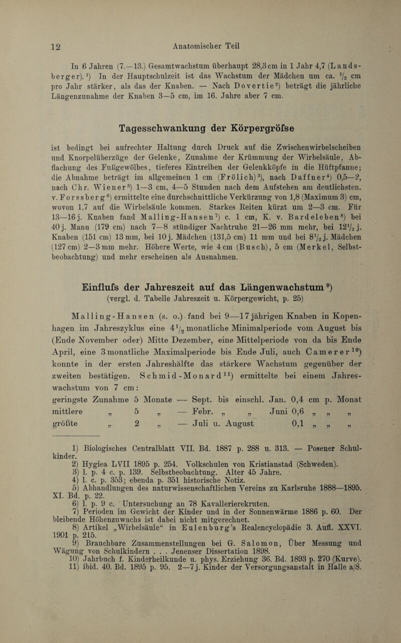 In 6 Jahren (7.—13.) Gesamtwachstum überhaupt 28,3cm in 1 Jahr 4,7 (Lands¬ berger). l) In der Hauptschulzeit ist das Wachstum der Mädchen um ca. V2 cm pro Jahr stärker, als das der Knaben. — Nach Dovertie2) beträgt die jährliche Längenzunahme der Knaben 3—5 cm, im 16. Jahre aber 7 cm. Tagesschwankung der Körpergröfse ist bedingt bei aufrechter Haltung durch Druck auf die Zwischenwirbelscheiben und Knorpelüberzüge der Gelenke, Zunahme der Krümmung der Wirbelsäule, Ab¬ flachung des Fußgewölbes, tieferes Ein treiben der Gelenkköpfe in die Hüftpfanne; die Abnahme beträgt im allgemeinen 1 cm (Frölich)3), nach Daffner4) 0,5—2, nach Ohr. Wiener5) 1—3 cm, 4—5 Stunden nach dem Aufstehen am deutlichsten, v. F o r s s b e r g 6) ermittelte eine durchschnittliche Verkürzung von 1,8 (Maximum 3) cm, wovon 1,7 auf die Wirbelsäule kommen. Starkes Reiten kürzt um 2—3 cm. Für 13—16j. Knaben fand Mailing-Hansen7) c. 1 cm, K. v. Bardeleben8) bei 40 j. Mann (179 cm) nach 7—8 stündiger Nachtruhe 21—26 mm mehr, bei 121/2 j. Knaben (151 cm) 13 mm, bei 10 j. Mädchen (131,5 cm) 11 mm und bei 84/2 j. Mädchen (127 cm) 2—3 mm mehr. Höhere Werte, wie 4 cm (Busch), 5 cm (Merkel, Selbst¬ beobachtung) und mehr erscheinen als Ausnahmen. Einflufs der Jahreszeit auf das Längenwachstum9) (vergl. d. Tabelle Jahreszeit u. Körpergewicht, p. 25) Mailing-Hansen (s. o.) fand bei 9—17jährigen Knaben in Kopen¬ hagen im Jahreszyklus eine 41/0 monatliche Minimalperiode vom August bis (Ende November oder) Mitte Dezember, eine Mittelperiode von da bis Ende April, eine 3 monatliche Maximalperiode bis Ende Juli, auch Garn er er10) konnte in der ersten Jahreshälfte das stärkere Wachstum gegenüber der zweiten bestätigen. Schmid -Monard11) ermittelte bei einem Jahres- wachstum von 7 cm: geringste Zunahme 5 Monate — Sept. bis einschl. Jan. 0,4 cm p. Monat mittlere „ 5 ,, — Febr. „ „ Juni 0,6 „ „ „ größte ,. 2 ,, — Juli u. August 0,1 „ „ „ 1) Biologisches Centralblatt VII. Bd. 1887 p. 288 u. 313. — Posener Schul¬ kinder. 2) Hygiea LVII 1895 p. 254. Volkschulen von Kristianstad (Schweden). 3) 1. p. 4 c. p. 139. Selbstbeobachtung. Alter 45 Jahre. 4) 1. c. p. 353; ebenda p. 351 historische Notiz. 5) Abhandlungen des naturwissenschaftlichen Vereins zu Karlsruhe 1888—1895. XI. Bd. p. 22. 6) 1. p. 9 c. Untersuchung an 78 Kavallerierekruten. 7) Perioden im Gewicht der Kinder und in der Sonnenwärme 1886 p. 60. Der bleibende Höhenzuwachs ist dabei nicht mitgerechnet. 8) Artikel „Wirbelsäule“ in Eulenburg’s Realencyclopädie 3. Aufl. XXVI. 1901 p. 215. 9) Brauchbare Zusammenstellungen bei G. Salomon, Über Messung und Wägung von Schulkindern . . . Jenenser Dissertation 1898. 10) Jahrbuch f. Kinderheilkunde u. phys. Erziehung 36. Bd. 1893 p. 270 (Kurve). 11) ibid. 40. Bd. 1895 p. 95. 2—7j. Kinder der Versorgungsanstalt in Halle a/S.