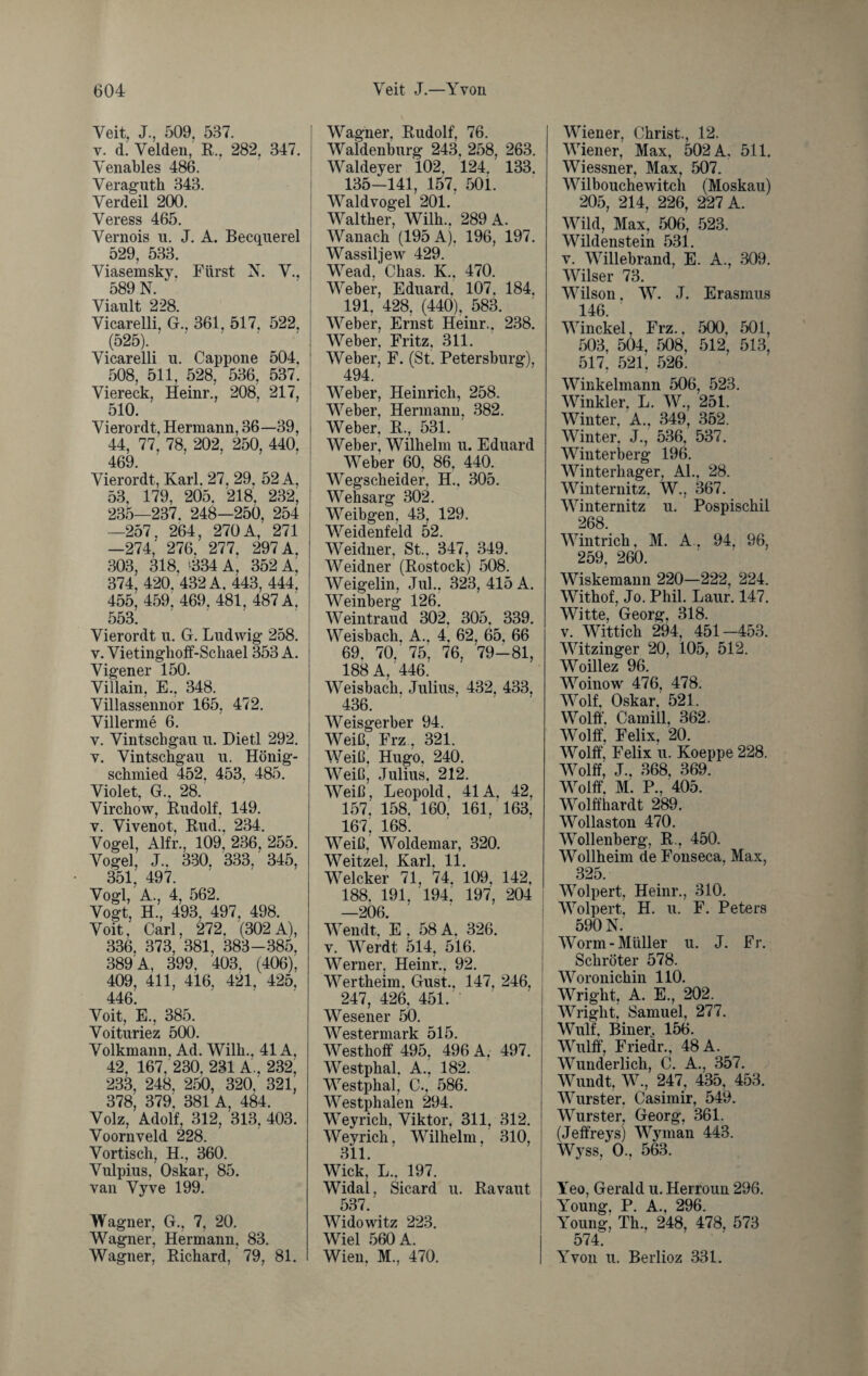 Veit, J., 509. 537. y. d: Velden, R., 282, 347. Venables 486. Veraguth 343. Verdeil 200. Veress 465. Vernois u. J. A. Becquerel 529, 533. Viasemsky. Fürst N. V., 589 N. Viault 228. Vicarelli, G., 361. 517. 522. (525). Vicarelli u. Cappone 504, 508, 511, 528, 536, 537. Viereck, Heinr., 208. 217, 510. Vierordt, Hermann, 36—39, 44, 77. 78, 202, 250, 440. 469. Vierordt, Karl. 27. 29, 52 A, 53, 179, 205, 218. 232, 235—237. 248—250, 254 —257, 264, 270 A, 271 —274, 276, 277, 297 A, 303, 318, '334 A, 352 A, 374, 420. 432 A, 443, 444; 455, 459, 469, 481, 487 A. 553. Vierordt u. G. Ludwig 258. y. Vietinghoff-Schael 353 A. Vigener 150. Villain, E., 348. Villassennor 165, 472. Villerme 6. v. Vintschgau u. Dietl 292. y. Vintschgau u. Hönig- schmied 452. 453, 485. Violet, G.. 28. Virchow, Rudolf, 149. v. Vivenot, Rud., 234. Vogel, Alfr., 109, 236, 255. Vogel, J., 330. 333. 345, 351, 497. Vogl, A., 4, 562. Vogt, H., 493, 497, 498. Voit, Carl, 272. (302 A), 336, 373, 381, 383-385, 389 A, 399, 403, (406). 409, 411, 416, 421, 425. 446. Voit, E., 385. Voituriez 500. Volkmann. Ad. Willi.. 41A, 42, 167. 230, 231 A., 232, 233, 248, 250, 320. 321, 378, 379. 381 A, 484. Volz, Adolf, 312, 313, 403. Voornveld 228. Vortisch, H., 360. Vulpius, Oskar, 85. van Vyve 199. Wagner, G., 7, 20. Wagner, Hermann, 83. Wagner, Richard, 79, 81. Wagner, Rudolf, 76. Waldenburg 243. 258, 263. Waldeyer 102. 124. 133. 135-141, 157, 501. Waldvogel 201. Walther, Wilh., 289 A. Wanach (195 A). 196, 197. Wassiljew 429. Wead, Chas. K., 470. Weber, Eduard, 107. 184. 191, 428, (440), 583. Weber, Ernst Heinr., 238. Weber, Fritz, 311. Weber, F. (St. Petersburg), 494. Weber, Heinrich, 258. Weber, Hermann. 382. Weber, R., 531. Weber. Wilhelm u. Eduard Weber 60, 86, 440. Wegscheider, H., 305. Wehsarg 302. Weibgen. 43, 129. Weidenfeld 52. Weidner, St., 347, 349. Weidner (Rostock) 508. Weigelin, Jul., 323, 415 A. Weinberg 126. Weintraud 302, 305. 339. Weisbach. A.. 4. 62, 65, 66 69. 70. 75, 76, 79-81, 188 A, 446. Weisbach. Julius, 432, 433. 436. Weisgerber 94. Weiß, Frz, 321. Weiß, Hugo. 240. Weiß, Julius. 212. Weiß, Leopold, 41A, 42, 157. 158. 160. 161, 163, 167. 168. Weiß. Woldemar, 320. Weitzel, Karl. 11. Welcher 71, 74, 109. 142, 188, 191. 194. 197, 204 —206. Wendt, E , 58 A. 326. v. Werdt 514, 516. Werner, Heinr., 92. Wertheim. Gust.. 147, 246. 247, 426, 451. Wesener 50. Westermark 515. Westhoff 495, 496 A, 497. Westphal. A., 182. Westphal, C., 586. Westphalen 294. Weyrich, Viktor, 311, 312. Weyrich, Wilhelm. 310, 311. Wiek, L., 197. Widal, Sicard u. Ravaut 537. Widowitz 223. Wiel 560 A. Wien, M, 470. Wiener, Christ., 12. Wiener, Max, 502 A, 511. Wiessner, Max, 507. Wilbouchewitch (Moskau) 205, 214, 226, 227 A. Wild, Max, 506, 523. Wildenstein 531. v. Willebrand, E. A., 309. Wilser 73. Wilson. W. J. Erasmus 146. Winckel, Frz., 500, 501, 503, 504, 508, 512, 513, 517. 521, 526. Winkelmann 506, 523. Winkler. L. W., 251. Winter, A., 349, 352. Winter. J., 536. 537. Winterberg 196. Winterhager, AL, 28. Winternitz. W., 367. Winternitz u. Pospischil 268. Wintrich, M. A. 94. 96, 259, 260. Wiskemann 220—222, 224. Withof, Jo. Phil. Laur. 147. Witte, Georg, 318. v. Wittich 294, 451-453. Witzinger 20, 105, 512. Woillez 96. Woinow 476, 478. Wolf. Oskar, 521. Wolff. Camill, 362. Wolff, Felix, 20. Wolff, Felix u. Koeppe 228. Wolff, J.. 368, 369. Wolff, M. P., 405. Wolffhardt 289. Wollaston 470. Wollenberg, R.. 450. Wollheim de Fonseca, Max, 325 Wolpert, Heinr., 310. Wolpert, H. u. F. Peters 590 N. Worm-Müller u. J. Fr. Schröter 578. Woronichin 110. Wright, A. E., 202. Wright. Samuel, 277. Wulf, Biner, 156. Wulff, Friedr., 48 A. Wunderlich, C. A., 357. Wundt, W., 247, 435, 453. Wurster, Casimir, 549. Wurster, Georg, 361. (Jeffreys) Wyman 443. Wyss, 0.. 563. Yeo, Gerald u. Herroun 296. Young. P. A., 296. Young, Th., 248, 478, 573 574. Yvon u. Berlioz 331.