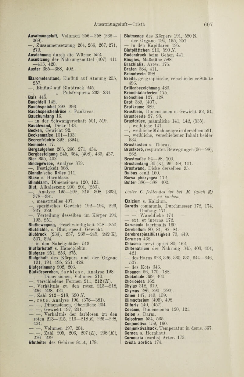 Ausatmungsluft, Volumen 256—258 (266— 268). —. Zusammensetzung 264, 266, 267, 271. 272. Ausdehnung durch die Wärme 552. Ausnützung der Nahrungsmittel (407). 411 —413, 420. Auster 385—388, 402. Barometerstand, Einfluß auf Atmung 255. 257. —, Einfluß auf Blutdruck 245. —, „ „ Pulsfrequenz 233. 234. Bafs 445. Bauchfell 142. Bauchspeichel 292, 293. Bauchspeicheldrüse s. Pankreas. Bauchumfang 16. — in der Schwangerschaft 501, 519. Bauchwand, Dicke 143. Becken, Gewicht 92. Beckenmafse 101—103. Beerenfrüchte 392, (394). Beinindex 17. Bergaufgehen 265, 266. 271, 434. Bergbesteigung 245, 364, (408). 433. 437. Bier 395, 402. Bindegewebe, Analyse 379. —, Festigkeit 588. Blandin’sche Drüse 111. Blase s. Harnblase. Blinddarm, Dimensionen 120, 121. Blut, Alkaleszenz 200, 201. (253). —. Analyse 195—202, 219. 308, (333). 378—381. -, menstruelles 497. —. spezifisches Gewicht 192—194. 226, 227, 229. —, Verteilung desselben im Körper 194. 195, 251. Blutbewegung, Geschwindigkeit 248—250. Blutdichte, s. Blut, spezif. Gewicht. Blutdruck (234), 237, 239-245. 242 K). 507, 524. — in den Nabelgefäßen 513. Blutfarbstoff s. Hämoglobin. Blutgase 251, 253. 275. Blutgehalt des Körpers und der Organe 191, 194, 195. 251, 426. Blutgerinnung 202, 203. Blutkörperchen, farblose, Analyse 198. —, — Dimensionen, Volumen 210. —, verschiedene Formen 211. 212 (K). —. Verhältnis zu den roten 213—218. 226—228, 424. —. Zahl 212-218. 590 N. —. rote, Analyse 196, (378—381). -, Dimensionen, Oberfläche 204. -, Gewicht 197. 204. -, Verhältnis der farblosen zu den roten 213—215. 216—218 K. 226—228, 424. -, Volumen 197, 204. -. Zahl 205, 206, 207 (Z). 208 (K), 226—229. Blutleiter des Gehirns 81 A, 178. Blutmenge des Körpers 191, 590 N. — der Organe 194, 195, 251. — in den Kapillaren 195. Blutplättchen 210, 590 Ar. Bodendruck beim Gehen 441. Bougies, Maßstäbe 588. Brachialis. Arter. 175. Braten 384, 411. Branntwein 398. Breite, geographische, verschiedener Städte 496. Brillenbezeichnung 483. Bronchialarterien 175. Bronchien 127, 128. Brot 389, (407). Brotkrume 389. Brustbein, Dimensionen u. Gewicht 92, 94. Brustbreite 97, 98. Brustdrüse, männliche 141, 142, (535). —, weibliche 141. —, weibliche Milchmenge in derselben 531. —, weibliche, verschiedener Inhalt beider 534. Brustkasten s. Thorax. Brustkorb, respirator. Bewegungen (96—98), Brustmafse 94—98, 100. Brustumfang 30 (K), 96—98, 101. Brustwand, Dicke derselben 95. Bulbus oeuli 160. Bursa pharyngea 112. Butter 386-388, 402. Unter C fehlendes ist hei l\ (auch Z) zu suchen. Calcium s. Kalzium. Carotis communis, Durchmesser 172, 174. -, Umfang 171. -, Wanddicke 174. — ext. et interna 172. Caruncula lacrimalis 160. Cerebellum 80, 81, 82, 84. Cerebrospinalflüssigkeit 79, 449. Cerumen 468. Chiasma nervi optici 80, 162. Chlornatrium der Nahrung 345, 403, 404, 421. — des Harns 323, 326, 330, 331, 344—346, 527. — des Kots 346. Choanen 66, 170, 188. Chokolade 399, 400. Chorioidea 162. Chylus 318, 319. Chymus 286, 290, (292). Cilien 147, 149, 159. Climacterium (495), 498. Clitoris 140, (457). Coecum, Dimensionen 120, 121. Colon s. Darm. Colostrum 534, 535. Conjunctiva 159, 160. Conjunktivalsack, Temperatur in dems. 367. Cornea s. Hornhaut. Coronaria (cordis) Arter. 173. Crista aortica 174.