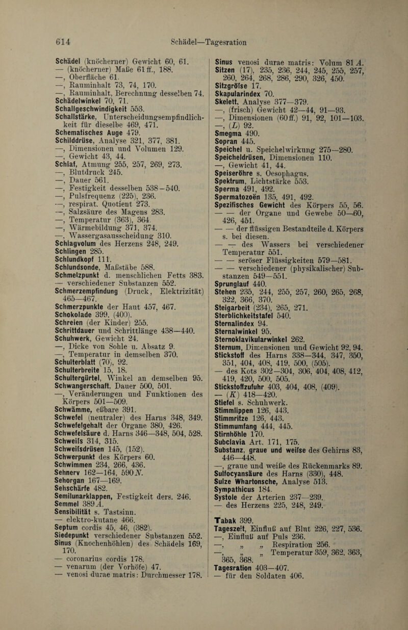 Schädel (knöcherner) Gewicht 60, 61. — (knöcherner) Maße 61 ff., 188. —, Oberffäche 61. —, Rauminhalt 73, 74, 170. —, Rauminhalt, Berechnung desselben 74. Schädelwinkel 70, 71. Schallgeschwindigkeit 553. Schallstärke, Unterscheidungsempfindlich¬ keit für dieselbe 469, 471. Schematisches Auge 479. Schilddrüse, Analyse 321, 377, 381. —, Dimensionen und Volumen 129. —, Gewicht 43, 44. Schlaf, Atmung 255, 257, 269, 273. —, Blutdruck 245. ' —, Dauer 561. —, Festigkeit desselben 538 — 540. —, Pulsfrequenz (225), 236. —, respirat. Quotient 273. —, Salzsäure des Magens 283. —, Temperatur (363), 364. —, Wärmebildung 371, 374. —, Wassergasausscheidung 310. Schlagvolum des Herzens 248, 249. Schlingen 285. Schlundkopf 111. Schlundsonde, Maßstäbe 588. Schmelzpunkt d. menschlichen Fetts 383. — verschiedener Substanzen 552. Schmerzempfindung (Druck, Elektrizität) 465—467. Schmerzpunkte der Haut 457, 467. Schokolade 399, (400). Schreien (der Kinder) 255. Schrittdauer und Schrittlänge 438—440. Schuhwerk, Gewicht 24. —, Dicke von Sohle u. Absatz 9. —, Temperatur in demselben 370. Schulterblatt (70), 92. Schulterbreite 15, 18. Schultergürtel, Winkel an demselben 95. Schwangerschaft, Dauer 500, 501. —, Veränderungen und Funktionen des Körpers 501—509. Schwämme, eßbare 391. Schwefel (neutraler) des Harns 348, 349. Schwefelgehalt der Organe 380, 426. Schwefelsäure d. Harns 346—348, 504, 528. Schweifs 314, 315. Schweifsdrüsen 145, (152). Schwerpunkt des Körpers 60. Schwimmen 234, 266, 436. Sehnerv 162—164, 590V. Sehorgan 167—169. Sehschärfe 482. Semilunarklappen, Festigkeit ders. 246. Semmel 389 A. Sensibilität s. Tastsinn. — elektro-kutane 466. Septum cordis 45, 46, (382). Siedepunkt verschiedener Substanzen 552. Sinus (Knoehenhöhlen) des Schädels 169, 170. — coronarius cordis 178. — venarum (der Vorhöfe) 47. — venosi durae matris: Durchmesser 178. Sinus venosi durae matris: Volum 81A. Sitzen (17), 235, 236, 244, 245, 255, 257, 260, 264, 268, 286, 290, 326, 450. Sitzgröfse 17. Skapularindex 70. Skelett, Analyse 377—379. —, (frisch) Gewicht 42—44, 91—93. —, Dimensionen (60 ff.) 91, 92, 101—103. — (L) 92. Smegma 490. Sopran 445. Speichel u. Speichelwirkung 275—280. Speicheldrüsen, Dimensionen 110. —, Gewicht 41, 44. Speiseröhre s. Oesophagus. Spektrum, Lichtstärke 553. Sperma 491, 492. Spermatozoen 135, 491, 492. Spezifisches Gewicht des Körpers 55, 56. -der Organe und Gewebe 50—60, 426, 451. -der flüssigen Bestandteile d. Körpers s. bei diesen. — — des Wassers bei verschiedener Temperatur 551. — — seröser Flüssigkeiten 579—581. -verschiedener (physikalischer) Sub¬ stanzen 549—551. Sprunglauf 440. Stehen 235, 244, 255, 257, 260, 265, 268, 322, 366, 370. Steigarbeit (234), 265, 271. Sterblichkeitstafel 540. Sternalindex 94. Sternalwinkel 95. Sternoklavikularwinkel 262. Sternum, Dimensionen und Gewicht 92, 94. Stickstoff des Harns 338—344, 347, 350, 351, 401, 408, 419, 500, (505). — des Kots 302-304, 306, 404, 408, 412, 419, 420, 500, 505. Stickstoffzufuhr 403, 404, 408, (409). — {K) 418-420. Stiefel s. Schuhwerk. Stimmlippen 126, 443. Stimmritze 126, 443. Stimmumfang 444, 445. Stirnhöhle 170. Subclavia Art. 171, 175. Substanz, graue und weifse des Gehirns 83, 446—448. —, graue und weiße des Rückenmarks 89. Sulfocyansäure des Harns (330), 448. Sülze Whartonsche, Analyse 513. Sympathicus 184. Systole der Arterien 237—239. — des Herzens 225, 248, 249. Tabak 399 Tageszeit, Einfluß auf Blut 226, 227, 536. —, Einfluß auf Puls 236. —, „ „ Respiration 256. —, „ „ Temperatur 359, 362, 363, 365, 368. Tagesration 403—407. — für den Soldaten 406.
