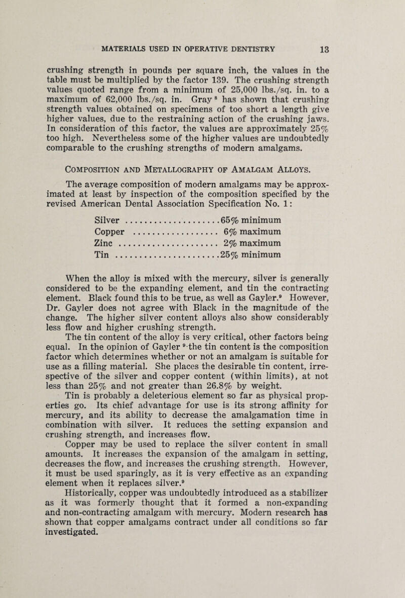 crushing strength in pounds per square inch, the values in the table must be multiplied by the factor 139. The crushing strength values quoted range from a minimum of 25,000 lbs./sq. in. to a maximum of 62,000 lbs./sq. in. Gray 8 has shown that crushing strength values obtained on specimens of too short a length give higher values, due to the restraining action of the crushing jaws. In consideration of this factor, the values are approximately 25% too high. Nevertheless some of the higher values are undoubtedly comparable to the crushing strengths of modern amalgams. Composition and Metallography of Amalgam Alloys. The average composition of modern amalgams may be approx¬ imated at least by inspection of the composition specified by the revised American Dental Association Specification No. 1: Silver .65% minimum Copper . 6% maximum Zinc . 2% maximum Tin .25% minimum When the alloy is mixed with the mercury, silver is generally considered to be the expanding element, and tin the contracting element. Black found this to be true, as well as Gayler.9 However, Dr. Gayler does not agree with Black in the magnitude of the change. The higher silver content alloys also show considerably less flow and higher crushing strength. The tin content of the alloy is very critical, other factors being equal. In the opinion of Gayler 9 the tin content is the composition factor which determines whether or not an amalgam is suitable for use as a filling material. She places the desirable tin content, irre¬ spective of the silver and copper content (within limits), at not less than 25% and not greater than 26.8% by weight. Tin is probably a deleterious element so far as physical prop¬ erties go. Its chief advantage for use is its strong affinity for mercury, and its ability to decrease the amalgamation time in combination with silver. It reduces the setting expansion and crushing strength, and increases flow. Copper may be used to replace the silver content in small amounts. It increases the expansion of the amalgam in setting, decreases the flow, and increases the crushing strength. However, it must be used sparingly, as it is very effective as an expanding element when it replaces silver.9 Historically, copper was undoubtedly introduced as a stabilizer as it was formerly thought that it formed a non-expanding and non-contracting amalgam with mercury. Modern research has shown that copper amalgams contract under all conditions so far investigated.