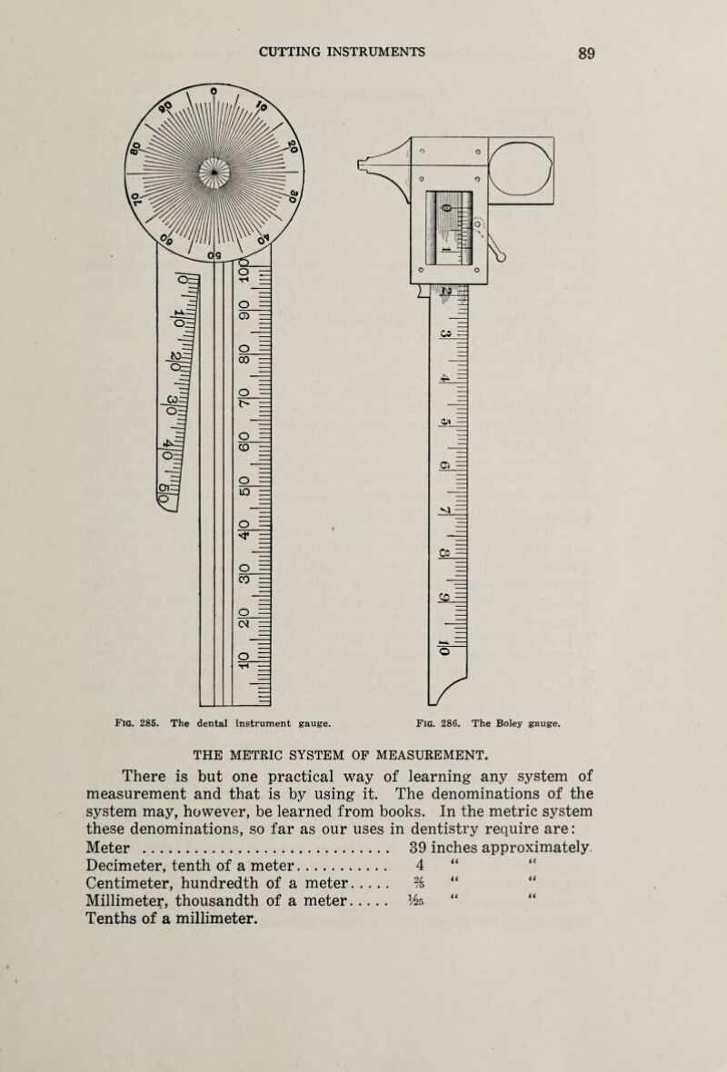 THE METRIC SYSTEM OF MEASUREMENT. There is but one practical way of learning any system of measurement and that is by using it. The denominations of the system may, however, be learned from books. In the metric system these denominations, so far as our uses in dentistry require are: Meter . 39 inches approximately Decimeter, tenth of a meter. 4 “ Centimeter, hundredth of a meter. % “ Millimeter, thousandth of a meter. Hs Tenths of a millimeter.