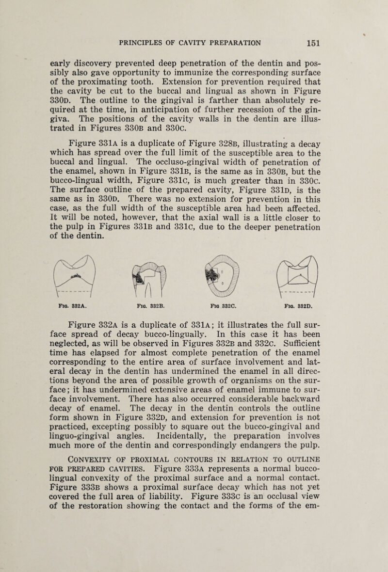 early discovery prevented deep penetration of the dentin and pos¬ sibly also gave opportunity to immunize the corresponding surface of the proximating tooth. Extension for prevention required that the cavity be cut to the buccal and lingual as shown in Figure 330d. The outline to the gingival is farther than absolutely re¬ quired at the time, in anticipation of further recession of the gin¬ giva. The positions of the cavity walls in the dentin are illus¬ trated in Figures 330b and 330c. Figure 331a is a duplicate of Figure 328b, illustrating a decay which has spread over the full limit of the susceptible area to the buccal and lingual. The occluso-gingival width of penetration of the enamel, shown in Figure 331b, is the same as in 330b, but the bucco-lingual width, Figure 331c, is much greater than in 330c. The surface outline of the prepared cavity, Figure 331d, is the same as in 330d. There was no extension for prevention in this case, as the full width of the susceptible area had been affected. It will be noted, however, that the axial wall is a little closer to the pulp in Figures 331b and 331c, due to the deeper penetration of the dentin. Fio. 332A. Fig. 332B. Figure 332a is a duplicate of 331a; it illustrates the full sur¬ face spread of decay bucco-lingually. In this case it has been neglected, as will be observed in Figures 332b and 332c. Sufficient time has elapsed for almost complete penetration of the enamel corresponding to the entire area of surface involvement and lat¬ eral decay in the dentin has undermined the enamel in all direc¬ tions beyond the area of possible growth of organisms on the sur¬ face ; it has undermined extensive areas of enamel immune to sur¬ face involvement. There has also occurred considerable backward decay of enamel. The decay in the dentin controls the outline form shown in Figure 332d, and extension for prevention is not practiced, excepting possibly to square out the bucco-gingival and linguo-gingival angles. Incidentally, the preparation involves much more of the dentin and correspondingly endangers the pulp. Convexity of proximal contours in relation to outline FOR prepared cavities. Figure 333a represents a normal bucco- lingual convexity of the proximal surface and a normal contact. Figure 333b shows a proximal surface decay which has not yet covered the full area of liability. Figure 333c is an occlusal view of the restoration showing the contact and the forms of the em-