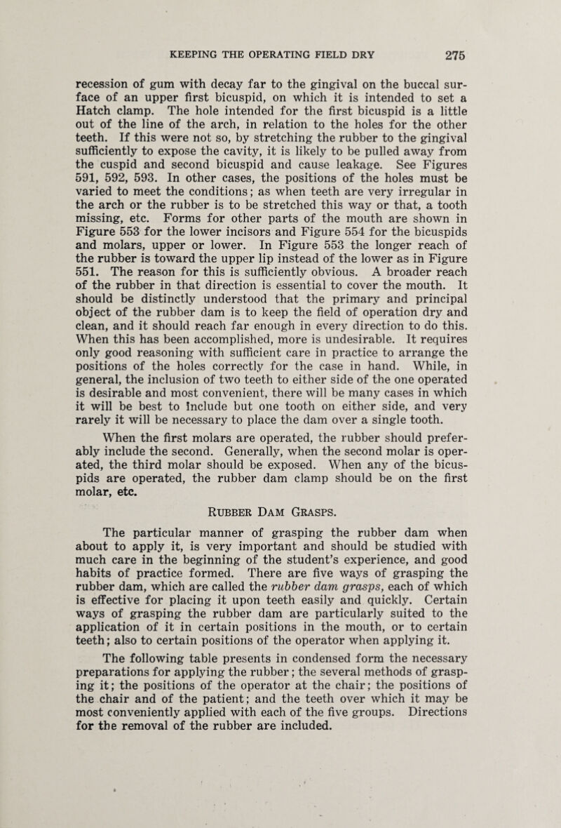 recession of gum with decay far to the gingival on the buccal sur¬ face of an upper first bicuspid, on which it is intended to set a Hatch clamp. The hole intended for the first bicuspid is a little out of the line of the arch, in relation to the holes for the other teeth. If this were not so, by stretching the rubber to the gingival sufficiently to expose the cavity, it is likely to be pulled away from the cuspid and second bicuspid and cause leakage. See Figures 591, 592, 593. In other cases, the positions of the holes must be varied to meet the conditions; as when teeth are very irregular in the arch or the rubber is to be stretched this way or that, a tooth missing, etc. Forms for other parts of the mouth are shown in Figure 553 for the lower incisors and Figure 554 for the bicuspids and molars, upper or lower. In Figure 553 the longer reach of the rubber is toward the upper lip instead of the lower as in Figure 551. The reason for this is sufficiently obvious. A broader reach of the rubber in that direction is essential to cover the mouth. It should be distinctly understood that the primary and principal object of the rubber dam is to keep the field of operation dry and clean, and it should reach far enough in every direction to do this. When this has been accomplished, more is undesirable. It requires only good reasoning with sufficient care in practice to arrange the positions of the holes correctly for the case in hand. While, in general, the inclusion of two teeth to either side of the one operated is desirable and most convenient, there will be many cases in which it will be best to include but one tooth on either side, and very rarely it will be necessary to place the dam over a single tooth. When the first molars are operated, the rubber should prefer¬ ably include the second. Generally, when the second molar is oper¬ ated, the third molar should be exposed. When any of the bicus¬ pids are operated, the rubber dam clamp should be on the first molar, etc. Rubber Dam Grasps. The particular manner of grasping the rubber dam when about to apply it, is very important and should be studied with much care in the beginning of the student’s experience, and good habits of practice formed. There are five ways of grasping the rubber dam, which are called the rubber dam grasps, each of which is effective for placing it upon teeth easily and quickly. Certain ways of grasping the rubber dam are particularly suited to the application of it in certain positions in the mouth, or to certain teeth; also to certain positions of the operator when applying it. The following table presents in condensed form the necessary preparations for applying the rubber; the several methods of grasp¬ ing it; the positions of the operator at the chair; the positions of the chair and of the patient; and the teeth over which it may be most conveniently applied with each of the five groups. Directions for the removal of the rubber are included.