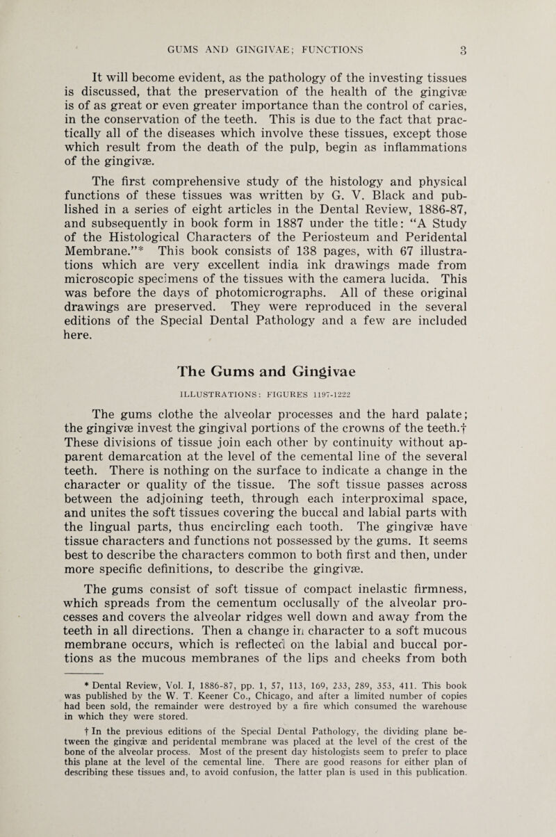 It will become evident, as the pathology of the investing tissues is discussed, that the preservation of the health of the gingivse is of as great or even greater importance than the control of caries, in the conservation of the teeth. This is due to the fact that prac¬ tically all of the diseases which involve these tissues, except those which result from the death of the pulp, begin as inflammations of the gingivse. The first comprehensive study of the histology and physical functions of these tissues was written by G. V. Black and pub¬ lished in a series of eight articles in the Dental Review, 1886-87, and subsequently in book form in 1887 under the title: “A Study of the Histological Characters of the Periosteum and Peridental Membrane.”* This book consists of 138 pages, with 67 illustra¬ tions which are very excellent india ink drawings made from microscopic specimens of the tissues with the camera lucida. This was before the days of photomicrographs. All of these original drawings are preserved. They were reproduced in the several editions of the Special Dental Pathology and a few are included here. The Gums and Gingivae ILLUSTRATIONS: FIGURES 1197-1222 The gums clothe the alveolar processes and the hard palate; the gingivse invest the gingival portions of the crowns of the teeth.f These divisions of tissue join each other by continuity without ap¬ parent demarcation at the level of the cemental line of the several teeth. There is nothing on the surface to indicate a change in the character or quality of the tissue. The soft tissue passes across between the adjoining teeth, through each interproximal space, and unites the soft tissues covering the buccal and labial parts with the lingual parts, thus encircling each tooth. The gingivse have tissue characters and functions not possessed by the gums. It seems best to describe the characters common to both first and then, under more specific definitions, to describe the gingivse. The gums consist of soft tissue of compact inelastic firmness, which spreads from the cementum occlusally of the alveolar pro¬ cesses and covers the alveolar ridges well down and away from the teeth in all directions. Then a change in character to a soft mucous membrane occurs, which is reflected on the labial and buccal por¬ tions as the mucous membranes of the lips and cheeks from both * Dental Review, Vol. I, 1886-87, pp. 1, 57, 113, 169, 233, 289, 353, 411. This book was published by the W. T. Keener Co., Chicago, and after a limited number of copies had been sold, the remainder were destroyed by a fire which consumed the warehouse in which they were stored. t In the previous editions of the Special Dental Pathology, the dividing plane be¬ tween the gingivae and peridental membrane was placed at the level of the crest of the bone of the alveolar process. Most of the present day histologists seem to prefer to place this plane at the level of the cemental line. There are good reasons for either plan of describing these tissues and, to avoid confusion, the latter plan is used in this publication.