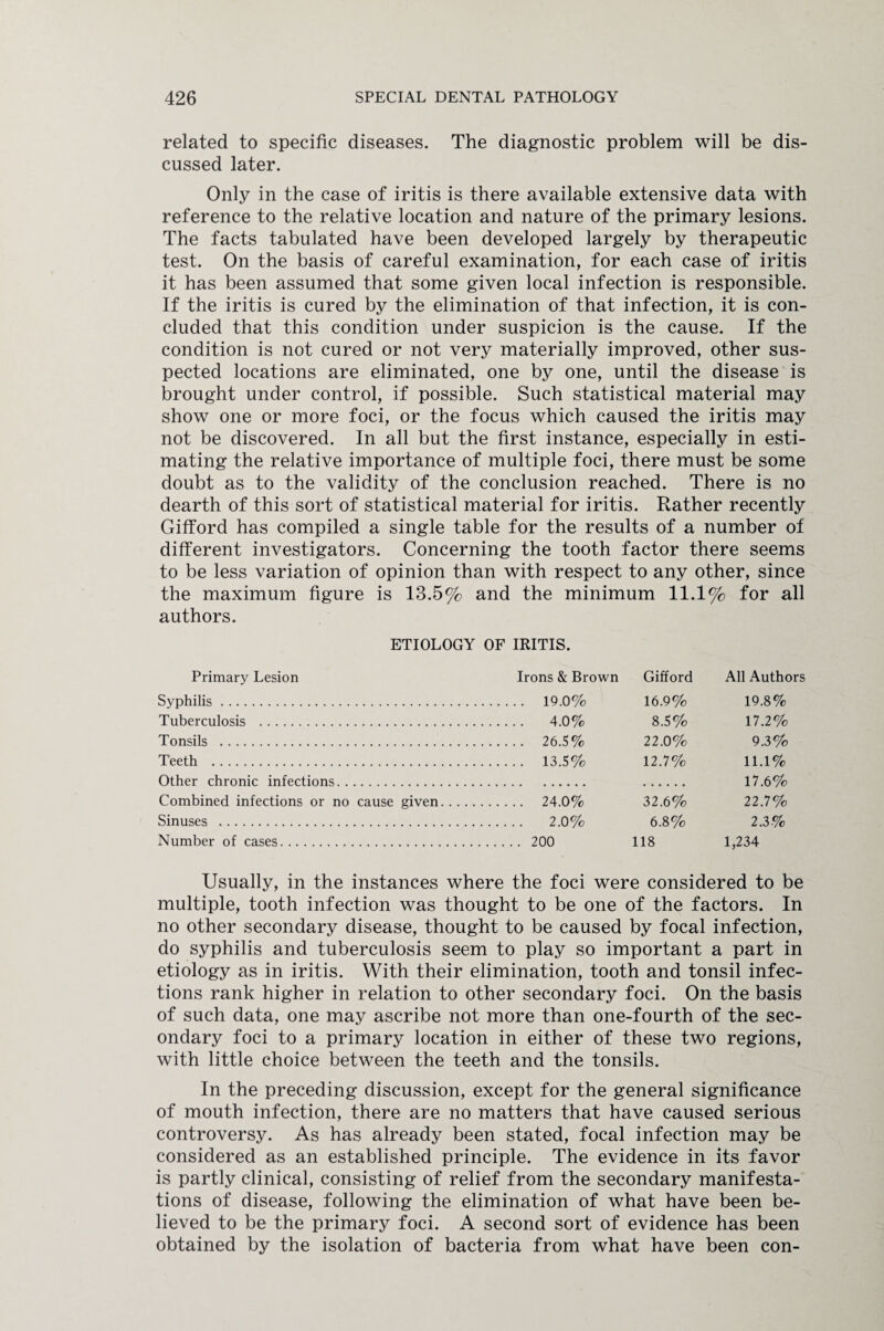 related to specific diseases. The diagnostic problem will be dis¬ cussed later. Only in the case of iritis is there available extensive data with reference to the relative location and nature of the primary lesions. The facts tabulated have been developed largely by therapeutic test. On the basis of careful examination, for each case of iritis it has been assumed that some given local infection is responsible. If the iritis is cured by the elimination of that infection, it is con¬ cluded that this condition under suspicion is the cause. If the condition is not cured or not very materially improved, other sus¬ pected locations are eliminated, one by one, until the disease is brought under control, if possible. Such statistical material may show one or more foci, or the focus which caused the iritis may not be discovered. In all but the first instance, especially in esti¬ mating the relative importance of multiple foci, there must be some doubt as to the validity of the conclusion reached. There is no dearth of this sort of statistical material for iritis. Rather recently Gifford has compiled a single table for the results of a number of different investigators. Concerning the tooth factor there seems to be less variation of opinion than with respect to any other, since the maximum figure is 13.5% and the minimum 11.1% for all authors. ETIOLOGY OF IRITIS. Primary Lesion Irons & Brown Gifford All Authors Syphilis. . 19.0% 16.9% 19.8% Tuberculosis . . 4.0% 8.5% 17.2% Tonsils . . 26.5% 22.0% 9.3% Teeth . . 13.5% 12.7% 11.1% Other chronic infections. 17.6% Combined infections or no cause given. . 24.0% 32.6% 22.7% Sinuses . . 2.0% 6.8% 2.3% Number of cases. . 200 118 1,234 Usually, in the instances where the foci were considered to be multiple, tooth infection was thought to be one of the factors. In no other secondary disease, thought to be caused by focal infection, do syphilis and tuberculosis seem to play so important a part in etiology as in iritis. With their elimination, tooth and tonsil infec¬ tions rank higher in relation to other secondary foci. On the basis of such data, one may ascribe not more than one-fourth of the sec¬ ondary foci to a primary location in either of these two regions, with little choice between the teeth and the tonsils. In the preceding discussion, except for the general significance of mouth infection, there are no matters that have caused serious controversy. As has already been stated, focal infection may be considered as an established principle. The evidence in its favor is partly clinical, consisting of relief from the secondary manifesta¬ tions of disease, following the elimination of what have been be¬ lieved to be the primary foci. A second sort of evidence has been obtained by the isolation of bacteria from what have been con-