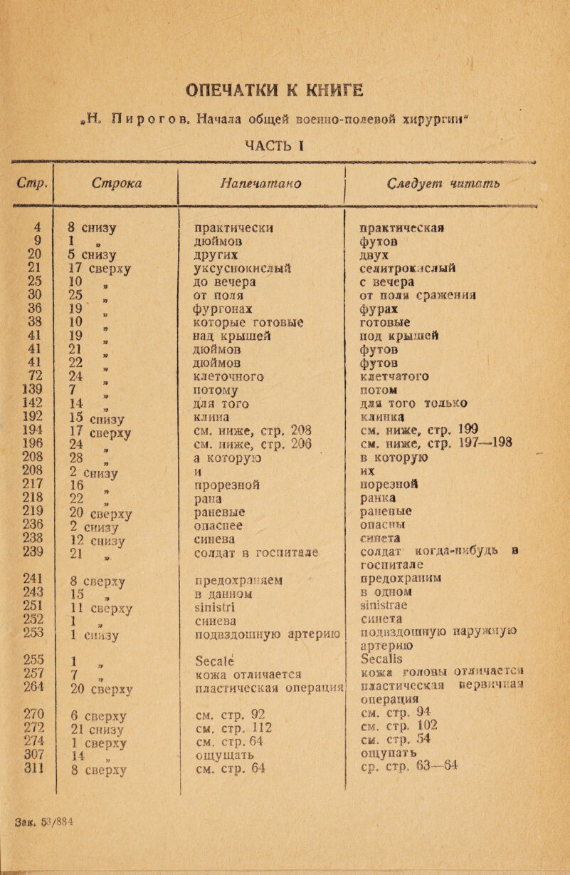 Стр, 4 9 20 21 25 30 36 38 41 41 41 72 139 142 192 194 196 208 208 217 218 219 236 238 239 241 243 251 252 253 255 257 264 270 272 274 307 зп Зш, 53 : >,:*■ -Л',; V ■ л ' ' . '■ Ц ОПЕЧАТКИ К КНИГЕ »Н, Пирогов. Начала общей военно-полевой хирургии® ЧАСТЬ I Строка Напечатано Следует читать 8 снизу практически практическая 1 * дюймов футов 5 снизу других двух 17 сверху уксуснокислый сеяитроклслый 10 » до вечера с вечера 25 „ от поля от поля сражения 19 . фургонах фурах 10 которые готовые готовые над крышей под крышей 21 * дюймов футов 22 Л у-; дюймов футов 24 . клеточного клетчатого 7 потому потом 14 „ для того для того только 15 снизу клина клинка 17 сверху см. ниже, стр. 208 см. ниже, стр, 199 24 . см. ниже, стр. 206 см. ниже, стр. 197—198 23 . а которую в которую 2 снизу и их іб . прорезной норезной 22 , рана ранка 20 сверху раневые раненые 2 снизу опаснее опасны 12 снизу синева сингла 21 . солдат в госпитале солдат' когда-нибудь в госпитале 8 сверху предохраняем предохраним 15 „ в данном в одном 11 сверху 5ІПІ5ІГІ зіпізігае 1 , синева синета 1 Снизу подвздошную артерию подвздошную наружную артерию 1 „ 8есаІё Зесаііэ 7 „ кожа отличается кожа головы отличается 20 сверху пластическая операция пластическая первичная операция 6 сверху см. стр. 92 см. стр, 94 см. стр, 102 21 снизу см. стр, 112 1 сверху см, стр» 64 см. стр, 54 14 й ощущать ощупать ср. стр, оЗ—64