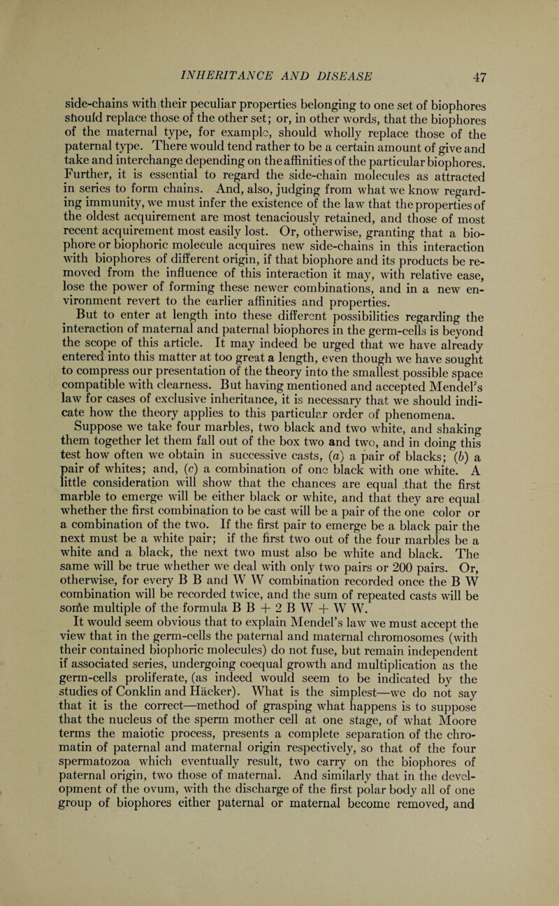 side-chains with their peculiar properties belonging to one set of biophores should replace those of the other set; or, in other words, that the biophores of the maternal type, for example, should wholly replace those of the paternal type. There would tend rather to be a certain amount of give and take and interchange depending on the affinities of the particular biophores. Further, it is essential to regard the side-chain molecules as attracted in series to form chains. And, also, judging from what we know regard¬ ing immunity, we must infer the existence of the law that the properties of the oldest acquirement are most tenaciously retained, and those of most recent acquirement most easily lost. Or, otherwise, granting that a bio- phore or biophoric molecule acquires new side-chains in this interaction with biophores of different origin, if that biophore and its products be re¬ moved from the influence of this interaction it may, with relative ease, lose the power of forming these newer combinations, and in a new en¬ vironment revert to the earlier affinities and properties. But to enter at length into these different possibilities regarding the interaction of maternal and paternal biophores in the germ-cells is beyond the scope of this article. It may indeed be urged that we have already entered into this matter at too great a length, even though we have sought to compress our presentation of the theory into the smallest possible space compatible with clearness. But having mentioned and accepted Mendel's law for cases of exclusive inheritance, it is necessary that we should indi¬ cate how the theory applies to this particular order of phenomena. Suppose we take four marbles, two black and two white, and shaking them together let them fall out of the box two and two, and in doing this test how often we obtain in successive casts, (a) a pair of blacks; (b) a pair of whites; and, (c) a combination of one black with one white. A little consideration will show that the chances are equal that the first marble to emerge will be either black or white, and that they are equal whether the first combination to be cast will be a pair of the one color or a combination of the two. If the first pair to emerge be a black pair the next must be a white pair; if the first two out of the four marbles be a white and a black, the next two must also be white and black. The same will be true whether we deal with only two pairs or 200 pairs. Or, otherwise, for every B B and W W combination recorded once the B W combination will be recorded twice, and the sum of repeated casts will be soihe multiple of the formula BB+2BW + W W. It would seem obvious that to explain Mendel’s law we must accept the view that in the germ-cells the paternal and maternal chromosomes (with their contained biophoric molecules) do not fuse, but remain independent if associated series, undergoing coequal growth and multiplication as the germ-cells proliferate, (as indeed would seem to be indicated by the studies of Conklin and Hacker). What is the simplest—we do not say that it is the correct—method of grasping what happens is to suppose that the nucleus of the sperm mother cell at one stage, of what Moore terms the maiotic process, presents a complete separation of the chro¬ matin of paternal and maternal origin respectively, so that of the four spermatozoa which eventually result, two carry on the biophores of paternal origin, two those of maternal. And similarly that in the devel¬ opment of the ovum, with the discharge of the first polar body all of one group of biophores either paternal or maternal become removed, and