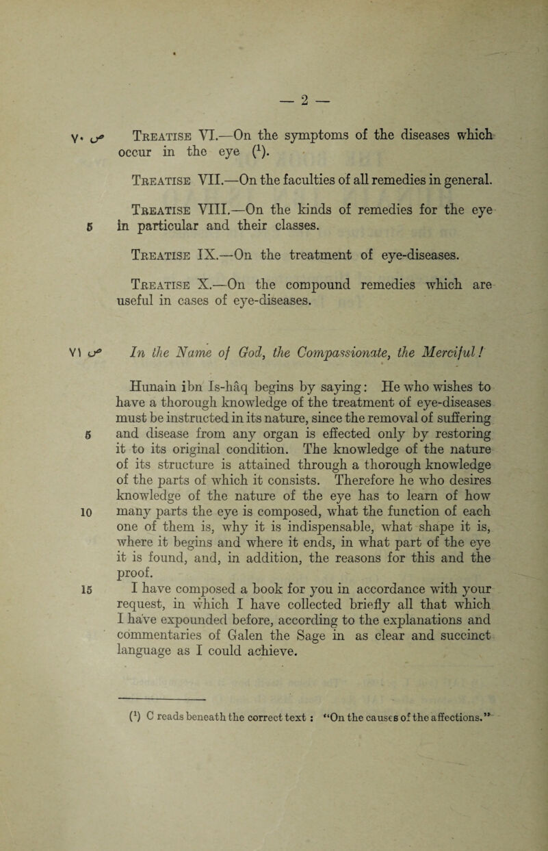 Y« o° Treatise VI.—On the symptoms of the diseases which occur in the eye (1). Treatise VII.—On the faculties of all remedies in general. Treatise VIII.—On the kinds of remedies for the eye 5 in particular and their classes. Treatise IX.—On the treatment of eye-diseases. Treatise X.—On the compound remedies which are useful in cases of eye-diseases. u* In the Name of God, the Compassionate, the Merciful! Hunain ibn Is-haq begins by saying: He who wishes to have a thorough knowledge of the treatment of eye-diseases must be instructed in its nature, since the removal of suffering 5 and disease from any organ is effected only by restoring it to its original condition. The knowledge of the nature of its structure is attained through a thorough knowledge of the parts of which it consists. Therefore he who desires knowledge of the nature of the eye has to learn of how 10 many parts the eye is composed, what the function of each one of them is, why it is indispensable, what shape it is, where it begins and where it ends, in what part of the eye it is found, and, in addition, the reasons for this and the proof. 15 I have composed a book for you in accordance with your request, in which I have collected briefly all that which I have expounded before, according to the explanations and commentaries of Galen the Sage in as clear and succinct language as I could achieve. (b C reads beneath the correct text : “On the causes of the affections.